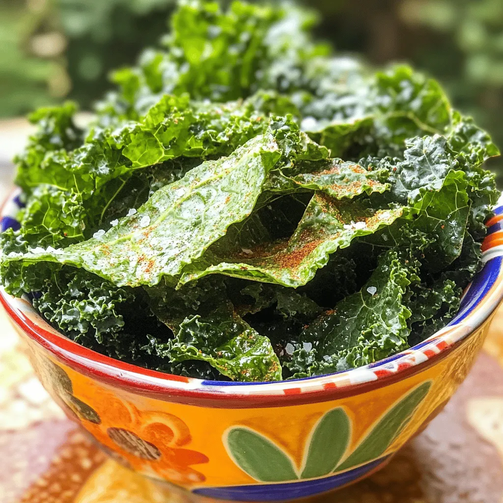 - 1 bunch of fresh kale, stems removed - 2 tablespoons olive oil - 1 teaspoon garlic powder - 1 teaspoon smoked paprika - 1 teaspoon nutritional yeast (optional) - Salt and pepper to taste Kale is a superfood. It is low in calories and high in nutrients. One cup of raw kale has about 33 calories. It offers 2 grams of protein and 1 gram of fiber. This makes it a great snack choice. Kale is a powerhouse of vitamins. It is rich in vitamins A, C, and K. These help with skin, eyes, and blood health. Kale also has antioxidants. Antioxidants fight free radicals in the body. This can lower the risk of diseases. Eating kale can also help with weight loss. It is filling and low in calories. Plus, it can improve digestion due to its fiber content. Try these crispy kale chips for a tasty snack. They are easy to make. You can find the full recipe above. Enjoy the crunch and health benefits! 1. Preheat your oven to 350°F (175°C). This step is crucial for even cooking. 2. Line a baking sheet with parchment paper. This helps with easy cleanup. 3. Remove the stems from the kale. Use your hands to tear the leaves into bite-sized pieces. 1. Place the torn kale leaves in a large bowl. 2. Drizzle two tablespoons of olive oil over the leaves. 3. Add one teaspoon of garlic powder and one teaspoon of smoked paprika. 4. If you like a cheesy flavor, add one teaspoon of nutritional yeast. 5. Sprinkle salt and pepper to taste. 6. Gently massage the kale with your hands for about 2-3 minutes. This helps the leaves get fully coated. 1. Spread the seasoned kale in a single layer on the baking sheet. Avoid overlapping. 2. Bake for 10-15 minutes. Check the edges; they should be crispy and slightly browned. 3. Keep a close eye on the kale to avoid burning. Every oven is different. 4. Once done, take the kale chips out of the oven and let them cool for a few minutes. They will get crunchier as they cool. For the full recipe, you can refer to the earlier sections. Enjoy your crispy kale chips as a tasty snack! To make crispy kale chips, spread them in a single layer on the baking sheet. This helps them bake evenly. If they overlap, some will get soggy. I learned this the hard way! To prevent soggy kale chips, massage the leaves well with oil and spices. This makes them tender but not wet. Always keep an eye on your chips while baking. They can burn fast if left unattended. You can make these chips more exciting by trying different spices. Garlic powder and smoked paprika work well, but don’t stop there! Using different oils can change the taste too. Olive oil gives a nice flavor, but you could try avocado oil for a twist. Don’t be afraid to experiment with your favorites! For the full recipe, check out the details above. {{image_2}} You can change the flavor of your kale chips easily. Try making spicy kale chips. Just add chili powder to your mix. This gives your chips a nice kick. The heat pairs well with the crunchy texture. For a sweeter option, make sweet kale chips. Sprinkle cinnamon on the kale before baking. The warmth of the cinnamon adds a great twist. You can enjoy this version as a snack or dessert. If you want to swap out olive oil, try avocado oil. It has a mild taste and works just as well. You can also use coconut oil for a unique flavor. Just melt it before mixing with the kale. For seasonings, there are many options. Try using lemon zest for a fresh taste. You can also use onion powder or cumin for added depth. Get creative and mix flavors you love! With these variations and substitutions, your crispy kale chips can be fun and tasty every time. Check out the Full Recipe for all the steps and details! To keep your leftover kale chips fresh, store them in an airtight container. This helps keep moisture out. You can use a zip-top bag too. Just make sure to squeeze out any air before sealing. If stored well, your chips can last up to a week. If you place them in the fridge, they may stay crisp for about five days. However, avoid storing them with moisture-rich foods. If your kale chips lose their crunch, don’t worry. You can easily revive them. Preheat your oven to 350°F (175°C). Spread the soggy chips on a baking sheet. Bake for about 5 minutes. Keep an eye on them to prevent burning. This should bring back their crispy texture. Enjoy your kale chips just like fresh! For the full recipe, check out Kale Crunchies . How do you make kale chips crispy? To make kale chips crispy, start with fresh kale. Wash it and dry it well. Remove the thick stems and tear the leaves into bite-sized pieces. Coat the kale with olive oil and seasonings. Massage the leaves to ensure even coverage. Spread them on a baking sheet in a single layer. Bake at 350°F for 10-15 minutes. Watch them closely to avoid burning. Let them cool for extra crunch. Can you make kale chips in an air fryer? Yes, you can make kale chips in an air fryer. Set the air fryer to 300°F. Prepare the kale as you would for baking. Place the kale in the basket in a single layer. Cook for about 5-7 minutes. Shake the basket halfway through cooking to ensure even crisping. This method can give you a great crunch with less oil. Ideas for pairing kale chips with dips or other snacks Kale chips pair well with many dips. Try hummus for a creamy texture. Guacamole adds a fresh, zesty touch. Salsa is great for a spicy kick. You can also enjoy them with a yogurt dip for a cool contrast. Serving them alongside cheese or charcuterie can elevate your snack game. Best drinks to complement kale chips For drinks, try a light herbal tea or sparkling water with lemon. These options enhance the chip's flavors without overpowering them. A crisp white wine can also work well. If you prefer non-alcoholic drinks, opt for a fresh juice or a smoothie. These drinks balance the saltiness of the chips. Recommendations for high-quality store-bought kale chips You can find great store-bought kale chips at health food stores. Look for brands that use fresh ingredients and no preservatives. Some popular options include Rhythm Superfoods and Brad's Plant-Based. Always check the ingredient list for added sugars or unhealthy oils. Brands and health food stores to consider Many local health food stores carry high-quality kale chips. Whole Foods and Trader Joe's often have good selections. You can also find options online. Brands like Kale Krunch and Eat Your Vegetables offer tasty choices. These brands focus on organic ingredients and unique flavors. In this post, I covered how to make crispy kale chips, from ingredients to storage. You learned about the best spices, prep steps, and baking tips to get that crunch. While making these chips, feel free to try different flavors or oils for fun. Store leftovers properly to keep them fresh, and remember to revive any soggy chips. Enjoy your healthy snack! Making kale chips is easy, and they taste great with many dips. Try them out today!