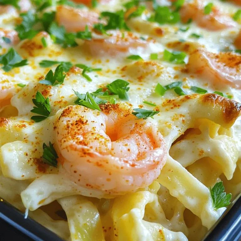 - 1 pound large shrimp, peeled and deveined - 12 ounces fettuccine pasta - 2 tablespoons Cajun seasoning - 2 tablespoons olive oil - 3 cloves garlic, minced - 1 cup heavy cream - 1 cup grated Parmesan cheese - 1 cup shredded mozzarella cheese - 1/2 cup chopped green onions - Salt and pepper to taste - Optional: Fresh parsley for garnish When making Cajun Shrimp Alfredo Bake, fresh ingredients make a big difference. The shrimp adds a juicy flavor, and the cream gives it a rich taste. I love using fettuccine for its wide shape, which holds the sauce well. If you don't have shrimp, you can use chicken or scallops. For a gluten-free option, try rice noodles or gluten-free pasta. If you want a dairy-free version, use coconut cream or almond milk as a substitute for heavy cream. Fresh shrimp is best for flavor and texture. It cooks quickly and stays tender. Frozen shrimp can work if you're in a hurry, but it may lack some taste. If you choose frozen, make sure to thaw it properly before cooking. Prepping the shrimp and vegetables Start by peeling and deveining 1 pound of large shrimp. Rinse them under cold water and pat them dry. Chop 1/2 cup of green onions. Set these aside for later. Cooking the pasta instructions Next, boil water in a large pot. Add 12 ounces of fettuccine pasta and cook according to the package instructions. Aim for al dente, which means it should still have a slight bite. Once done, drain the pasta and set it aside. Sautéing shrimp and adding Cajun seasoning In a large skillet, heat 2 tablespoons of olive oil over medium heat. Add the shrimp, then sprinkle 2 tablespoons of Cajun seasoning, along with salt and pepper. Sauté for about 3 to 4 minutes. The shrimp should turn pink and be cooked through. Remove them from the heat. Making the Alfredo sauce In the same skillet, add 3 cloves of minced garlic. Cook for about 30 seconds until you smell the garlic. Then, pour in 1 cup of heavy cream and bring it to a simmer. Stir in 1 cup of grated Parmesan cheese until it melts and blends into a creamy sauce. If the sauce seems too thick, add a splash of water or more cream. Transferring to a baking dish Combine the cooked fettuccine, sautéed shrimp, and half of the chopped green onions into the skillet with the Alfredo sauce. Mix well to coat everything evenly. Transfer this mixture into a greased baking dish. Top it with 1 cup of shredded mozzarella cheese and the remaining green onions. Baking time and temperature specifics Preheat your oven to 375°F (190°C). Bake the dish for 20 to 25 minutes. Look for the cheese to be bubbly and golden brown. After baking, let it cool for a few minutes before serving. For a great Cajun shrimp Alfredo bake, you need to cook the shrimp just right. Cook them until they turn pink, about 3-4 minutes. Overcooking makes shrimp rubbery. Once they’re done, take them off the heat quickly. Next, focus on your Alfredo sauce. You want it creamy and smooth. Start by simmering the heavy cream gently. When it bubbles, stir in the Parmesan cheese. If it gets too thick, add a splash of water or more cream. This keeps it just the right consistency. To make a complete meal, serve this dish with a simple side salad. A fresh Caesar salad pairs well with the creamy pasta. You can also serve garlic bread for a nice touch. When it comes to drinks, a chilled white wine works best. A Sauvignon Blanc or Chardonnay complements the flavors. If you prefer something non-alcoholic, try a sparkling lemonade. You will need some basic cookware for this recipe. A large skillet is essential for cooking the shrimp and making the sauce. You also need a pot for boiling the fettuccine. A baking dish is key for the final bake. Make sure it’s greased well to avoid sticking. Don’t forget measuring cups and spoons for accuracy. Lastly, a good spatula helps mix everything evenly. For the full recipe, check the [Full Recipe]. {{image_2}} You can easily change the Cajun Shrimp Alfredo Bake to fit your taste. Adding vegetables is a great way to boost flavor and nutrition. Spinach adds a nice color and texture. Bell peppers can give a sweet crunch. You can mix them in when you combine the pasta and sauce. Want some heat? You can add extra spices. Try cayenne pepper or red pepper flakes. Just a little can make a big difference. Adjust to your liking so you get the right kick. If you want to make this dish low-carb, swap out the fettuccine for zucchini noodles or spaghetti squash. Both options keep the flavor while cutting carbs. Pair them with the shrimp and sauce for a tasty meal. For vegetarian or vegan diets, you can replace the shrimp with mushrooms or tofu. Use coconut cream instead of heavy cream. Nutritional yeast can give a cheesy flavor as a substitute for Parmesan cheese. These changes keep the dish hearty and satisfying. Cajun cuisine has many flavors to explore. For an Italian twist, consider using Italian seasoning with the Cajun spices. This mix can create a unique flavor profile that surprises your taste buds. You can also play around with other Cajun influences. Try adding andouille sausage for more depth. A touch of Cajun hot sauce can also enhance the dish. These adjustments bring a fresh take to the classic recipe. For the full recipe, refer to the section above. To keep your Cajun Shrimp Alfredo Bake fresh, store it in the fridge. Use an airtight container to prevent moisture loss. It is best to refrigerate it within two hours of cooking. This helps keep flavors intact and stops bacteria from growing. If you want to freeze it, wait for it to cool down. Then, place portions in freezer-safe bags or containers. Remove as much air as possible. This helps avoid freezer burn. When it’s time to enjoy leftovers, you can reheat them in the oven or microwave. The oven gives the best results. Preheat it to 350°F (175°C). Place the dish in a baking pan with a bit of water. Cover it with foil to keep it moist. Bake for about 20 minutes or until hot. If you use the microwave, put the food in a microwave-safe bowl. Heat it in 30-second bursts, stirring in between. This helps keep the texture creamy. In the fridge, the Cajun Shrimp Alfredo Bake lasts about three days. After that, the quality drops. Look for signs of spoilage. If it smells off or has changed color, it’s best to toss it. When frozen, it can last up to three months. Just be sure to check for freezer burn before cooking. Always trust your senses; if it seems off, don’t eat it. Enjoy your meal safely! What can I use instead of heavy cream? If you want to skip heavy cream, use half-and-half. It works well for a lighter sauce. You can also use coconut milk for a dairy-free option. This will add a nice flavor twist. How do I make the dish spicier? To add more heat, mix in extra Cajun seasoning. You can also add diced jalapeños or crushed red pepper flakes. Just be careful not to overdo it! Sauce turned out too thick; what to do? If your sauce is too thick, simply add a splash of water or more cream. Stir it in until you reach the right consistency. It should be creamy but not gluey. Shrimp became rubbery during cooking; how to avoid it? To keep shrimp tender, don’t cook them too long. They need only a few minutes until pink. Also, remove them from heat right away to prevent overcooking. How many servings does this recipe yield? This recipe yields about four servings. It’s perfect for a small family dinner or a cozy gathering. Can I double the recipe for larger gatherings? Yes, you can easily double the recipe. Just make sure to use a larger baking dish. This way, everyone can enjoy a hearty serving of Cajun Shrimp Alfredo Bake. This post shared a tasty Cajun shrimp fettuccine recipe. You learned about the key ingredients, how to prepare and cook them, and tips for best results. Substitutions and variations make the dish fit many diets and preferences. Remember to store leftovers properly and reheat them with care. Enjoy creating this dish and impress your friends and family. With practice, you will master it in no time. Happy cooking!