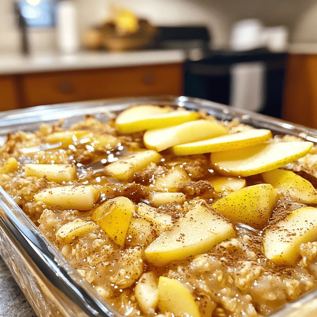 To make a delicious Apple Cinnamon Oatmeal Bake, you need a few simple ingredients. Here’s what you will gather: - 2 cups rolled oats - 2 cups almond milk (or milk of your choice) - 2 medium apples, peeled, cored, and diced - 1/2 cup brown sugar (or maple syrup for a healthier option) - 1 teaspoon ground cinnamon - 1/2 teaspoon nutmeg - 2 tablespoons coconut oil, melted - 1 teaspoon vanilla extract - 1/2 cup chopped walnuts or pecans (optional) - 1/4 teaspoon salt - 1 egg (or flax egg for a vegan option) These ingredients create a hearty and flavorful dish. Rolled oats form the base, giving it texture. Apples add sweetness and moisture. Cinnamon and nutmeg give warm spice notes. Coconut oil helps bind the mix and adds a rich flavor. Feel free to add nuts for crunch or use maple syrup instead of sugar. This recipe is flexible and perfect for your taste! If you want the full recipe, check out the Apple Cinnamon Oatmeal Bake 🥣 for precise measurements and instructions. - Preheat the oven to 375°F (190°C). - Grease the baking dish with coconut oil. - Combine all ingredients in a mixing bowl. Start by preheating your oven. This step is key to getting that nice golden top. Greasing your baking dish with coconut oil helps the bake not stick. Then, grab a big mixing bowl. Add the rolled oats, almond milk, diced apples, brown sugar, ground cinnamon, nutmeg, melted coconut oil, vanilla extract, and salt. Mix well until everything is combined. If you want extra crunch, toss in some chopped walnuts or pecans. Lastly, whisk your egg or flax egg separately, then add it to the bowl. - Pour mixture into the prepared baking dish. - Spread evenly with a spatula. - Bake until golden and set. Next, pour your oatmeal mix into the greased dish. Use a spatula to spread it out evenly. This helps it bake uniformly. Place it in the preheated oven. Bake for 30 to 35 minutes. You want the top to turn golden and the oatmeal to set. - Cool for 10 minutes before slicing. - Presentation tips for serving. Once it’s done baking, take it out of the oven. Let it cool for 10 minutes before slicing. Cooling helps it firm up. For serving, you can drizzle some maple syrup on top and sprinkle a bit more cinnamon. Add a few apple slices or a dollop of yogurt for a nice touch. Enjoy your warm Apple Cinnamon Oatmeal Bake! - Healthier sweeteners: You can swap brown sugar for maple syrup. This change makes the dish healthier and adds a nice flavor. - Dairy-free options: Instead of almond milk, you can use coconut milk or oat milk. These choices work well and keep it creamy. - Nut alternatives: If you have nut allergies, try sunflower seeds or pumpkin seeds. They add crunch without the nuts. - Ensuring even baking: Make sure to spread the oatmeal mixture evenly in the dish. This helps it cook uniformly. - Testing for doneness: Insert a toothpick in the center. If it comes out clean, your bake is good to go. - Tips for a perfect texture: Let the bake cool for a bit after taking it out. This helps it firm up nicely. - How to elevate presentation: Serve warm and drizzle with maple syrup. Add a sprinkle of cinnamon and a few apple slices on top. - Pairing with toppings: Greek yogurt or a scoop of ice cream can add a creamy touch. You can also use fresh berries for extra color and flavor. {{image_2}} You can change up the flavor by adding other fruits. Bananas and berries work well. You can also try spices like ginger or cloves for a warm kick. These small changes can make your bake unique and fun. To make this dish vegan, simply swap the egg for a flax egg. Mix one tablespoon of ground flaxseed with three tablespoons of water. Let it sit to thicken. For gluten-free options, use certified gluten-free oats. This way, everyone can enjoy this tasty treat. You can turn this oatmeal bake into a quick snack. Just cut it into smaller squares. You can grab a piece on the go! If you want a breakfast option, serve it warm with yogurt or fruit on top. These adjustments make it perfect for any time of day. To store leftovers, let the Apple Cinnamon Oatmeal Bake cool first. Then, cut it into squares. Place the squares in an airtight container. This keeps the dish fresh and tasty. Store it in the fridge for up to five days. The best temperature for the fridge is 40°F (4°C) or lower. You can also freeze portions for later. Cut the baked oatmeal into squares and wrap each piece in plastic wrap. Then place the wrapped pieces in a freezer bag. Be sure to remove as much air as possible. They will stay good for up to three months. To thaw, move a square to the fridge overnight. For reheating, you can use the microwave or bake it until warm. In the fridge, the Apple Cinnamon Oatmeal Bake lasts about five days. If you notice any mold or strange smells, it’s best to throw it away. A good rule is to trust your nose and eyes. If it doesn’t look or smell right, don’t eat it. To make this dish gluten-free, swap rolled oats for certified gluten-free oats. These oats are processed in a way that prevents gluten contamination. Always check the packaging to ensure they are gluten-free. You can use steel-cut oats, but the texture will change. Steel-cut oats need more cooking time. Soak them overnight in liquid before mixing them into the recipe. This will help them soften during baking. To reheat, place the leftovers in the microwave. Heat them for about 30 seconds to 1 minute. You can also warm them in the oven at 350°F (175°C) for about 10-15 minutes. Add a splash of almond milk to keep them moist. Yes! You can prepare it a day ahead. Mix the ingredients and store them in the fridge overnight. In the morning, pour the mixture into the baking dish and bake it fresh. This saves time and makes breakfast easy. To lower the sugar, reduce the brown sugar to 1/4 cup. You can also use ripe bananas or applesauce as natural sweeteners. These options keep the flavor without adding too much sugar. For a full recipe, check the link. This recipe combines rolled oats, fresh apples, and warm spices for a delicious dish. You can enjoy it for breakfast or as a snack. Don't forget the tips on storage and flavor variations to customize your experience. Experiment with different fruits or sweeteners to make it your own. With these steps, you'll create a healthy, satisfying meal that everyone will love. Now it's your turn to try it out!