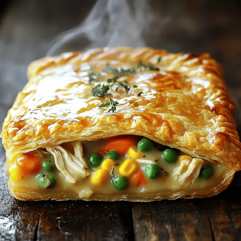To make a great chicken pot pie, you need some key ingredients. Here’s a simple list to follow: - 1 lb (450g) cooked chicken, shredded - 1 cup frozen mixed vegetables (peas, carrots, corn) - 1 cup chicken broth - 1/2 cup heavy cream - 1/2 cup onion, finely chopped - 1 clove garlic, minced - 1 teaspoon dried thyme - 1 teaspoon salt - 1/2 teaspoon black pepper - 1 tablespoon olive oil - 1 pre-made pie crust (or 2 if top crust is desired) - 1 egg, beaten (for egg wash) These ingredients work together to create a warm and cozy dish. The cooked chicken gives you that nice protein base. The frozen mixed vegetables add color and flavor without much fuss. Chicken broth and heavy cream make the filling rich and creamy. Using onion and garlic adds a lovely aroma. Don’t forget the seasonings like thyme, salt, and pepper for that extra kick. Olive oil helps to cook the onion and garlic, making everything taste better. You can use one pie crust on top or two for an extra flaky treat. Lastly, the egg wash gives the crust a shiny, golden look when baked. For the full recipe, check the section below. - Preheat Oven Start by preheating your oven to 425°F (220°C). This high heat helps the crust become crisp and golden. - Cook Onion and Garlic In a large skillet, heat 1 tablespoon of olive oil over medium heat. Add 1/2 cup of finely chopped onion and 1 minced clove of garlic. Cook for about 3-4 minutes until the onion becomes soft and clear. - Combine Ingredients in Skillet Next, stir in 1 pound of shredded cooked chicken, 1 cup of frozen mixed vegetables, 1 cup of chicken broth, and 1/2 cup of heavy cream. Season with 1 teaspoon of dried thyme, 1 teaspoon of salt, and 1/2 teaspoon of black pepper. Let this mix simmer for 5-7 minutes until it thickens a bit, then remove it from the heat. - Fill the Pie Dish with Mixture Transfer the chicken mixture into a pie dish. If you want a top crust, lay the second pie crust over the filling. Seal the edges well and cut a few slits in the top. If using one crust, just place it over the filling and seal the edges. - Top Crust Application Brush the top with a beaten egg for a nice golden finish. This step makes your pot pie look great! - Brush Crust with Egg Wash Take your beaten egg and brush it over the top crust. This adds shine and color as it bakes. - Bake Time and Temperature Place the pot pie in your preheated oven. Bake for 25-30 minutes until the crust is golden brown and the filling bubbles. - Cooling Down Before Serving Once baked, remove the pie from the oven. Let it cool for 10 minutes. This waiting time helps the filling set and makes serving easier. For the full recipe, check the complete instructions above. Enjoy your cooking! How to Thicken the Filling To thicken your chicken pot pie filling, use a simple method. Simmer the mixture longer. This lets the liquid cook down. You can add a bit of flour or cornstarch mixed with water to help too. Stir it in slowly until it thickens. Always stir while cooking to avoid lumps. Proper Pie Crust Handling When working with pie crust, keep it cold. If it warms up, it gets hard to work with. Roll it out on a floured surface. Use a rolling pin for even thickness. Don’t stretch the crust; it will shrink when baking. If your crust cracks, just patch it with extra dough. Recommended Tools and Equipment Use a sturdy skillet for cooking the filling. A pie dish helps shape your pot pie. A rolling pin is key for crust. A whisk works well for mixing in thickening agents. Lastly, a pastry brush is perfect for applying the egg wash. Pairing with Sides Chicken pot pie pairs well with simple side dishes. A fresh green salad adds crunch. Roasted vegetables bring color and flavor. You can also serve it with crusty bread for dipping. Ideal Garnishes Garnish your pot pie with fresh herbs. Chopped parsley or thyme adds color and taste. A sprinkle of black pepper gives it a nice finish. For a fun twist, serve with a dollop of sour cream on the side. For the full recipe, check out Cozy Comfort Chicken Pot Pie. {{image_2}} You can change the protein in your chicken pot pie. Turkey works well if you want a twist. If you prefer vegetarian, try using mushrooms or lentils. Both options give great flavors. You can also swap vegetables. Instead of mixed veggies, use broccoli, green beans, or even sweet potatoes. Each choice adds its own taste and texture to the dish. Adding herbs and spices is a fun way to boost flavor. Try rosemary or parsley for fresh notes. A pinch of cayenne can add a little heat if you like spice. You can also play with the sauce. Instead of chicken broth, use vegetable broth for a lighter taste. Cream of mushroom soup can add depth and creaminess. These changes make your pot pie unique and exciting. For the full recipe, check out the Cozy Comfort Chicken Pot Pie section. To keep your chicken pot pie fresh, start by refrigerating leftovers. First, let it cool at room temperature for about an hour. Then, cover it with plastic wrap or foil. Store it in the fridge for up to three days. This keeps the filling safe and tasty. If you want to save it for longer, freezing is a great option. Wrap the pie tightly in plastic wrap, then in foil. This helps prevent freezer burn. You can freeze it for up to two months. When you’re ready to eat, thaw it in the fridge overnight before reheating. The best way to reheat chicken pot pie is in the oven. Preheat your oven to 350°F (175°C). Place the pie on a baking sheet to catch any drips. Heat for 20 to 25 minutes. This method keeps the crust crisp and the filling warm. To prevent drying out, cover the pie with foil for the first part of reheating. Remove the foil for the last few minutes to crisp up the crust. If you are in a hurry, you can use the microwave. Heat it in short bursts, about one minute at a time. Check often to avoid overcooking. How to make the filling less watery? To make the filling less watery, use less broth. You can also cook it longer to let it thicken. A cornstarch slurry works great too. Mix cornstarch with a little cold water, then stir it in until thickened. Can I use a homemade pie crust? Yes, you can use a homemade pie crust. It adds a personal touch. Just roll it out to fit your pie dish. If you’re short on time, a store-bought crust is a good option too. Is it possible to make it ahead of time? Absolutely! You can make the filling a day early. Store it in the fridge until you are ready to bake. Just add the crust right before baking to keep it fresh. How long does chicken pot pie last in the fridge? Chicken pot pie lasts about 3-4 days in the fridge. Be sure to cover it well. This keeps it fresh and tasty. What can be served alongside chicken pot pie? Great sides include a simple salad, steamed veggies, or mashed potatoes. These add color and balance to the meal. Can I use rotisserie chicken for convenience? Yes, rotisserie chicken is perfect for quick meals. It saves time and still tastes great. Just shred the chicken and mix it in with the other ingredients in the filling. For the full recipe, check out the Cozy Comfort Chicken Pot Pie section. This blog post covered how to make a tasty chicken pot pie. We discussed essential ingredients like chicken, veggies, and broth. I shared step-by-step instructions for preparation and baking. You learned cooking tips for beginners and how to enhance flavors. We also reviewed variations to keep the dish fresh and fun. Lastly, I provided storage techniques to enjoy leftovers. Making chicken pot pie is simple and rewarding. I hope you feel excited to try it for yourself!