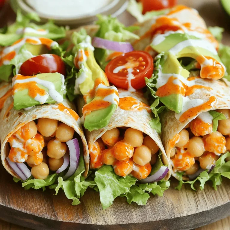 For these wraps, you need simple and tasty items. Here’s a list of what you’ll need: - 1 can (15 oz) chickpeas, drained and rinsed - 1/2 cup buffalo sauce (adjust to taste) - 1 tablespoon olive oil - 1 teaspoon garlic powder - 1 teaspoon onion powder - Salt and pepper to taste - 4 large whole grain wraps or tortillas - 1 cup lettuce, chopped - 1/2 cup cherry tomatoes, halved - 1/4 cup red onion, thinly sliced - 1/2 avocado, sliced - 1/4 cup vegan ranch dressing (optional) These ingredients work well together. The chickpeas give protein, while the buffalo sauce adds a kick. The veggies bring freshness and crunch. If you want to spice things up, consider adding these options: - Fresh cilantro or parsley for garnish - Sliced jalapeños for extra heat - Diced cucumbers for a cool crunch - Vegan cheese for creaminess These add-ins boost flavor and fun. You can mix and match to find your favorite combo. If you need to avoid certain foods, here are some swaps: - Use gluten-free wraps instead of whole grain - Swap chickpeas for lentils if you prefer - Try a different sauce like BBQ for a smoky taste - Replace vegan ranch with tahini for a nutty twist These alternatives help you enjoy the dish while meeting your needs. Remember, cooking is about creativity and taste. You can always make it your own! For the full recipe, check out the details above. First, you need to get your chickpeas ready. Open a can of chickpeas and drain them well. Rinse them under cold water in a strainer. This removes extra salt and makes them cleaner. In a mixing bowl, mash the chickpeas. Use a fork or potato masher. You want them slightly chunky, not smooth. This gives the wraps texture and bite. Now, let’s cook the chickpeas. Heat a skillet over medium heat and add olive oil. Once the oil is hot, add the mashed chickpeas. Sprinkle in the garlic powder, onion powder, salt, and pepper. Stir everything together. Cook for about 5 minutes. You want the chickpeas to heat through. After that, pour in the buffalo sauce. Mix well and let it cook for another 2 to 3 minutes. This blends all the flavors. Once done, remove the skillet from heat. Get your wraps or tortillas ready. Lay them flat on a clean surface. In the center of each wrap, place a generous portion of the buffalo chickpea mixture. Next, top with chopped lettuce, halved cherry tomatoes, thinly sliced red onion, and avocado slices. If you want, drizzle some vegan ranch dressing over the filling for extra flavor. Now, it’s time to wrap them up. Fold in the sides of the wrap. Start rolling from the bottom, making sure to secure all the filling inside. Once rolled, slice the wraps in half diagonally. This makes them easier to eat. For a nice touch, arrange the wraps on a platter. You can add a small bowl of extra buffalo sauce for dipping. Garnish with fresh cilantro or parsley for color. Enjoy your delicious Vegan Buffalo Chickpea Wraps! For the full recipe, check the earlier section. To boost the flavor of your wraps, try adding herbs. Fresh cilantro or parsley adds a nice touch. You can also mix in some lime juice for extra zest. If you like heat, sprinkle on some red pepper flakes. For a smoky flavor, consider adding smoked paprika. Each of these additions will make your wraps burst with flavor. When cooking chickpeas, begin by draining and rinsing them well. This step helps wash away excess sodium and makes your dish healthier. Use a fork or potato masher to mash them slightly. You want them chunky, not smooth. This texture adds depth to your wrap. Cook them on medium heat to avoid burning. Stir often to ensure even cooking and flavor distribution. To make your wraps look appealing, arrange them neatly on a platter. You can slice them in half for a beautiful display. Drizzle some extra buffalo sauce on the side for dipping. This adds color and makes the dish more inviting. A sprinkle of fresh herbs on top can enhance the look even further. Decorative touches make your meal feel special and fun! For more details, check the Full Recipe for Vegan Buffalo Chickpea Wraps. {{image_2}} For those who love heat, adding more hot sauce makes these wraps sing! You can mix in extra buffalo sauce while cooking the chickpeas. This adds spice and flavor. If you're brave, add sliced jalapeños to the wrap. The extra kick will excite your taste buds! If you need gluten-free options, try using rice paper or lettuce leaves. These options keep the meal fresh and light. Look for gluten-free tortillas at your local store. They work great with the buffalo chickpeas. You can enjoy a tasty meal without worry! Want to boost the nutrients? Consider adding spinach, kale, or bell peppers to the wraps. These veggies add color and crunch. You can also sprinkle in some hemp seeds or sunflower seeds. They add a nice nutty flavor and healthy fats. For a creamy touch, try adding avocado or a dollop of vegan yogurt. These add-ins make your meal more filling and fun. Check out the Full Recipe to see how these wraps come together! To keep your leftover wraps fresh, wrap them tightly in plastic wrap or foil. Place them in an airtight container. Store the wraps in the fridge for up to three days. This helps keep the flavors intact. If you want to avoid sogginess, store the filling separately. When you are ready to eat, reheat the wraps in a skillet. Heat over medium-low for about 5 minutes, turning often. This helps the wraps stay crispy. You can also use a microwave. Heat for 30 seconds, then check if they are warm. If not, heat in 15-second bursts until hot. To freeze your wraps, first let them cool completely. Then, wrap each one in plastic wrap. Place the wrapped wraps in a freezer-safe bag. They can stay in the freezer for up to three months. When you are ready to eat, thaw them overnight in the fridge. Reheat as mentioned above for the best taste. For the full recipe, check out the detailed guide on preparing these delicious Vegan Buffalo Chickpea Wraps. Yes, you can use canned chickpeas. They save time and are already cooked. Just drain and rinse them well. This helps remove extra salt. Canned chickpeas work great in this dish. They make the process quick and easy. To make the wrap gluten-free, choose gluten-free tortillas. Many brands offer tasty options. You can also use lettuce leaves as a wrap. This is a great low-carb choice. Just make sure the other ingredients are also gluten-free. Here are some tasty side dishes to pair with your wraps: - Sweet potato fries - Veggie sticks with hummus - Corn on the cob - A fresh green salad These sides add color and texture to your meal. You can adjust the heat of the buffalo sauce easily. Use less sauce for a milder flavor. Add more sauce for extra heat. You can also mix in some maple syrup for sweetness. This balances the spice and makes it more enjoyable. You learned how to make vegan buffalo chickpea wraps with simple steps. We covered key ingredients, tips for flavor, and great variations. Remember to store leftovers properly for the best taste later. Feel free to swap ingredients based on what you have at home. Enjoy crafting your wraps and making them your own! It's easy, fun, and super tasty.
