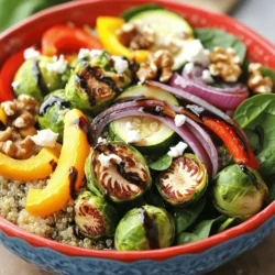 Choosing the right veggies is key. I love using: - Red bell pepper - Yellow bell pepper - Zucchini - Red onion - Brussels sprouts These vegetables bring color and nutrition to the bowl. They roast perfectly together, creating a tasty mix. The magic of flavor comes from simple seasonings. You need: - 3 tablespoons balsamic vinegar - 2 tablespoons olive oil - 1 teaspoon garlic powder - 1 teaspoon dried oregano - Salt and pepper to taste - Optional toppings: ½ cup feta cheese, crumbled; ¼ cup walnuts, chopped Balsamic vinegar adds a sweet tang. Olive oil helps the veggies roast nicely. Garlic powder and oregano boost the flavor. For a hearty meal, choose a base. I often use: - Quinoa or brown rice These grains add fiber and protein. They make the bowls filling and nutritious. You can find the full recipe to learn how to combine all these ingredients perfectly. - Preheat your oven to 425°F (220°C). This high heat helps the veggies caramelize. - In a large bowl, combine the sliced red and yellow bell peppers, diced zucchini, red onion wedges, and halved Brussels sprouts. Add olive oil, balsamic vinegar, garlic powder, oregano, salt, and pepper. Toss well until the veggies are coated. - Spread the vegetable mixture evenly on a large baking sheet. Lining it with parchment paper helps with easy cleanup. - Roast the veggies in your preheated oven for 20-25 minutes. Stir them halfway through to ensure even cooking. You want them to be tender and caramelized for the best flavor. - While your veggies roast, cook quinoa or brown rice according to package instructions. This will be the base of your bowl. - Once the veggies are done, remove them from the oven. Let them cool slightly. - In a bowl, layer the cooked quinoa or rice first. Add a generous portion of the roasted vegetables. Then, top it with fresh spinach. If you like, sprinkle crumbled feta cheese and chopped walnuts for extra flavor and crunch. - Drizzle a bit more balsamic vinegar on top if you want an extra kick. Feel free to check the Full Recipe for more details. Enjoy your nutritious and tasty Balsamic Roasted Veggie Bowl! To ensure even cooking, cut your vegetables into similar sizes. This helps them cook at the same rate. Spread them out on the baking sheet without crowding. If they touch, they steam instead of roast. Stir them halfway through to get all sides nice and crispy. To achieve caramelization, use high heat. Roasting at 425°F (220°C) works great. The sugar in the veggies will brown and create a sweet flavor. Keep an eye on them to avoid burning. Add more herbs and spices to boost the flavor. Try adding rosemary or thyme for a fresh taste. A pinch of red pepper flakes can add heat if you like spice. Don't be afraid to experiment until you find your favorite mix. For alternative vinegar options, try apple cider vinegar or red wine vinegar. Each will change the taste a bit, but they will still taste good. Just make sure to keep the same amount as the balsamic vinegar in the recipe. For a beautiful presentation, serve the bowls in deep, colorful dishes. This makes the colors of the veggies pop. Garnish with extra spinach leaves on top. A drizzle of balsamic vinegar adds a nice touch. Pair your veggie bowls with proteins for a complete meal. Grilled chicken or chickpeas work well. This makes the dish more filling and adds more flavors to enjoy. Check the [Full Recipe] for more details on making these delicious bowls! {{image_2}} You can change up the veggies in your Balsamic Roasted Veggie Bowls. Seasonal options work great! Try using: - Sweet potatoes - Eggplant - Carrots - Cauliflower - Broccoli These add different colors and flavors. If you have dietary needs, you can substitute vegetables too. For example, if you don’t like Brussels sprouts, use green beans instead. Making this dish vegan is easy. Just skip the feta cheese. You can also use nutritional yeast for a cheesy flavor without dairy. If you want gluten-free options, use quinoa or brown rice as your base. Both are tasty and safe for gluten-free diets. Want a kick? Add some spice! A pinch of cayenne pepper or red pepper flakes can heat things up. For sweetness, try adding a drizzle of honey or maple syrup. Both can balance the tang of balsamic vinegar. Feel free to get creative with what you add. The fun part of cooking is making it your own. For more tips, check out the Full Recipe! To keep your Balsamic Roasted Veggie Bowls fresh, put them in an airtight container. This helps keep moisture out. Place the container in the fridge. Your leftovers will last about 3 to 5 days. If you want to store them longer, freezing is a good option. Just make sure to use freezer-safe bags or containers. You can enjoy them for up to 3 months when frozen. When you are ready to eat your leftovers, you can reheat them easily. If you want the best taste, use the oven. Preheat it to 350°F (175°C). Spread the veggies on a baking sheet and warm for about 10-15 minutes. This method keeps them crispy. If you’re in a hurry, use the microwave. Place the veggies in a microwave-safe bowl and cover it with a lid. Heat for about 1-2 minutes, checking often. The shelf life of your Balsamic Roasted Veggie Bowls depends on how you store them. In the fridge, they stay fresh for 3 to 5 days. If you freeze them, they last up to 3 months. After this time, the taste and texture might change. Always check for any signs of spoilage before eating. This way, you ensure your meal is safe and tasty. To make Balsamic Roasted Veggie Bowls, you start by roasting fresh vegetables. First, preheat your oven to 425°F (220°C). Then, mix sliced bell peppers, diced zucchini, onion wedges, and halved Brussels sprouts in a large bowl. Add olive oil, balsamic vinegar, garlic powder, oregano, salt, and pepper. Toss until all veggies are coated. Next, spread the mixture on a baking sheet and roast for 20-25 minutes. While roasting, cook quinoa or brown rice. Once done, layer the cooked grain with the roasted veggies and fresh spinach. Top with feta cheese and walnuts for crunch. For the full recipe, check out the detailed instructions. Yes, you can use many different vegetables. Some great options include carrots, sweet potatoes, or asparagus. You can also try eggplant, mushrooms, or broccoli. Seasonal veggies work well too! Just remember to cut them into similar sizes for even cooking. These veggie bowls are tasty on their own but pair nicely with proteins. Grilled chicken, shrimp, or tofu are excellent choices. You can also serve a side salad or some crusty bread. Try adding a light vinaigrette for an extra flavor boost! Leftovers from Balsamic Roasted Veggie Bowls last about 3-4 days in the fridge. Store them in an airtight container to keep them fresh. You can also freeze them for up to three months. Just make sure to thaw before reheating. Absolutely! You can prep the veggies and store them in the fridge for up to two days before roasting. Cook the grains ahead too. Just assemble the bowls right before serving for the best taste and texture. This makes it easy for busy weekdays! Balsamic roasted veggie bowls are simple, tasty, and versatile. We covered ingredients, step-by-step instructions, and tips to elevate your dish. You can mix and match veggies to fit your diet. Also, try different toppings or bases like quinoa or rice. Make this meal ahead and enjoy easy leftovers. With these tips, your bowls will impress. Enjoy making and sharing this healthy recipe!