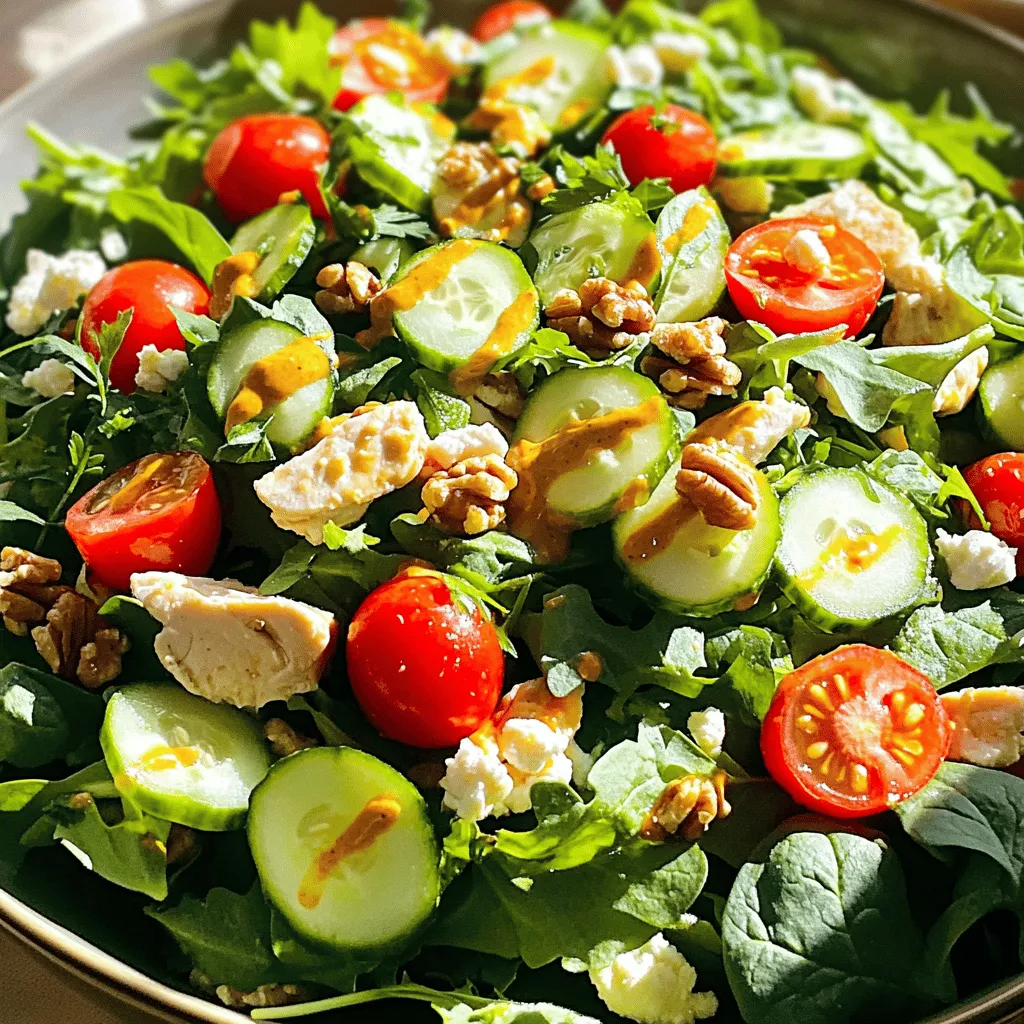 - 2 cups cooked chicken breast, diced - 4 cups mixed greens (spinach, arugula, and romaine) - 1 cup cherry tomatoes, halved - 1/2 cucumber, sliced - 1/4 red onion, thinly sliced - 1/2 cup walnuts, toasted - 3 tablespoons honey - 3 tablespoons Dijon mustard - 2 tablespoons olive oil - Salt and pepper to taste - Optional: fresh herbs for garnish The key to a great Honey Mustard Chicken Salad lies in the balance of flavors. The cooked chicken breast adds protein and heartiness. I love using mixed greens like spinach, arugula, and romaine. They create a colorful base that’s crunchy and fresh. Cherry tomatoes bring a sweet burst to each bite. For extra crunch, I add sliced cucumber and thinly sliced red onion. Toasted walnuts give that delightful nutty flavor. You can also sprinkle some feta cheese on top for creaminess. For the dressing, I mix honey and Dijon mustard for a sweet and tangy flavor. Olive oil adds richness, while salt and pepper enhance everything. Fresh herbs can elevate the dish and bring a pop of color. I suggest you check out the Full Recipe for detailed steps and tips. - Combine the chicken, mixed greens, tomatoes, cucumber, and onion in a large bowl. This mix gives you a bright and tasty base. The colors make your salad fun to eat. - Whisk together honey, mustard, olive oil, salt, and pepper in a small bowl. This dressing adds a sweet and tangy twist that makes each bite special. - Drizzle the dressing over the salad mixture and toss gently. Make sure everything gets a nice coating. This step makes the flavors blend well. - Top with walnuts and feta cheese, then incorporate gently. The nuts add crunch, and the cheese brings creaminess. Each bite has a fun texture. - Garnish with fresh herbs. This adds a pop of color. You can use parsley or basil for a fresh touch. - Serve in a large bowl or plate individually. For extra flair, drizzle a little more dressing on top. This makes the salad look as good as it tastes. This honey mustard chicken salad makes a wholesome and flavorful meal. You can find the complete recipe in the Full Recipe section. To make the best honey mustard dressing, you need the right balance of sweet and tangy. Use three tablespoons each of honey and Dijon mustard. This mix brings a lovely flavor to your salad. I recommend brands like Grey Poupon or Maille for their strong taste. They add a nice kick that works great with the honey. To keep your salad crisp, don’t over-dress it. Start with a small amount of dressing and add more if needed. This way, every bite stays fresh. Use fresh, crunchy greens like spinach, arugula, and romaine. They add color and crunch, making your salad feel light and tasty. Adding fruits can really boost your salad's flavor. I love using diced apples or dried cranberries for a sweet touch. They pair well with the honey mustard dressing. For the chicken, season it well with salt and pepper before cooking. You can also add herbs like thyme or rosemary for extra taste. These small steps make a big difference in flavor. For the full recipe, check out Honey Mustard Chicken Salad! {{image_2}} For those who need gluten-free meals, swap in gluten-free Dijon mustard. Ensure your other ingredients are also gluten-free. You can use quinoa or brown rice in place of chicken for a hearty vegan option. Instead of feta cheese, try using a nut-based cheese for creaminess without dairy. Want a kick? Use a spicy honey mustard dressing. Just mix in some hot sauce or chili flakes. You can also add different nuts or seeds for extra crunch. Try sunflower seeds or almonds for a tasty twist. You can change your salad with seasonal fruits and veggies. In spring, add fresh peas or radishes. In summer, try ripe peaches or strawberries. In fall, use apples or roasted pumpkin. The key is to use what’s fresh and available. This keeps your salad exciting all year round. To keep your honey mustard chicken salad fresh, store the salad and dressing separately. This prevents sogginess. Use an airtight container for the salad. The dressing can go in a small jar. In the fridge, the salad lasts about three days. If you want to enjoy it longer, freeze the chicken separately. When reheating chicken, aim for a gentle heat. Use a microwave or a skillet. Add a little water or broth to keep it moist. Avoid high heat, as this dries chicken out quickly. Only reassemble your salad just before serving. This keeps the greens crisp and fresh. You can freeze honey mustard chicken salad, but it’s best to freeze components. The chicken can freeze well in a zip-top bag. The greens and dressing do not freeze well. For best results, freeze chicken and use fresh greens later. This way, you enjoy a fresh salad anytime! To make honey mustard dressing, mix three tablespoons of honey and three tablespoons of Dijon mustard. Add two tablespoons of olive oil. Whisk until smooth. You can adjust the sweetness by adding more honey. This simple recipe brings a sweet and tangy flavor that elevates your salad. Yes, you can use leftover chicken for this salad. Just dice it and add it to the mix. You can also add leftover veggies like bell peppers or carrots. This not only saves food but adds great taste and texture to the salad. This salad pairs well with a variety of sides. Consider serving it with: - Garlic bread - Quinoa salad - Roasted vegetables - Fresh fruit salad These sides balance the salad's flavors and make for a complete meal. Yes, this salad is healthy. It is packed with nutrients from the mixed greens and veggies. Chicken provides protein, while walnuts add healthy fats. Honey and mustard offer flavor without excessive calories. Eating this salad supports a balanced diet. You can prepare this salad in advance. Just keep the dressing separate until serving. This helps maintain the salad's freshness and crunch. Store the salad in an airtight container in the fridge for up to two days. You can use grilled or roasted chicken for this salad. Grilled chicken adds a smoky flavor, while roasted chicken is tender and juicy. Both options work well and make the salad more satisfying. Just ensure the chicken is cooked and cooled before adding it to the mix. For more information, check the Full Recipe for Honey Mustard Chicken Salad. This blog post covered how to make a delicious Honey Mustard Chicken Salad. We explored fresh ingredients, a simple dressing, and easy steps for preparation. You learned ways to customize the salad to fit your needs. Remember to store leftovers correctly and enjoy this dish any time. It’s healthy, tasty, and adaptable for any season. Enjoy your culinary adventure and make this salad your own!