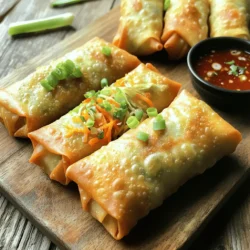 - 1 cup shredded cabbage - 1 cup shredded carrots - ½ cup bean sprouts - ¼ cup green onions, chopped - 1 clove garlic, minced - 1 tablespoon soy sauce - 1 teaspoon sesame oil - Cooking spray - 1 package egg roll wrappers - Optional: Sweet chili sauce for dipping Gathering fresh ingredients is key for great taste. I love using a mix of veggies. Shredded cabbage adds crunch. Shredded carrots bring sweetness. Bean sprouts give a nice texture. Green onions add a punch of flavor. Don't forget the garlic, which boosts everything! For seasoning, soy sauce and sesame oil work wonders. They add savory notes that make each bite delicious. A little cooking spray helps the egg rolls crisp up in the air fryer. Finally, grab a package of egg roll wrappers. They hold everything together. If you like some heat, sweet chili sauce makes a great dip. This simple list gets you ready to make easy air fryer veggie egg rolls. For the full recipe, check out the recipe section above! Sautéing the Vegetables Start by heating a large skillet over medium heat. Add a splash of water to the skillet. Next, toss in the shredded cabbage, carrots, bean sprouts, minced garlic, and chopped green onions. Sauté the mix for about 5-7 minutes. You want the veggies to soften just a bit. This step helps bring out their flavors. Adding Soy Sauce and Sesame Oil Now, stir in the soy sauce and sesame oil. Cook this mixture for one more minute. This will blend the flavors nicely. Once done, remove the skillet from heat and let it cool for a few minutes. Cooling helps when you fill the wrappers later. Shaping the Wrappers Grab an egg roll wrapper and lay it flat on a clean surface. Make sure one corner points toward you. Place about 2 tablespoons of the veggie filling in the center of the wrapper. Sealing Techniques Fold the corner closest to you over the filling. Tuck it in tightly. Then, fold in the left and right corners. Finally, roll it away from you. Use a little water to seal the edge if needed. Repeat this step with the remaining wrappers and filling. Preheating the Air Fryer Preheat your air fryer to 375°F (190°C). This step is key to getting the egg rolls crispy. While the fryer heats, lightly spray the egg rolls with cooking spray. This helps them brown nicely. Cooking and Flipping Place the egg rolls in a single layer in the air fryer basket. If needed, cook in batches. Cook them for 8-10 minutes, flipping halfway through. You’ll know they're done when they turn golden brown and crispy. Enjoy these tasty treats warm! For a fun twist, serve them with sweet chili sauce on the side. For the full recipe, check out the detailed instructions above. To make your veggie egg rolls crispy, use cooking spray. This small step helps achieve that golden, crunchy outside. Spray each egg roll lightly before placing them in the air fryer. Set your air fryer to 375°F (190°C). This temperature works best for cooking the egg rolls evenly. Cooking at the right heat keeps the filling warm while crisping the outer layer. If you want to prep ahead, chill the filling. Let it cool down before wrapping. This prevents soggy wrappers and gives a nice texture. To freeze, wrap the egg rolls tightly in plastic wrap. Place them in an airtight container or freezer bag. They can stay fresh for up to three months. For dipping, pair your egg rolls with sweet chili sauce. This sauce adds a nice sweet and spicy kick that complements the veggies. You can also serve them with a fresh salad or steamed rice. These sides balance the meal and add more flavors. Enjoy your healthy treat! {{image_2}} You can customize your veggie egg rolls in many ways. Try adding mushrooms or bell peppers for extra taste. Mushrooms give a nice earthy flavor. Bell peppers add a sweet crunch. Both mix well with the other veggies. You can also incorporate tofu for protein. Tofu absorbs flavors and makes the filling hearty. Just ensure to press it to remove extra liquid. This will help it blend nicely into the mix. If you need a gluten-free option, rice paper wrappers work great. They are light and crisp up well in the air fryer. Just soak them in warm water for a few seconds before filling. You can also substitute sauces to keep the dish gluten-free. Use tamari instead of soy sauce. It gives a similar taste without gluten. Want some heat? Add chili paste to the filling. This gives your egg rolls a spicy kick that many love. You can also serve them with a spicy dipping sauce. A mix of soy sauce and sriracha creates a bold flavor. These spicy options can elevate your egg rolls to a new level. For the full recipe, check out the main section. To keep your leftover veggie egg rolls fresh, store them in an airtight container. This helps prevent them from drying out. Place a paper towel in the container to absorb extra moisture. This keeps your egg rolls crunchy. To reheat, use your air fryer. Set it to 375°F (190°C). Heat for about 5 minutes. This brings back their crispiness. You can also use a microwave, but they may lose their crunch. If using a microwave, heat for 30 seconds at a time. You can freeze egg rolls before cooking. Lay them on a baking sheet in a single layer. Freeze for about 1 hour until firm. Then, transfer them to a freezer bag. This prevents them from sticking together. To cook from frozen, don’t thaw them first. Preheat your air fryer to 375°F (190°C) and cook for 10-12 minutes. Flip halfway through for even cooking. This way, you enjoy a hot snack anytime! In the fridge, veggie egg rolls last for about 3-4 days. Make sure to check them often. If they look or smell bad, it’s best to toss them. Signs of spoilage include a soggy wrapper, off smell, or discoloration. If you see any of these, do not eat them. Always trust your senses when it comes to food safety! To make egg rolls in an air fryer, follow these steps: - Prepare the filling: Sauté cabbage, carrots, bean sprouts, garlic, and green onions. - Add flavor: Mix in soy sauce and sesame oil, then cool the mixture. - Assemble the rolls: Place the filling on the wrapper, fold, and seal. - Air fry: Preheat the air fryer to 375°F (190°C). Spray the rolls with oil. - Cook: Place in a single layer and cook for 8-10 minutes, flipping halfway. For the best results, make sure you preheat your air fryer. This helps the egg rolls get that perfect crispy texture. Lightly spraying oil on the rolls also boosts crispiness, so don’t skip it! Absolutely! You can switch up the vegetables based on your taste. Here are some ideas: - Mushrooms add an earthy flavor. - Bell peppers bring sweetness and color. - Tofu can add protein and a different texture. Changing the filling alters the flavor, making it fun to experiment. Just remember to chop the veggies small for even cooking! If your egg rolls are soggy, there are a few common issues: - Not enough oil: Make sure to spray the rolls lightly. - Overcrowding the basket: Leave space for air to circulate. - Skipping preheating: Always preheat your air fryer for the best crisp. These steps are key to achieving that satisfying crunch. Enjoy your crispy air fryer veggie egg rolls! For the full recipe, check the earlier section. In this guide, we explored how to make tasty egg rolls from scratch. You learned about the key ingredients, step-by-step instructions, and tips for perfect results. Remember, experimenting with fillings or sauces can add fun twists. Keep your air fryer at the right temperature for that ideal crunch. Whether you enjoy them fresh or freeze for later, these egg rolls are sure to impress. Now, get cooking and enjoy every bite!