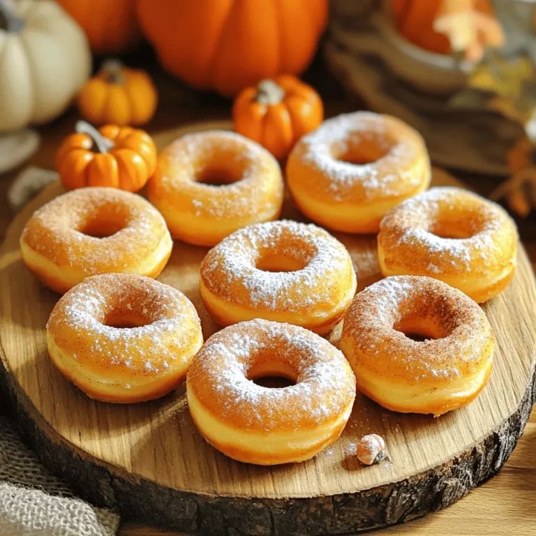 To make these tasty baked pumpkin spice donuts, you will need: - 1 cup pumpkin puree (canned or freshly made) - 2 cups all-purpose flour - 1/2 cup granulated sugar - 1/2 cup brown sugar, packed - 2 teaspoons baking powder - 1 teaspoon baking soda - 1 teaspoon ground cinnamon - 1/2 teaspoon ground nutmeg - 1/2 teaspoon ground ginger - 1/4 teaspoon ground cloves - 1/2 teaspoon salt - 2 large eggs - 1/4 cup vegetable oil - 1/4 cup milk - 1 teaspoon vanilla extract These ingredients create a warm, cozy flavor that defines fall. Pumpkin puree adds moisture and a rich taste. The mix of spices brings out the best in every bite. If you do not have an ingredient, here are some easy swaps: - Replace pumpkin puree with applesauce for a different flavor. - Use whole wheat flour instead of all-purpose for added fiber. - Swap granulated sugar with coconut sugar for a lower glycemic index. - Use almond milk or oat milk instead of regular milk for a dairy-free option. - Apples can replace eggs if you want a vegan version. These swaps make the recipe flexible for different diets and tastes. Toppings can elevate your donuts even more. Here are some ideas: - Dust with powdered sugar for a sweet finish. - Coat in cinnamon sugar for a classic touch. - Drizzle with maple syrup for a rich flavor. - Top with a chocolate glaze for a sweet twist. - Add chopped nuts for crunch and texture. Try different toppings to find your favorite way to enjoy these donuts! For the full recipe, look at the main recipe section. Start by preheating your oven to 350°F (175°C). This step is key for even baking. Next, grab your donut pan. Lightly grease it with cooking spray or brush it with oil. This will help the donuts slide out easily once they are done. In a medium bowl, mix together the pumpkin puree, eggs, vegetable oil, milk, and vanilla extract. Stir until all the ingredients blend well. This mixture brings moisture and flavor to the donuts. Use a whisk or a fork for this task. In a separate large bowl, whisk together the all-purpose flour, granulated sugar, brown sugar, baking powder, baking soda, cinnamon, nutmeg, ginger, cloves, and salt. This step ensures the dry ingredients are evenly mixed. The spices add warmth and that classic pumpkin spice flavor. Now, pour the wet mixture into the dry bowl. Mix gently until just combined. A few lumps are fine; do not overmix. Using a piping bag or a resealable plastic bag with one corner snipped off, pipe the batter into the prepared donut pan. Fill each cavity about 2/3 full for the best rise. Place the filled donut pan in the preheated oven. Bake for 12-15 minutes. Check doneness by inserting a toothpick into the center of a donut. If it comes out clean, they are ready. Allow the donuts to cool in the pan for about 5 minutes. Then, transfer them to a wire rack to cool completely. This cooling step keeps them fluffy and prevents sogginess. To get soft and fluffy donuts, use pumpkin puree. It adds moisture and flavor. Mix wet and dry ingredients just until combined. Overmixing leads to tough donuts. Fill the donut pan only two-thirds full, allowing space for rising. Bake until golden and a toothpick comes out clean. One common mistake is overbaking. Keep an eye on the time. Donuts can dry out quickly. Another mistake is measuring flour incorrectly. Use the spoon-and-level method for best results. Don’t skip greasing the pan, or your donuts may stick. Finally, remember, let them cool before frosting. For a fun touch, dust your donuts with powdered sugar or cinnamon sugar. You can also dip them in a simple glaze made from powdered sugar and milk. Serve on a wooden platter with mini pumpkins for a festive look. Enjoy with a hot drink for the perfect fall treat. For the complete recipe, visit the [Full Recipe]. {{image_2}} You can take your pumpkin spice donuts to a new level with a chocolate glaze. Just melt some chocolate chips with a splash of cream. Dip each cooled donut into the warm chocolate. Let the excess drip off, then place them on a rack to set. The rich chocolate flavor pairs well with the warm spices. It adds a sweet touch that kids and adults love. If you need gluten-free donuts, swap the all-purpose flour for a gluten-free blend. Look for a blend that contains xanthan gum. This helps the donuts rise and stay fluffy. Follow the same steps as in the full recipe. You won't miss the gluten; these donuts will still be light and tasty. To make these donuts vegan, replace the eggs with flax eggs. Mix one tablespoon of flaxseed meal with three tablespoons of water for each egg. Allow it to sit until it thickens. Use plant-based milk instead of regular milk. And opt for a vegetable oil that is labeled vegan. These adjustments keep the donuts delicious and friendly for a vegan diet. To keep your baked pumpkin spice donuts fresh, store them in an airtight container. This helps keep them soft. You can leave them at room temperature for up to two days. If you want them to last longer, store them in the fridge. They can stay fresh for about a week when chilled. If you want to save donuts for later, freezing is a great option. First, let the donuts cool completely. Then, wrap each donut in plastic wrap or foil. Place the wrapped donuts in a freezer bag. Squeeze out the air and seal it tight. You can freeze them for up to three months. When you're ready to enjoy, just take out the number you need. To enjoy warm donuts, reheating is easy. You can use a microwave or an oven. For the microwave, heat each donut for about 10-15 seconds. In the oven, preheat it to 350°F (175°C). Place the donuts on a baking sheet and heat for about 5 minutes. This will help them regain their fluffy texture. For a special touch, add a sprinkle of cinnamon sugar after reheating. Baked pumpkin spice donuts stay fresh for about three days. Store them in an airtight container. You can also place a paper towel at the bottom to absorb moisture. This keeps the donuts soft and tasty. Yes, you can use homemade pumpkin puree in this recipe. Just make sure to drain any excess water. This helps maintain the right texture in your donuts. Fresh puree adds a rich flavor that enhances the pumpkin taste. To make donuts crispy, bake them until they are golden brown. Avoid overfilling the donut pan, as this can lead to sogginess. Let them cool on a wire rack to allow steam to escape. You can also dust them with sugar for added crunch. You can find the full recipe for baked pumpkin spice donuts right here. Just check the recipe section above for all the details you need to create these delicious treats! Baked pumpkin spice donuts are delicious and fun to make. We covered the main ingredients, tips for perfect texture, and even variations for different diets. Remember to store leftovers properly to keep them fresh. I hope you feel ready to try these donuts at home. Enjoy the process and the tasty results. Don’t forget to share your creations!