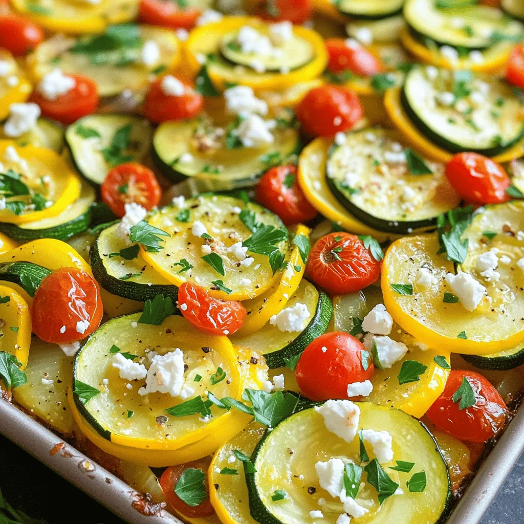 - 2 medium zucchinis, sliced - 2 medium yellow squashes, sliced - 1 red bell pepper, diced - 1 green bell pepper, diced - 1 cup cherry tomatoes, halved - 1 onion, finely chopped - 3 cloves garlic, minced Fresh vegetables make this dish colorful and healthy. Zucchini and yellow squash provide soft textures. Red and green bell peppers add crunch and sweetness. Cherry tomatoes burst with flavor, while onion and garlic bring depth. Using fresh produce ensures better taste and nutrients. - 1 teaspoon dried oregano - 1 teaspoon dried thyme - Salt and pepper to taste - Fresh parsley, chopped (for garnish) Herbs and spices are key to great flavor. Oregano and thyme are classic Mediterranean herbs. They add warmth and earthiness to the bake. Salt and pepper enhance the flavors of the vegetables. Fresh parsley makes a lovely garnish, adding a pop of color. - 1 cup feta cheese, crumbled - 2 tablespoons olive oil Feta cheese adds a creamy and tangy element. It melts slightly during baking, coating the veggies. Olive oil helps the vegetables roast perfectly. It keeps them from sticking and adds richness. You can find these ingredients in most grocery stores. Check the Full Recipe for exact measurements and tips. - Preheat oven to 375°F (190°C). - Grab a large baking dish and add your sliced zucchinis, yellow squashes, diced red and green bell peppers, cherry tomatoes, chopped onion, and minced garlic. This mix brings great color and flavor. - Drizzle the veggies with 2 tablespoons of olive oil. - Sprinkle 1 teaspoon of dried oregano, 1 teaspoon of dried thyme, salt, and pepper over the top. - Gently toss everything together. Make sure the oil and seasonings coat all the veggies well. - Cover the baking dish with aluminum foil. Bake for 25 minutes. - After 25 minutes, take off the foil. This helps the top get a nice, golden color. - Bake for an additional 15 minutes until the vegetables are tender. - Once done, let it cool slightly. Then, garnish with fresh chopped parsley. Enjoy your Mediterranean Squash Bake! For the full recipe, check the details above. For the best taste, use fresh, ripe vegetables. Look for zucchinis and yellow squashes that feel firm. Choose bell peppers that have bright colors and smooth skin. These signs mean the veggies are fresh and full of flavor. When seasoning, less is often more. Start with salt and pepper to bring out the natural taste. Add oregano and thyme for a Mediterranean twist. Sprinkle these herbs evenly over the veggies. It helps each bite burst with flavor. To check for tenderness, use a fork. Insert it into the squash; it should go in easily. If it feels hard, give it more time. You want the veggies soft, not mushy. Avoid overcooking by keeping an eye on the bake time. After 40 minutes, start checking. The top should turn golden. If the veggies begin to brown too much, cover them with foil again. This dish pairs well with many options. Serve it with grilled chicken or fish for a complete meal. You can also enjoy it with a fresh salad. Mediterranean Squash Bake works as a main or side dish. Serve it hot to let the flavors shine. For a special touch, sprinkle more feta cheese on top before serving. Check out the Full Recipe for details on making this delicious dish! {{image_2}} For those who want a vegan dish, you can swap out the feta cheese. Use a plant-based feta or try a cashew cream. This will keep the dish creamy and add flavor. If you need a gluten-free option, you can enjoy this recipe as is. All the ingredients are naturally gluten-free. Just ensure any added products, like bread crumbs, are also gluten-free. Adding different herbs and spices can change the taste. Try basil, rosemary, or even a pinch of red pepper flakes for some heat. Each herb adds a unique twist that brings out the flavors. You can also mix in other vegetables. Consider adding spinach, mushrooms, or even eggplant. Each addition makes the dish more colorful and nutritious. For Mediterranean-style variations, think about adding olives or capers. These ingredients bring a salty kick that pairs well with the squash. You can also draw inspiration from other cuisines. Adding curry powder gives an Indian twist, while a sprinkle of cumin can lend a Middle-Eastern flair. Each of these adds a new layer of flavor to the dish. For the full recipe, check the main article. To store leftovers, let the Mediterranean Squash Bake cool down. Then, cover it tightly with plastic wrap or aluminum foil. You can also use an airtight container. Keep it in the fridge for up to three days. This helps keep the flavors fresh and prevents drying out. To reheat without losing texture, use the oven. Preheat it to 350°F (175°C). Place the bake in an oven-safe dish and cover it with foil. Heat for about 15 to 20 minutes. Check it often to make sure it doesn’t overcook. You can also use the microwave if you're in a hurry. Heat in short bursts and stir in between to warm it evenly. Yes, you can freeze the Mediterranean Squash Bake. To do this, allow it to cool completely. Cut it into portions and place them in freezer-safe bags or containers. Be sure to remove as much air as possible. For best results, eat it within three months. When you're ready to enjoy it, thaw it in the fridge overnight. Reheat it in the oven or microwave as described above. This way, you keep the tasty flavors and textures intact. Mediterranean Squash Bake is a warm, colorful dish. It features fresh vegetables like zucchini, yellow squash, and bell peppers. We also add cherry tomatoes, onion, and garlic for flavor. Feta cheese brings a tangy taste that makes this dish special. You can bake it all in one dish, making it easy to prepare and serve. The blend of herbs like oregano and thyme gives it a delightful Mediterranean flair. You can enjoy it as a main dish or a side. To make Mediterranean Squash Bake vegan, swap the feta cheese for a plant-based alternative. You can use vegan cheese made from nuts or soy. You can also skip the cheese and add more spices for flavor. Nutritional yeast is a great option too; it adds a cheesy taste without dairy. Use olive oil as usual, and all the other veggies stay the same. This way, you keep the dish tasty and satisfying. Mediterranean Squash Bake goes well with many sides. A simple green salad is a great choice. You can toss together mixed greens, cucumbers, and a light vinaigrette. Grilled bread or pita chips also work well. For a heartier option, serve it with quinoa or couscous. These sides complement the flavors of the bake without overpowering them. Yes, you can make Mediterranean Squash Bake ahead of time. Prepare the dish fully, but don’t bake it yet. Cover it and store it in the fridge for up to 24 hours. When you're ready to cook, just pop it in the oven. If you want to save time, you can also chop the veggies a day ahead. This way, you make meal prep easy and quick. Mediterranean Squash Bake can last in the fridge for about 3 to 4 days. Make sure to store it in an airtight container. If you want to keep it fresh longer, cover it tightly with plastic wrap or foil. Always check for any changes in smell or texture before eating. If it looks or smells off, it’s best to discard it. Absolutely! Mediterranean Squash Bake is great for meal prep. You can make a large batch and portion it out. Store it in individual containers for easy grab-and-go meals. It reheats well in the microwave or oven. Just be sure to keep some extra herbs or spices on hand to freshen it up when you reheat. This dish is perfect for busy weeks when you want healthy meals ready to eat. Mediterranean Squash Bake combines fresh veggies, cheese, and spices for a tasty dish. You learned how to layer flavors by combining seasonal vegetables and adding simple seasonings. I shared tips for perfect baking and ideas for variations and substitutions. This recipe is easy to make and great for meal prep or serving a crowd. Enjoy the fresh flavors and feel free to get creative with your own twists!