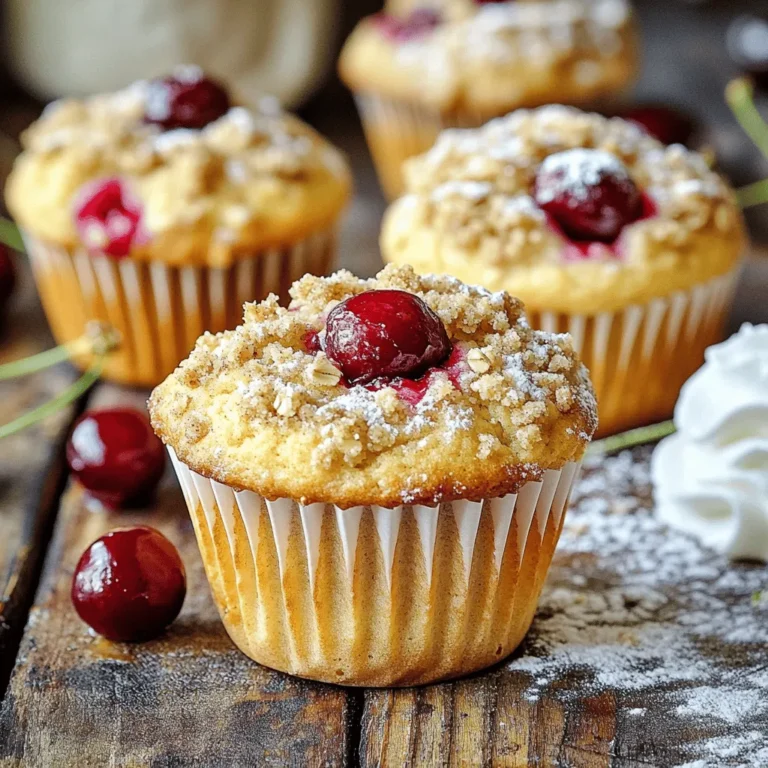 To make Cherry Streusel Muffins, gather these simple ingredients. Each one adds to the flavor and texture. - 1 cup fresh cherries, pitted and halved - 1 ½ cups all-purpose flour - ¾ cup granulated sugar - 2 tsp baking powder - ½ tsp baking soda - ½ tsp salt - ½ cup unsalted butter, melted - 2 large eggs - 1 tsp vanilla extract - ½ cup buttermilk - ½ cup rolled oats - ¼ cup packed brown sugar - 1 tsp cinnamon Using fresh cherries is key. They give the muffins a vibrant color and juicy taste. The flour helps the muffins rise, while sugar balances the tartness of the cherries. Baking powder and baking soda work together to make them fluffy. The melted butter adds richness, and eggs bind everything. Vanilla extract brings a warm flavor, and buttermilk adds moisture. The rolled oats in the streusel topping give a nice crunch, while brown sugar and cinnamon add sweetness and warmth. For the best outcome, measure everything carefully. This recipe yields 12 muffins, perfect for sharing or enjoying throughout the week. For the full recipe, follow the steps outlined in the next section! - Preheat the oven to 375°F (190°C). - Line the muffin tin with paper liners or spray it with non-stick cooking spray. - In a bowl, combine rolled oats, brown sugar, cinnamon, and melted butter. - Mix well until the mixture is crumbly. Set it aside for later. - In a large bowl, whisk together the dry ingredients: flour, granulated sugar, baking powder, baking soda, and salt. - In another bowl, mix the wet ingredients: melted butter, eggs, vanilla extract, and buttermilk until smooth. - Pour the wet mix into the dry mix. Stir gently until just combined. A few lumps are fine. - Fold in the halved cherries carefully. This helps keep them whole. - Divide the batter into the muffin cups, filling each about 2/3 full. - Generously sprinkle the streusel topping over each muffin. - Bake in the preheated oven for 20-25 minutes. They should be golden brown. Use a toothpick to check; it should come out clean. - Let the muffins cool in the pan for 5 minutes. Then, transfer them to a wire rack to cool completely. You can find the full recipe for Cherry Streusel Muffins at the end of this article. To make your Cherry Streusel Muffins perfect, avoid overmixing. This keeps the muffins light and fluffy. Mix just until the dry and wet ingredients blend. It’s okay if some lumps remain. Also, use fresh cherries for the best flavor. They bring a bright taste that frozen cherries can't match. Serve your muffins warm for the best experience. The warmth enhances the flavor and makes them comforting. You can also dust them with powdered sugar for a sweet touch. If you want to go all out, add a dollop of whipped cream. This adds a nice, creamy element to each bite. For great muffins, use a standard muffin tin. A non-stick tin works best for easy removal. Choose mixing bowls that are large and sturdy. This makes mixing easier and helps prevent spills. Having the right equipment makes the baking process smoother and more fun. If you want the full recipe, check out the link provided! {{image_2}} You can switch up the fruit in these muffins. Try using blueberries or raspberries instead of cherries. They add a lovely burst of flavor. If you want to be adventurous, toss in some nuts or chocolate chips. Walnuts or pecans give a nice crunch. Chocolate chips add a sweet touch that kids love. If you follow a gluten-free diet, you can still enjoy these muffins. Use a gluten-free flour mix in place of regular flour. The muffins will taste great and still rise well. For those who prefer vegan options, swap the butter for coconut oil. You can replace the eggs with flaxseed meal mixed with water. This keeps the muffins moist and tasty. To keep your Cherry Streusel Muffins fresh, store them in an airtight container. This helps maintain their moisture and flavor. You can keep them at room temperature for a couple of days. If you want them to last longer, place them in the fridge. Just remember to let them sit at room temperature before eating. This makes them taste better. If you want to save muffins for later, freezing is a great option. To freeze, wrap each muffin in plastic wrap or place them in a freezer bag. Make sure to remove as much air as possible. This helps prevent freezer burn. When you want to enjoy a muffin, take it out of the freezer and let it thaw. The best way to thaw is to leave it on the counter for a few hours. For a warm treat, you can also pop it in the microwave for about 15 seconds. Enjoy your tasty muffins any time! For the full recipe, check the link above. To make Cherry Streusel Muffins gluten-free, use alternative flours. I recommend almond flour or gluten-free all-purpose flour. Be sure to check that the flour blend contains a binding agent, like xanthan gum. This helps hold the muffins together. You might need to adjust the liquid in the recipe slightly, as gluten-free flour can absorb more moisture. Yes, you can use frozen cherries. Just remember to thaw and drain them first. This helps avoid extra moisture in the batter. If you do not thaw them, your muffins might turn out soggy. Frozen cherries may also be a bit softer, so handle them gently when mixing. Cherry Streusel Muffins pair well with a variety of items. Try serving them with butter or cream cheese for extra richness. A side of fresh fruit or yogurt can also complement the muffins nicely. For a drink, enjoy them with coffee or tea. To test if your muffins are done, insert a toothpick into the center. If it comes out clean or with a few crumbs, they are ready. If the toothpick has wet batter on it, bake for a few more minutes. Keep an eye on them to avoid overbaking. You can find the full recipe at the end of the article. You now have a simple way to make delicious Cherry Streusel Muffins. We discussed key ingredients, step-by-step instructions, and helpful tips for perfect muffins. Don’t hesitate to mix in your favorite fruits or make substitutions to fit your needs. Storing and freezing options also ensure you can enjoy these muffins anytime. Feel free to get creative and make them your own. Enjoy baking and savoring these treats!