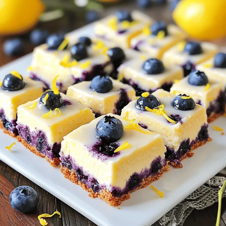 To make Lemon Blueberry Cheesecake Bars, you need fresh ingredients. Each adds flavor and texture. This recipe combines creamy cheese, tart lemons, and sweet blueberries. - 1 ½ cups graham cracker crumbs - ½ cup unsalted butter, melted - 2 cups cream cheese, softened - 1 cup granulated sugar - 2 large eggs - ¾ cup sour cream - Zest of 2 lemons - ½ cup fresh lemon juice - 1 teaspoon vanilla extract - 1 cup fresh blueberries (plus extra for topping) These ingredients create a perfect balance of flavors. The graham cracker crust gives a nice crunch. The cream cheese makes it rich and creamy. The lemon juice and zest add a bright, fresh taste. The blueberries add pops of sweetness. You can find the full recipe above. Start by gathering all your ingredients on the counter. This keeps things easy. I like to measure everything out first. It helps me stay organized. Line your baking pan with parchment paper. Leave some paper hanging over the edges. This will help you lift the bars out later. Preheat the oven to 350°F (175°C) so it’s ready when you are. Mix the graham cracker crumbs and melted butter in a bowl. Stir until it looks like wet sand. Press this mixture into the bottom of your pan. Make sure it is even. Bake the crust for 10 minutes. Let it cool slightly while you prepare the filling. In another large bowl, beat the cream cheese and sugar together. Do this for about 2-3 minutes until smooth. Add the eggs one at a time, mixing well after each. Then, stir in the sour cream, lemon zest, lemon juice, and vanilla extract. Now it's time for the blueberries. Gently fold them into the mix. Be careful not to crush them. Pour this creamy mixture over the cooled crust. Spread it out evenly with a spatula. Bake for 25-30 minutes. The edges should be set, but the middle can still jiggle a bit. When the baking time is up, turn off the oven. Leave the cheesecake bars inside for 1 hour with the door slightly open. This helps them cool slowly and reduces cracks. After that, move the pan to the fridge. Let it chill for at least 4 hours, but overnight is even better. Once it's set, lift the bars out using the parchment overhang. Cut them into squares. Serve them on a white platter with extra blueberries on top. You can also sprinkle some lemon zest for a nice touch. For a little extra sweetness, drizzle with lemon glaze. You can find the full recipe here. Use soft cream cheese for this recipe. Cold cream cheese makes mixing hard. Let it sit at room temperature for about 30 minutes before you start. This helps it blend well with sugar. A smooth batter means a smoother cheesecake. To prevent cracks, do not overmix the batter. Overmixing adds too much air. This can cause the cheesecake to rise and then crack when cooling. Also, let the cheesecake cool slowly. After baking, turn off the oven and leave the door slightly open. This step helps it cool evenly. Serve the lemon blueberry cheesecake bars cold. They taste best when chilled. Cut them into squares and place them on a nice plate. Add fresh blueberries and a sprinkle of lemon zest on top. For a sweet touch, drizzle with a light lemon glaze. Each bite is a burst of flavor! For the full recipe, check out the details above. {{image_2}} You can mix up the flavor by using different fruits. Try raspberries or strawberries for a sweet twist. Peaches or cherries also work well. These fruits pair nicely with the lemon flavor. You can use fresh or frozen fruit, but fresh gives the best taste. Just make sure to adjust the sugar based on the fruit's sweetness. If you want a lighter option, consider using Greek yogurt instead of cream cheese. It gives a nice tang and creamy texture. For a dairy-free choice, use vegan cream cheese made from nuts. You can also blend silken tofu with a bit of lemon juice for a fun twist. Each substitute can change the flavor slightly, so experiment to find your favorite. To make these bars gluten-free, swap regular graham crackers for gluten-free ones. You can also use almond flour mixed with a bit of sugar and coconut oil for a unique crust. Just remember to check that all ingredients are gluten-free. This way, everyone can enjoy these tasty treats without worry. To keep your lemon blueberry cheesecake bars fresh, store them in the fridge. Use an airtight container to prevent them from drying out. Place parchment paper between layers if you stack them. This step helps keep the bars intact and easy to serve later. You can freeze these cheesecake bars for later enjoyment. First, cut them into squares. Wrap each piece tightly in plastic wrap. Then, place them in a freezer-safe bag or container. They can last in the freezer for up to three months. When you’re ready to eat, thaw them in the fridge overnight. If you prefer your cheesecake bars warm, heat them in the oven. Preheat the oven to 300°F (150°C). Place the bars on a baking sheet and cover them with foil. Warm them for about 10 minutes. This method keeps the crust crunchy while softening the filling. Enjoy your delicious treat just the way you like it! For the complete recipe, check the Full Recipe section. You can tell when the cheesecake bars are done by checking the edges. The edges should look set and firm. However, the center should still have a slight jiggle when you gently shake the pan. This means that it will continue to set as it cools. If the edges start to brown, they might be overcooked. Trust your eyes and the jiggle! Yes, you can use frozen blueberries. They work well in this recipe. Just remember to let them thaw and drain any extra liquid first. This helps keep the cheesecake bars from getting too watery. Using frozen blueberries can also add a nice burst of flavor and color. These cheesecake bars can last up to five days in the fridge. Make sure to store them in an airtight container. If you want to keep them longer, you can freeze them. When ready to eat, just thaw them in the fridge overnight. Always enjoy them chilled for the best flavor! This blog post covered a delicious cheesecake bars recipe. We explored ingredients like graham crackers, cream cheese, and fresh blueberries. I shared simple steps for preparation, baking, and cooling to help you succeed. We discussed tips to avoid cracks and offered serving ideas. Remember, you can customize these bars with different fruits and options. Whether you store them in the fridge or freeze them, they stay tasty. Enjoy making these easy cheesecake bars for any occasion!