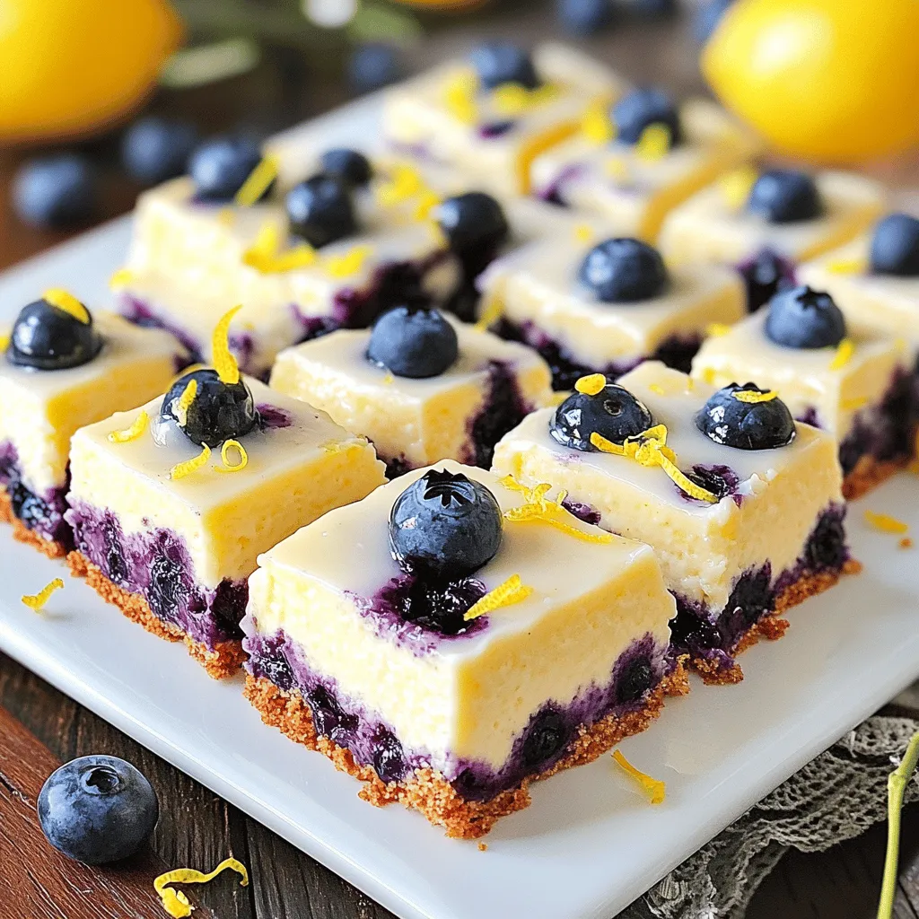 To make Lemon Blueberry Cheesecake Bars, you need fresh ingredients. Each adds flavor and texture. This recipe combines creamy cheese, tart lemons, and sweet blueberries. - 1 ½ cups graham cracker crumbs - ½ cup unsalted butter, melted - 2 cups cream cheese, softened - 1 cup granulated sugar - 2 large eggs - ¾ cup sour cream - Zest of 2 lemons - ½ cup fresh lemon juice - 1 teaspoon vanilla extract - 1 cup fresh blueberries (plus extra for topping) These ingredients create a perfect balance of flavors. The graham cracker crust gives a nice crunch. The cream cheese makes it rich and creamy. The lemon juice and zest add a bright, fresh taste. The blueberries add pops of sweetness. You can find the full recipe above. Start by gathering all your ingredients on the counter. This keeps things easy. I like to measure everything out first. It helps me stay organized. Line your baking pan with parchment paper. Leave some paper hanging over the edges. This will help you lift the bars out later. Preheat the oven to 350°F (175°C) so it’s ready when you are. Mix the graham cracker crumbs and melted butter in a bowl. Stir until it looks like wet sand. Press this mixture into the bottom of your pan. Make sure it is even. Bake the crust for 10 minutes. Let it cool slightly while you prepare the filling. In another large bowl, beat the cream cheese and sugar together. Do this for about 2-3 minutes until smooth. Add the eggs one at a time, mixing well after each. Then, stir in the sour cream, lemon zest, lemon juice, and vanilla extract. Now it's time for the blueberries. Gently fold them into the mix. Be careful not to crush them. Pour this creamy mixture over the cooled crust. Spread it out evenly with a spatula. Bake for 25-30 minutes. The edges should be set, but the middle can still jiggle a bit. When the baking time is up, turn off the oven. Leave the cheesecake bars inside for 1 hour with the door slightly open. This helps them cool slowly and reduces cracks. After that, move the pan to the fridge. Let it chill for at least 4 hours, but overnight is even better. Once it's set, lift the bars out using the parchment overhang. Cut them into squares. Serve them on a white platter with extra blueberries on top. You can also sprinkle some lemon zest for a nice touch. For a little extra sweetness, drizzle with lemon glaze. You can find the full recipe here. Use soft cream cheese for this recipe. Cold cream cheese makes mixing hard. Let it sit at room temperature for about 30 minutes before you start. This helps it blend well with sugar. A smooth batter means a smoother cheesecake. To prevent cracks, do not overmix the batter. Overmixing adds too much air. This can cause the cheesecake to rise and then crack when cooling. Also, let the cheesecake cool slowly. After baking, turn off the oven and leave the door slightly open. This step helps it cool evenly. Serve the lemon blueberry cheesecake bars cold. They taste best when chilled. Cut them into squares and place them on a nice plate. Add fresh blueberries and a sprinkle of lemon zest on top. For a sweet touch, drizzle with a light lemon glaze. Each bite is a burst of flavor! For the full recipe, check out the details above. {{image_2}} You can mix up the flavor by using different fruits. Try raspberries or strawberries for a sweet twist. Peaches or cherries also work well. These fruits pair nicely with the lemon flavor. You can use fresh or frozen fruit, but fresh gives the best taste. Just make sure to adjust the sugar based on the fruit's sweetness. If you want a lighter option, consider using Greek yogurt instead of cream cheese. It gives a nice tang and creamy texture. For a dairy-free choice, use vegan cream cheese made from nuts. You can also blend silken tofu with a bit of lemon juice for a fun twist. Each substitute can change the flavor slightly, so experiment to find your favorite. To make these bars gluten-free, swap regular graham crackers for gluten-free ones. You can also use almond flour mixed with a bit of sugar and coconut oil for a unique crust. Just remember to check that all ingredients are gluten-free. This way, everyone can enjoy these tasty treats without worry. To keep your lemon blueberry cheesecake bars fresh, store them in the fridge. Use an airtight container to prevent them from drying out. Place parchment paper between layers if you stack them. This step helps keep the bars intact and easy to serve later. You can freeze these cheesecake bars for later enjoyment. First, cut them into squares. Wrap each piece tightly in plastic wrap. Then, place them in a freezer-safe bag or container. They can last in the freezer for up to three months. When you’re ready to eat, thaw them in the fridge overnight. If you prefer your cheesecake bars warm, heat them in the oven. Preheat the oven to 300°F (150°C). Place the bars on a baking sheet and cover them with foil. Warm them for about 10 minutes. This method keeps the crust crunchy while softening the filling. Enjoy your delicious treat just the way you like it! For the complete recipe, check the Full Recipe section. You can tell when the cheesecake bars are done by checking the edges. The edges should look set and firm. However, the center should still have a slight jiggle when you gently shake the pan. This means that it will continue to set as it cools. If the edges start to brown, they might be overcooked. Trust your eyes and the jiggle! Yes, you can use frozen blueberries. They work well in this recipe. Just remember to let them thaw and drain any extra liquid first. This helps keep the cheesecake bars from getting too watery. Using frozen blueberries can also add a nice burst of flavor and color. These cheesecake bars can last up to five days in the fridge. Make sure to store them in an airtight container. If you want to keep them longer, you can freeze them. When ready to eat, just thaw them in the fridge overnight. Always enjoy them chilled for the best flavor! This blog post covered a delicious cheesecake bars recipe. We explored ingredients like graham crackers, cream cheese, and fresh blueberries. I shared simple steps for preparation, baking, and cooling to help you succeed. We discussed tips to avoid cracks and offered serving ideas. Remember, you can customize these bars with different fruits and options. Whether you store them in the fridge or freeze them, they stay tasty. Enjoy making these easy cheesecake bars for any occasion!