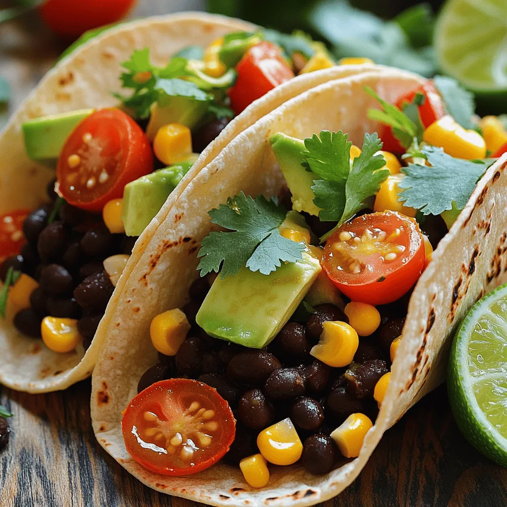 To create your spicy black bean tacos, gather these key items: - 2 cans black beans, rinsed and drained - 1 tablespoon olive oil - 1 small onion, finely chopped - 2 cloves garlic, minced - 1 jalapeño, seeded and finely chopped These ingredients form the tasty base of your dish. The black beans are rich in protein and fiber. The onion and garlic add depth, while the jalapeño gives a nice kick. Next, you’ll need some seasonings to boost the flavor: - 1 teaspoon ground cumin - 1 teaspoon smoked paprika - 1 teaspoon chili powder - Salt and pepper, to taste These spices make the black beans bold and exciting. Cumin offers a warm flavor, while smoked paprika adds a hint of smokiness. Adjust the salt and pepper to fit your taste. Finally, prepare these fresh toppings for your tacos: - 8 small corn tortillas - 1 cup fresh corn kernels (cooked) - 1 avocado, sliced - 1 cup cherry tomatoes, halved - 1/2 cup fresh cilantro, chopped - Lime wedges, for serving Toppings give each taco a burst of freshness. The avocado adds creaminess, while the cherry tomatoes provide sweetness. Fresh cilantro brightens everything up. Don't forget the lime wedges for a zesty finish! For the complete recipe, check out the Full Recipe section. - Heat olive oil in a skillet over medium heat. - Sauté onion until translucent, about 3-4 minutes. - Add garlic and jalapeño, cooking for 1-2 minutes. In this step, the olive oil helps the onion soften. When you sauté the onion, it adds a nice sweetness. The garlic and jalapeño bring a great flavor. Keep stirring to avoid burning the garlic. - Stir in black beans and spices. - Cook and mash some beans with a fork. - Allow mixture to heat through for about 5-7 minutes. The black beans give you protein and fiber. Mashing some beans creates a creamy texture. This part of the process lets all the spices mix well. You will really start to smell those amazing aromas! - Warm corn tortillas in a skillet or microwave. - Keep them soft and pliable for easy folding. - Assemble tacos with the bean mixture and toppings. Warming the tortillas makes them easier to fold. If they are cold, they can break apart. Fill them with the bean mixture, corn, avocado, and more. Each bite will be a burst of flavor! For the full recipe, check the main section above. - Choose the right tortilla type: Use small corn tortillas for best flavor. They hold the filling well and add a nice bite. - Don't overfill the tacos: Keep it simple. A little filling goes a long way, making it easier to eat. - Ensure even heating of tortillas: Warm tortillas until soft. This helps them stay intact and tasty. - Experiment with spice levels: Adjust the jalapeño to find your perfect heat. More or less can change the whole dish. - Adjust seasonings to taste: Taste as you cook. Add more cumin or chili powder if you want a stronger flavor. - Use fresh ingredients for best results: Fresh corn, ripe tomatoes, and bright cilantro make a big difference in taste. - Pair with your favorite salsa: A good salsa adds zest. Choose one that matches your spice level. - Offer additional toppings like cheese: Crumbled queso or shredded cheese adds a creamy touch. - Serve with a side of rice or salad: A simple salad or rice balances the meal and adds more nutrition. For more details, check the Full Recipe. {{image_2}} You can easily make these tacos vegan. Just swap the olive oil for a plant-based alternative, like avocado oil. Check your toppings, too. Make sure everything is vegan-friendly. Use fresh veggies and herbs, and you’ll have a tasty vegan meal. For a gluten-free meal, choose gluten-free tortillas. These are easy to find at most stores. Also, check your spices and toppings. Ensure they don’t contain gluten. This way, you can enjoy your tacos without worry. If you love heat, try adding more jalapeños or other hot peppers. You can also use spicy salsa or your favorite hot sauce on top. This gives your tacos a delicious kick. Adjust the spice level to match your taste. Enjoy experimenting with flavors! For the full recipe, check the [Full Recipe]. After your taco feast, store the bean mixture in an airtight container. This keeps the beans fresh and tasty. Remember to keep the tortillas separate. This prevents them from getting soggy and losing their nice texture. When you're ready to enjoy leftovers, reheat the bean mixture over low heat. This warms it gently without making it dry. For the tortillas, warm them in a skillet or microwave. This helps them stay soft and pliable, just like when you first made them. For long-term storage, you can freeze the bean mixture. Make sure to use a freezer-safe container. When you're ready for a quick meal, thaw it in the fridge overnight. After thawing, just reheat the mixture for a fast and tasty taco night. Yes, you can use dried black beans. Start by soaking them overnight. This helps soften them. Rinse and drain the beans after soaking. Then, boil them in fresh water for about 1 to 1.5 hours. Check for tenderness. Once they are soft, you can use them in your tacos. To make the tacos milder, skip the jalapeño. You can use bell peppers instead. They add nice flavor without heat. You can also reduce chili powder and cumin. Add more avocado or sour cream to balance the spice. If you need a change, try flour tortillas. They are soft and easy to work with. Lettuce wraps are also a great, low-carb option. If you need gluten-free, look for certified gluten-free tortillas. They work well for tacos too. In this post, we covered delicious black bean tacos. We explored key ingredients, step-by-step cooking, and creative variations. Remember to adjust flavors and toppings to suit your taste. Whether you prefer spicy or mild, there’s something for everyone. Store leftovers properly for quick meals later. Making these tacos is fun and rewarding. Enjoy the fresh tastes and get ready to impress your friends and family. Happy cooking!