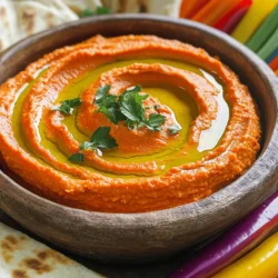 - 2 large red bell peppers - 1 can (15 oz) chickpeas, drained and rinsed - 1/4 cup tahini - 3 tablespoons olive oil - 2 tablespoons fresh lemon juice - 2 cloves garlic, minced - 1/2 teaspoon ground cumin - Salt and pepper to taste - 1-2 tablespoons water (as needed) - Fresh parsley for garnish - Pita bread or vegetable sticks for serving Making roasted red pepper hummus is easy and fun. Each ingredient plays a key role in flavor and texture. The red bell peppers give this dip its sweet and smoky taste. Roasting them changes their texture and adds depth to the flavor. Chickpeas, or garbanzo beans, are the base and provide creaminess. Tahini adds a nutty flavor that pairs well with the peppers. Olive oil adds richness and smoothness, while lemon juice brings balance with its fresh acidity. Garlic gives a nice kick, and cumin adds warmth. Salt and pepper enhance all the flavors. Finally, the parsley offers a fresh touch. This mix not only tastes great but also packs a nutritional punch. Each serving is full of protein and healthy fats. For a full recipe, check out the detailed steps above. First, we need to preheat the oven to 425°F (220°C). This high heat helps char the peppers. Next, place the whole red bell peppers on a baking sheet. Roast them for about 25 to 30 minutes. Turn the peppers often. Look for a charred and blistered skin. This adds great flavor. After roasting, remove the peppers from the oven. Place them in a bowl and cover it tightly with plastic wrap. Let them sweat for about 10 minutes. This step makes peeling easier. Once they cool, peel the skin off the peppers. Remove the seeds and chop the peppers into chunks. Now, it’s time to blend! In a food processor, combine the roasted red peppers, chickpeas, tahini, olive oil, lemon juice, minced garlic, and ground cumin. Blend until the mix is smooth. If it’s too thick, add 1-2 tablespoons of water to get the right consistency. Taste your hummus and adjust the seasoning. Add salt and pepper, then blend again until well mixed. Transfer the hummus to a serving bowl. Drizzle a bit of olive oil on top. Garnish with chopped parsley for a pop of color. For serving, pair it with pita bread or fresh vegetable sticks. These crunchy items are perfect for dipping. If you have leftovers, store the hummus in an airtight container in the fridge. It stays fresh for several days. For the full recipe, check out the details above for all the steps and tips! Choosing the best peppers is key. Look for firm, bright red bell peppers. They should feel heavy and have smooth skin. Avoid any that are soft or have blemishes. You can roast peppers in different ways. The oven method is great, but grilling adds a smoky flavor. If you prefer, you can use a stovetop. Just place the peppers over an open flame, turning them often. Common mistakes to avoid include not preheating your oven, which can lead to uneven roasting. Also, don’t rush the sweating process after roasting. This step helps the skin come off easily. To make your hummus even tastier, try adding spices. Smoked paprika or cayenne can add warmth. You can also use ground coriander for a fresh twist. Fresh herbs, like parsley or cilantro, can boost flavor. Adding them right before serving keeps their taste bright. Balancing acidity is also important. A little lemon juice brightens up the hummus. Start with two tablespoons and adjust to your taste. For the full recipe, make sure to check out the details above. Enjoy crafting your perfect roasted red pepper hummus! {{image_2}} You can easily switch up the flavor of your roasted red pepper hummus. Here are some fun ideas: - Spicy roasted red pepper hummus: Add some chopped jalapeños or a pinch of cayenne pepper. This will give your dip a nice kick. - Adding herbs like basil or dill: Fresh herbs can brighten up the flavors. Toss in some chopped basil or dill to make it more refreshing. - Incorporating nuts or seeds for texture: Blend in some toasted pine nuts or sunflower seeds. They add crunch and extra flavor. Not every ingredient works for everyone. Here are some swaps you can make: - Alternatives for tahini: If you don’t have tahini, try using sunflower seed butter or Greek yogurt. Both add creaminess without losing taste. - Vegan substitutions: If you want a vegan dip, stick to the original recipe. All the ingredients are plant-based. - Adjusting for dietary preferences (gluten-free, etc.): Use gluten-free pita or veggie sticks for dipping. This way, everyone can enjoy it without worry. Explore these variations and substitutions to find what you love best. You can also check the Full Recipe for more guidance. Store your homemade roasted red pepper hummus in an airtight container. It keeps well in the fridge for up to five days. To prevent it from drying out, drizzle a bit of olive oil on top before sealing. If you want to store it longer, freezing works great. To freeze, transfer the hummus to a freezer-safe container. Leave some space at the top for expansion. It can last for about three months in the freezer. When you’re ready to eat it, thaw it overnight in the fridge. When reheating, add a little water or olive oil to revive its creamy texture. Blend it well to mix in the added liquid. When buying roasted red pepper hummus, look for trusted brands like Sabra or Tribe. Check the ingredients for quality. A shorter list means fewer additives. To choose the best option, look for hummus with real roasted peppers listed first on the label. Pay attention to the expiration date. If it’s near, skip it. Most store-bought hummus lasts about a week after opening. Always check for any off smell or changes in texture before eating. How long does homemade hummus last? Homemade hummus can last about 4 to 7 days in the fridge. Always store it in an airtight container. If you notice any change in smell or color, it’s best to toss it. Can I use canned roasted red peppers? Yes, you can use canned roasted red peppers. They save time and still taste great. Just drain and rinse them before adding to your hummus. What’s the best way to serve hummus for gatherings? Serve hummus in a bowl with a drizzle of olive oil on top. Add fresh parsley for color. Pair it with pita bread or vegetable sticks for a fun dip. What is tahini, and can I make it at home? Tahini is a paste made from ground sesame seeds. You can make it at home by blending toasted sesame seeds with a bit of oil. This gives it a smooth texture. How do I make hummus smoother? To make hummus smoother, blend it longer and add a bit of water. Use a food processor for the best results. Scrape down the sides to ensure even mixing. What are the health benefits of chickpeas? Chickpeas are rich in protein and fiber. They help you feel full longer and support digestion. Plus, they are packed with vitamins and minerals, making them a healthy choice. You can easily make roasted red pepper hummus with the right ingredients and steps. We covered the essential ingredients, the preparation and blending process, and tasty serving ideas. I shared tips to perfect your roasting and ways to enhance flavors. Don’t hesitate to try variations or substitutions that suit your taste. Enjoy your homemade hummus fresh, and remember to store leftovers properly. This delicious dip can brighten any meal or gathering. Happy cooking!