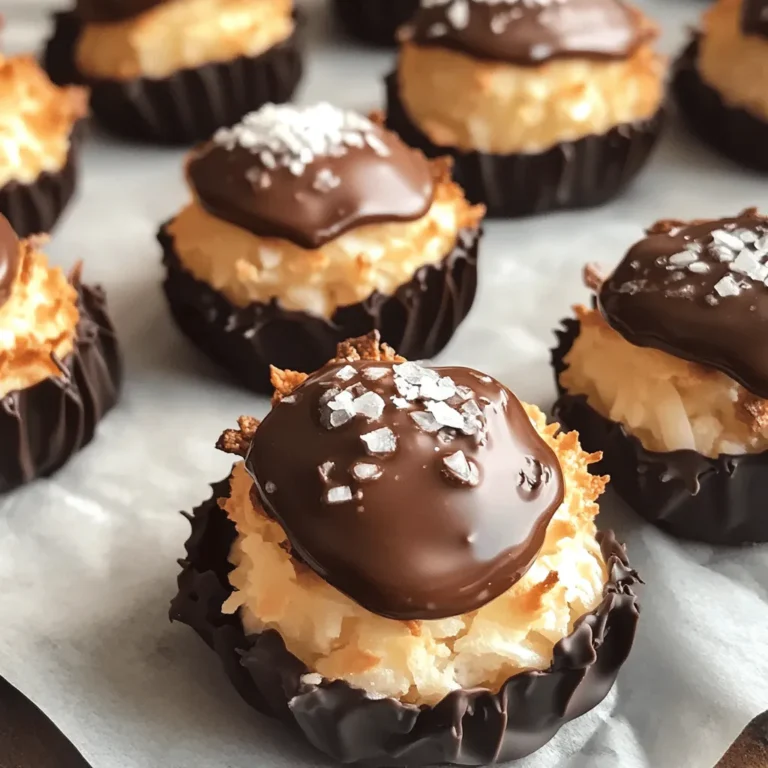 - 3 cups shredded sweetened coconut - 1 cup sweetened condensed milk - 1 teaspoon vanilla extract - 1/4 teaspoon salt - 2 large egg whites - 1/4 cup granulated sugar - 1 cup dark chocolate chips (for dipping) - Sea salt flakes (for garnish) These main ingredients create the tasty base for your macaroons. Shredded sweetened coconut gives that wonderful chewy texture. The sweetened condensed milk adds sweetness and binds everything together. A dash of vanilla and salt enhances the flavors. The egg whites provide lift and lightness, while the granulated sugar helps achieve a crisp exterior. Finally, the dark chocolate chips transform these treats into an indulgent delight. - Alternative chocolates for dipping - Flavor extracts (e.g., almond) If you want to play with flavors, consider using different chocolates for dipping. You can try milk or white chocolate, which will change the taste. Adding flavor extracts, like almond, can give your macaroons a unique twist. - Mixing bowls - Baking sheet - Parchment paper - Microwave-safe bowl You will need a few kitchen tools to make this recipe smooth. Mixing bowls help combine the ingredients well. A baking sheet lined with parchment paper keeps the macaroons from sticking. A microwave-safe bowl is perfect for melting the chocolate. With these tools, you will be ready to create delicious chocolate-dipped coconut macaroons. If you're curious about the full recipe, check it out for more details! - Preheat the oven to 325°F (160°C). - Prepare the baking sheet with parchment paper. Start by heating your oven. This helps the macaroons bake evenly. Lining the baking sheet with parchment paper makes cleanup easy and keeps the macaroons from sticking. - Combine coconut, condensed milk, vanilla, and salt. - Whisk egg whites and incorporate with sugar. In a large bowl, mix the shredded coconut with sweetened condensed milk, vanilla, and a bit of salt. This mixture will give your macaroons a sweet and rich flavor. In another bowl, whisk the egg whites until they form soft peaks. Then, slowly add granulated sugar. Keep whisking until the mixture is glossy and forms stiff peaks. This step is key for making your macaroons light and airy. - Shape macaroons and space them on the baking sheet. - Bake for 20-25 minutes until golden. Next, scoop the coconut mixture. Use a tablespoon to form small mounds and space them about 2 inches apart. This helps them bake evenly. Bake the macaroons in your preheated oven for 20 to 25 minutes. Look for a golden color on the edges. Once done, let them cool on the baking sheet. - Melt chocolate for dipping. - Dip each macaroon and place back on parchment. While the macaroons cool, melt the chocolate chips in a microwave-safe bowl. Heat in 30-second intervals, stirring each time until smooth. Once the macaroons are cool, dip the bottoms into the melted chocolate. Allow the excess chocolate to drip off and place them back on the parchment paper. If you want, sprinkle a little sea salt on top before the chocolate sets. For the full recipe, check the details provided. To make light macaroons, you must fold gently. Start by mixing the coconut with the condensed milk. When you add the egg whites, use a spatula. Lift and turn the mixture carefully. This keeps air in the egg whites. Egg whites should reach soft peaks before you add sugar. Soft peaks look like little waves. Whisk until they are glossy and stiff. This helps the macaroons rise and stay light. For even baking, space the macaroons well on the sheet. Keep them about 2 inches apart. This allows heat to circulate. Rotate the baking sheet halfway through baking. This helps them bake evenly. Let the macaroons cool completely on the baking sheet. This keeps them from falling apart when you move them. Cooling also helps the texture stay perfect. When melting chocolate, use a microwave-safe bowl. Heat in 30-second bursts. Stir between each burst to keep it smooth. This prevents hot spots that can burn the chocolate. Avoid getting water in your chocolate. Even a drop can cause it to seize. If your chocolate does seize, you may need to start over. Remember, smooth chocolate makes for perfect dipping. For the full recipe, check the earlier section. {{image_2}} You can play with flavors in your macaroons. Adding nuts like almonds or macadamia brings a nice crunch. These nuts add rich taste and texture. You can also enhance the coconut flavor by adding a little coconut extract. This makes each bite even more delightful. The chocolate you choose can change the whole treat. Try using white chocolate or milk chocolate for a different twist. Each type brings its own taste and sweetness. You can even add flavors to the chocolate, like peppermint or orange zest. This will make your macaroons special and unique. If you need gluten-free options, simply use gluten-free ingredients. Most of what you need is naturally gluten-free. For those who prefer vegan treats, swap egg whites with aquafaba, the liquid from canned chickpeas. This works great and keeps your macaroons fluffy. Making these small changes lets everyone enjoy this delicious treat. To keep your chocolate-dipped macaroons fresh, store them in an airtight container at room temperature. This helps maintain their texture and flavor. If you want them to last a bit longer, you can refrigerate them. Just be sure to let them come back to room temperature before serving for the best taste. For longer shelf life, freezing macaroons is a great option. Place them in a single layer on a baking sheet and freeze until solid. Once frozen, transfer them to a freezer-safe bag or container. When you’re ready to enjoy, thaw them in the fridge overnight or at room temperature for a few hours. This keeps them moist and tasty. Chocolate-dipped macaroons can last about one week at room temperature. If stored in the fridge, they can stay fresh for up to two weeks. In the freezer, they can last for about three months. Just remember, the sooner you eat them, the better they will taste! Yes, you can make Chocolate Dipped Coconut Macaroons ahead of time. To do this, follow these tips: - Bake and cool: Prepare the macaroons and let them cool completely. - Store properly: Place them in an airtight container. Keep them at room temperature for up to three days. - Freeze for longer: For longer storage, freeze the macaroons. Use a freezer-safe container or bag. They can last up to three months in the freezer. - Chocolate dipping: You can dip them in chocolate right before serving. This keeps the chocolate fresh and tasty. To check if the macaroons are done baking, look for these signs: - Color: The edges should turn a nice golden brown. This shows they are baked well. - Texture: The tops should feel firm to touch. They should not be soft or gooey. - Time: Bake for 20-25 minutes. Check them after 20 minutes to avoid overbaking. Yes, you can use unsweetened coconut in this recipe. However, there are some effects to consider: - Flavor: Unsweetened coconut has a more natural, less sweet taste. This can make your macaroons less sweet overall. - Sweetness: You may want to add extra sugar if you prefer a sweeter treat. Adjust the sweetened condensed milk to balance the flavors. - Texture: Unsweetened coconut may affect the texture slightly, but the macaroons will still turn out great. In this post, we explored how to make delicious chocolate-dipped coconut macaroons. We detailed the main and optional ingredients, tools you’ll need, and provided clear steps for perfect macaroons. You learned tips for texture, baking, and chocolate melting, plus variations to make these treats your own. Now, you have the knowledge to whip up tasty treats at home. Enjoy your sweet creation!