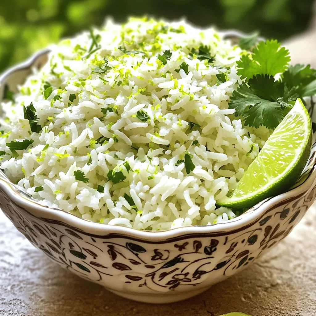- 1 cup long-grain rice - 2 cups vegetable broth (or water) - 1 tablespoon olive oil - 1 lime (zested and juiced) - 1/2 cup fresh cilantro, chopped - 1 teaspoon garlic powder - 1/2 teaspoon onion powder - 1/2 teaspoon salt - 1/4 teaspoon black pepper Substitutions for dietary preferences: If you want to make this dish gluten-free, use broth labeled as gluten-free. You can also swap the rice for quinoa or cauliflower rice for a low-carb option. Importance of fresh ingredients: Fresh cilantro and lime make a big difference in flavor. Use bright, green cilantro leaves and juicy limes. You’ll notice a huge boost in taste and aroma. Fresh ingredients enhance each bite, giving your dish a vibrant punch. For the full experience, check out the full recipe. Rinsing and draining the rice First, you need to rinse the rice. Use a fine-mesh strainer and run cold water over it. Keep rinsing until the water runs clear. This step removes extra starch and helps the rice cook better. Once rinsed, let the rice drain well. Sautéing the rice Next, heat one tablespoon of olive oil in a medium saucepan over medium heat. Add the drained rice to the pan. Sauté the rice for about 2-3 minutes. Stir it gently until the grains become slightly translucent. This adds a lovely flavor to your rice. Boiling and simmering steps Now it’s time to cook the rice. Pour in two cups of vegetable broth or water. Bring the mixture to a boil, then reduce the heat to low. Cover the pot with a lid and let it simmer. This should take about 15-18 minutes. The rice will absorb the liquid and become tender. Covering and resting the rice Once the cooking time is up, remove the pot from heat. Keep the lid on and let the rice sit for an extra 5 minutes. This resting time helps the rice finish cooking and become fluffy. Fluffing the rice After resting, it’s time to fluff the rice. Use a fork to gently stir through the grains. This step separates the rice and makes it light. Mixing in the cilantro and lime Now for the best part! Add the juice and zest of one lime, half a cup of chopped fresh cilantro, one teaspoon of garlic powder, half a teaspoon of onion powder, half a teaspoon of salt, and a quarter teaspoon of black pepper. Stir everything together until well mixed. Taste the rice and adjust the lime or salt if needed. For the full recipe, check the details above! To get the best texture, pay close attention to cooking times. For most long-grain rice, 15 to 18 minutes works well. If you use brown rice, it may take longer, around 30 to 40 minutes. Always check for tenderness. Fluffing is key. Once the rice is done, let it rest. This step makes a big difference. Use a fork to fluff the rice gently. This helps separate the grains and makes it light and airy. To boost flavor, try adding spices. A pinch of cumin or chili powder brings extra zest. You can also add a touch of smoked paprika for depth. Always taste as you go. Adjust the lime and seasoning to fit your taste. If you like it zestier, add more lime juice. If it feels flat, sprinkle in some extra salt. Each tweak makes it your own. Serve the cilantro lime rice in a colorful bowl. This simple touch makes it pop on the table. Top with fresh cilantro leaves for a vibrant look. A lime wedge on the side brightens the dish further. Use bowls with fun designs. They not only hold the rice but also enhance the meal's vibe. A beautiful presentation makes any meal feel special, even a simple one. For the full recipe, check the main article. {{image_2}} You can switch the rice type to fit your taste. - Brown rice: This option is healthier. It has more fiber and a nutty flavor. - Jasmine or basmati rice: These types add a fragrant note. They cook well and add a unique taste. Adding vegetables can make your cilantro lime rice even better. - Peppers, peas, or corn: These add color and crunch. Mix them in during the last few minutes of cooking. - Combination with other grains: You can blend rice with quinoa or farro. This gives a different texture and taste. Adding protein can turn your rice into a full meal. - Black beans or chicken: These are great options. They add substance and flavor. - Making it a main dish: Serve the rice with grilled chicken or sautéed shrimp for a hearty meal. For the full recipe, check out the instructions above. Enjoy making your cilantro lime rice! To store your cilantro lime rice, place leftovers in a container. Make sure it is airtight to keep the rice fresh. You can use glass or plastic containers for this. Let the rice cool to room temperature before sealing it. This helps avoid moisture buildup. You should store the rice in the fridge for up to four days. If you want to keep it longer, freezing is a better option. To freeze cilantro lime rice, follow these steps: - First, let the rice cool completely. - Next, portion the rice into freezer bags or containers. - Squeeze out excess air from the bags before sealing. - Label the bags with the date for easy tracking. For thawing, move the rice from the freezer to the fridge overnight. This method helps maintain the rice's texture. If you're in a hurry, you can microwave it directly. Just add a splash of water to keep it moist. When reheating cilantro lime rice, the best methods are: - Microwave: Place the rice in a bowl, add a splash of water, and cover. Heat in short bursts, stirring in between. - Stovetop: In a pan, add a little water and heat on low. Stir occasionally to avoid sticking. To avoid sogginess, don't add too much water. It’s better to add a small amount and check if it needs more. Enjoy your flavorful rice as if it were freshly made! Cilantro lime rice lasts about 4 to 5 days in the fridge. Make sure to store it in an airtight container. This keeps it fresh and tasty. If you notice any off smell or changes in texture, it's best to toss it. Yes, you can use fresh lime juice. In fact, fresh juice adds a bright flavor. It enhances the taste of the rice. Just remember to zest the lime first for extra zestiness. You can use water instead of broth. Simply replace the broth with an equal amount of water. You can also add a bit more lime juice for flavor. This makes a light and tasty dish. Absolutely! You can add herbs like parsley or dill. They give the rice a fresh twist. Just chop them finely and mix them in with the cilantro. This adds layers of flavor. Yes, this recipe is gluten-free. The ingredients used do not contain gluten. Always check your rice and broth labels to be sure. Enjoy this dish without worry! Cilantro lime rice is a simple yet tasty dish. We covered the key ingredients, easy steps, and helpful tips. You learned about variations, using different rice types and adding veggies or proteins. I shared how to store leftovers and answered common questions. Try this dish to boost your meals. Enjoy experimenting with flavors and ingredients. Happy cooking!