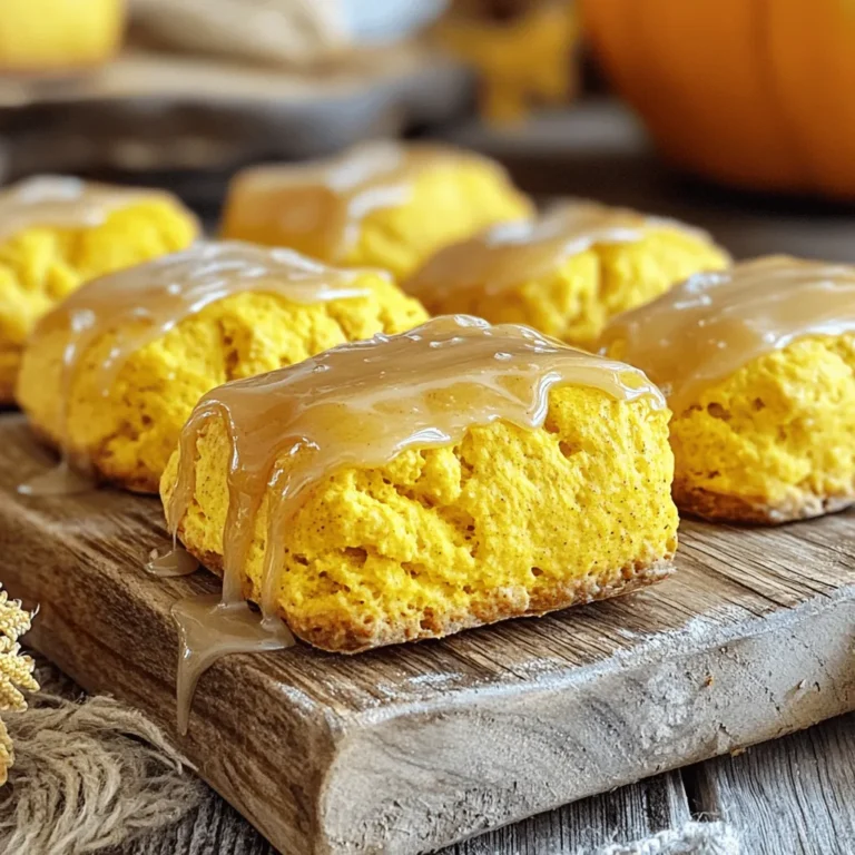 To make Maple Glazed Pumpkin Scones, you will need the following ingredients: - 2 cups all-purpose flour - 1/2 cup brown sugar, packed - 1 tablespoon baking powder - 1/2 teaspoon baking soda - 1/4 teaspoon salt - 1 teaspoon ground cinnamon - 1/2 teaspoon ground nutmeg - 1/4 teaspoon ground ginger - 1/2 cup cold unsalted butter, cubed - 1/2 cup canned pumpkin puree - 1/4 cup heavy cream - 1 large egg - 1 teaspoon vanilla extract - 1 cup powdered sugar - 2 tablespoons pure maple syrup - 1-2 tablespoons milk (as needed for consistency) These ingredients are simple and easy to find. You may already have some in your kitchen. I love the warm flavors of cinnamon and nutmeg mixed with the sweet pumpkin. The maple glaze adds a perfect touch of sweetness. You can use this full recipe to guide you through the steps of making these tasty scones. Enjoy every bite! First, we need to get the oven ready. Preheat your oven to 400°F (200°C). While that heats up, line a baking sheet with parchment paper. This will stop the scones from sticking. Now, let’s mix the dry ingredients. In a large bowl, whisk together: - 2 cups all-purpose flour - 1/2 cup brown sugar, packed - 1 tablespoon baking powder - 1/2 teaspoon baking soda - 1/4 teaspoon salt - 1 teaspoon ground cinnamon - 1/2 teaspoon ground nutmeg - 1/4 teaspoon ground ginger Make sure everything is well combined. This mix gives our scones great flavor. Next, grab another bowl for the wet ingredients. Whisk together: - 1/2 cup canned pumpkin puree - 1/4 cup heavy cream - 1 large egg - 1 teaspoon vanilla extract Mix until smooth. Then, pour this wet mix into the dry mix. Stir gently until just combined. The dough should be soft but not sticky. Be careful not to overmix, as this can make the scones tough. Turn the dough onto a floured surface. Gently knead it a few times to bring it together. Pat the dough into a circle about 1 inch thick. Cut it into wedges, like a pizza, or use a round cutter for biscuit-style scones. Place them on the prepared baking sheet. Bake for 15-20 minutes, until they are golden brown. A toothpick should come out clean when poked in the center. While the scones bake, let’s make the glaze. In a small bowl, whisk together: - 1 cup powdered sugar - 2 tablespoons pure maple syrup - 1-2 tablespoons milk (as needed for consistency) Keep whisking until it is smooth and glossy. This glaze adds a sweet touch. Once the scones cool for a few minutes, drizzle the maple glaze over them while they are still warm. Let the glaze set for a few minutes. Now, you are ready to enjoy your delicious Maple Glazed Pumpkin Scones! Pair them with your favorite warm drink for the best treat. To get the right dough, start with cold butter. This keeps the scones flaky. When you mix the wet and dry ingredients, stop as soon as they come together. The dough should feel soft but not sticky. If it feels too dry, add a splash of cream. If it’s too wet, sprinkle in a bit of flour. Mixing too much can make scones tough. When you combine the wet and dry ingredients, use a gentle hand. Stir just until no dry flour shows. A few lumps are okay! This keeps your scones light and fluffy. To bake scones evenly, make sure they are all the same size. If you cut them into wedges, aim for equal pieces. For round scones, use a biscuit cutter and press straight down. Space them about an inch apart on the baking sheet. This allows heat to circulate around each scone, giving you a nice golden finish. Try these tips when you make your Maple Glazed Pumpkin Scones for the best results! For the full recipe, refer back to the recipe section. {{image_2}} You can add nuts or chocolate chips to your pumpkin scones for extra flavor. Chopped walnuts or pecans work well. They add a nice crunch to the soft scone. If you love chocolate, mix in some semi-sweet chocolate chips. Add about 1/2 cup of your choice to the dough. Make sure to fold them in gently so you don’t overmix the dough. Feel free to change the spices or add extracts to make your scones unique. You can try adding a dash of allspice or clove for a warm kick. Replace the vanilla extract with almond extract for a different taste. You could even add a splash of maple extract to enhance the maple flavor. Just remember to start with a small amount. You can always add more if needed. If you need a gluten-free option, it’s easy to adapt this recipe. Use a gluten-free flour blend instead of all-purpose flour. Make sure the blend contains xanthan gum for better texture. The scones may bake a bit differently, so keep an eye on them in the oven. Check for that lovely golden brown color. For the complete recipe, check out the Full Recipe. Store leftover scones in an airtight container. Place them in a cool, dry spot. They stay fresh for about two days. For longer storage, keep them in the fridge. This helps maintain their softness. To reheat scones, preheat your oven to 350°F (175°C). Place scones on a baking sheet. Heat them for about 5 to 10 minutes. This brings back their warmth and crispness. You can also use a microwave. Heat each scone for about 15-20 seconds. This method is quick, but the texture may change. You can freeze scones to enjoy later. Allow them to cool completely first. Wrap each scone tightly in plastic wrap. Then place them in a freezer bag. They can last up to three months. To eat, thaw overnight in the fridge. Reheat as mentioned above. Enjoy your Maple Glazed Pumpkin Scones fresh, even after freezing! For the complete recipe, check the Full Recipe. Yes, you can use fresh pumpkin. Start by roasting or boiling pumpkin until soft. Then, mash it well. Use the same amount as canned pumpkin puree. Fresh pumpkin adds great flavor and nutrition. Look for a golden brown color on the tops. You can also use a toothpick. Insert it into the center of a scone. If it comes out clean, the scones are done. They should feel firm, not wet. These scones pair well with hot drinks like coffee or tea. You can also serve them with jam, butter, or cream cheese. For a fun twist, try them with spiced apple butter. Store the scones in an airtight container. They stay fresh for about 2-3 days at room temperature. For longer storage, freeze them. Just wrap them well, and they can last up to 3 months. Enjoy your maple glazed pumpkin scones! For the full recipe, check the earlier sections. You now have all the steps to make delicious scones. We covered the key ingredients, preparation, and baking. The maple glaze adds a sweet touch. Remember to follow tips for the best dough and an even bake. You can even try fun variations to suit your taste. Store leftover scones properly to keep them fresh. With these easy instructions, you can enjoy tasty treats anytime. Happy baking!