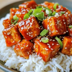 - Tofu: Selecting the Right Firmness - For this recipe, use firm tofu. Firm tofu holds its shape and crisps well when cooked. Avoid soft or silken tofu as they can break apart easily during cooking. - Sweet and Spicy Components: Honey and Sriracha - The star ingredients are honey and Sriracha sauce. Honey adds sweetness, while Sriracha brings the heat. Together, they create a perfect balance of flavors. Adjust the amount of Sriracha based on your spice preference. - Optional Garnishes: Green Onions and Sesame Seeds - Garnishing with sliced green onions adds a fresh crunch. Sesame seeds add a nutty flavor and a nice visual touch. Both are optional but enhance the dish's look and taste. For the full recipe, you can refer to the detailed instructions above. This dish is easy to make and packed with flavor! How to Press and Cube Tofu Start by pressing your tofu. This step removes extra water and helps it crisp up. Wrap the tofu block in a clean kitchen towel. Place a heavy object on top for about 20 minutes. This helps squeeze out moisture. After pressing, cut the tofu into 1-inch cubes. Ensuring Proper Drying Techniques Once cubed, ensure the tofu is dry. You can pat the cubes with a paper towel. This helps the cornstarch stick better. The drier the tofu, the crispier it becomes when cooked. Whisking Together Key Ingredients In a bowl, combine honey, Sriracha, soy sauce, and rice vinegar. Whisk them together until smooth. This glaze gives your tofu a sweet and spicy kick. You can adjust the amounts to suit your taste. Tips for Adjusting Sweetness and Heat If you want it sweeter, add a bit more honey. For extra heat, increase the Sriracha. Tasting as you mix helps you find the perfect balance. Remember, a little goes a long way with Sriracha. Best Practices for Frying Tofu Heat vegetable oil in a non-stick skillet over medium-high heat. Add the cornstarch-coated tofu cubes in a single layer. Fry in batches if needed. This prevents overcrowding, which makes the tofu soggy. Ensuring Even Cooking and Crispiness Cook the tofu for about 5-7 minutes on each side. Look for a golden-brown color. This indicates it's crispy. After frying, remove the tofu from the skillet and set it aside. You will add it back later to coat with the glaze. By following these steps, you can create a tasty Honey Sriracha Glazed Tofu that is easy to make at home. For the full recipe, check out the details provided earlier. Achieving Optimal Crispiness Tofu can be tricky. Press it well to remove moisture. Use a clean towel and a heavy object on top for 20 minutes. Cube the tofu into one-inch pieces. Coat each piece with cornstarch. This helps create that nice crunch when frying. Common Mistakes to Avoid Don’t skip pressing the tofu. It will turn out soggy. Also, avoid overcrowding the pan. Cook in batches to ensure even frying. Lastly, don’t rush the frying process. Let the tofu get golden before flipping. Balancing Sweetness with Spice The honey gives a sweet touch, while Sriracha adds heat. If you find the glaze too sweet, add more Sriracha. If it’s too spicy, mix in a bit more honey. Taste as you go to find your ideal balance. Suggestions for Heat Management For less heat, reduce the Sriracha. You can also mix in some soy sauce. It adds depth without spiciness. If you want more kick, consider adding chili flakes or fresh peppers. Plating Your Honey Sriracha Glazed Tofu Serve the tofu over jasmine rice. This makes for a beautiful base. Drizzle extra glaze on top for shine. Arrange the tofu pieces neatly for an appealing look. Best Garnishing Techniques Use sliced green onions for a pop of color. Sprinkle sesame seeds for a nice crunch. These simple touches make your dish look professional. It’s all about the details! For the full recipe, check out the Honey Sriracha Glazed Tofu. {{image_2}} For a vegan twist, you can easily substitute honey with agave syrup. Agave has a similar sweetness but is plant-based. This switch keeps the dish fully vegan without losing that rich flavor. You can also try other glaze combinations. For instance, mix maple syrup with Sriracha for a unique taste. This gives you a new flavor while keeping the spirit of the dish. Adding seasonal veggies boosts both nutrition and color. Try pairing your tofu with bell peppers, broccoli, or snap peas. These veggies not only taste great but also add crunch. You can also stir-fry them with the tofu for a quick and colorful meal. This method helps the veggies absorb some of the glaze, enhancing their flavor. If you need a gluten-free option, pick the right soy sauce. Look for tamari, which is a gluten-free soy sauce. This choice ensures you keep all the flavor without any gluten. When it comes to coating the tofu, cornstarch works well. You can also use rice flour for a crispy texture. Both options are great for frying and will make your tofu shine. You can find the full recipe for Honey Sriracha Glazed Tofu to experience these variations yourself! To keep your Honey Sriracha Glazed Tofu fresh, store it in an airtight container. Make sure it cools down before sealing it up. This helps prevent excess moisture, which can lead to sogginess. - Best Practices for Refrigeration: Place the tofu in the fridge within two hours of cooking. This keeps harmful bacteria away. Layer the tofu with parchment paper if you have extra sauce. This keeps it from getting too wet. - Shelf Life and Signs of Spoilage: When stored correctly, your leftovers can last up to three days in the fridge. Check for any strange smells or changes in texture. If it looks slimy or discolored, it’s best to toss it. Reheating is key to enjoying your leftovers. You want to keep the tofu crispy while warming it up. - Ways to Retain Crispiness: The stovetop is your best friend here. Heat a non-stick skillet over medium heat. Add a splash of oil and place the tofu in the skillet. Cook for a few minutes on each side until it’s hot and crispy again. - Microwave vs. Stovetop Heating: The microwave is quick but can make your tofu soggy. If you must use it, place a paper towel under the tofu. This can help absorb moisture. However, I recommend the stovetop for the best texture. Yes, you can make Honey Sriracha Glazed Tofu in advance. Meal prep helps save time. To do this, follow these steps: - Make the glaze and store it in a jar. - Press and cube the tofu, then store it in an airtight container. - Fry the tofu fresh for the best crispiness. - You can store the cooked tofu and glaze separately in the fridge for up to three days. When ready to eat, simply reheat the tofu and toss it with the glaze. This keeps the tofu crispy and flavorful. If you want to switch the tofu, there are great options. Here are some alternate protein sources: - Tempeh: It has a nutty flavor and works well. - Seitan: This wheat-based protein has a meaty texture. - Chickpeas: Roasted chickpeas add crunch and protein. - Cauliflower: Use cauliflower florets for a veggie twist. Feel free to try these in the recipe. Just remember to adjust cooking times as needed. The spiciness of Honey Sriracha Glazed Tofu depends on the Sriracha used. Sriracha has a mild to moderate heat level. If you prefer less spice, try these tips: - Use less Sriracha in the glaze. - Add more honey to balance the heat. - Mix in some ketchup for a sweeter taste. You can always taste the glaze before adding it to the tofu. This way, you can adjust the spice level to your liking. Enjoy your cooking! In this article, we explored making Honey Sriracha Glazed Tofu. We covered the right tofu firmness, glazed texture, and cooking methods. We also shared tips on adjusting flavors and presented ideas for variations. By following these steps, you can create a tasty dish. Enjoy your cooking journey and feel free to experiment with flavors and ingredients. This dish is flexible and fun, so make it your own!