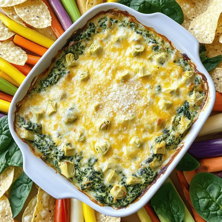 To make a tasty spinach artichoke dip, gather these main ingredients: - 2 cups fresh spinach, chopped - 1 can (14 oz) artichoke hearts, drained and chopped - 1 cup cream cheese, softened - 1/2 cup sour cream - 1/2 cup mayonnaise - 1 cup shredded mozzarella cheese - 1/2 cup grated Parmesan cheese - 2 cloves garlic, minced - 1 teaspoon lemon juice - Salt and pepper to taste These ingredients blend together to create a creamy, cheesy dip. The spinach adds a fresh flavor, while the artichokes give it a unique taste. The cream cheese, sour cream, and mayonnaise provide a rich, smooth base. Mozzarella and Parmesan add a lovely cheese pull that makes this dip so enjoyable. You can adjust the dip to fit your taste. Here are some optional ingredients: - 1/2 teaspoon red pepper flakes for heat - Fresh herbs like parsley or basil for a burst of flavor - A splash of hot sauce for extra kick - Chopped sun-dried tomatoes for a sweet twist Feel free to mix and match these options. They will change the flavor and make the dip your own. Each serving of this spinach artichoke dip contains: - Calories: 250 - Protein: 6g - Fat: 20g - Carbohydrates: 8g - Fiber: 1g Knowing the nutritional content helps you enjoy your dip in moderation. This dip can be a fun treat for parties or game days. You can find the full recipe above to get started on this delicious dish! To make this dip, start by gathering your ingredients. You will need fresh spinach, artichoke hearts, cream cheese, sour cream, mayonnaise, mozzarella cheese, Parmesan cheese, garlic, lemon juice, and red pepper flakes. 1. First, preheat your oven to 350°F (175°C). This step warms up your oven for baking later. 2. In a large mixing bowl, mix the softened cream cheese, sour cream, and mayonnaise. Stir until smooth. This base makes your dip creamy. 3. Now, add the chopped spinach and drained artichoke hearts. Also, include the minced garlic, lemon juice, and red pepper flakes if you want some heat. Mix everything well. 4. Next, fold in the shredded mozzarella and grated Parmesan cheese. This cheese blend adds flavor and texture. 5. Season with salt and pepper to your taste. This step is key for balancing flavors. Once your dip is mixed, it’s time to bake. 1. Transfer the mixture to an oven-safe dish. Spread it evenly across the dish. This helps it cook evenly. 2. Place the dish in your preheated oven. Bake for 25 to 30 minutes. Look for bubbling and a golden top. This shows it’s ready. 3. After baking, take the dip out of the oven. Let it cool slightly before serving. This makes it easier to enjoy. To get the best texture for your dip, follow these tips: - Use softened cream cheese. This ensures a smooth blend with the other ingredients. - Do not over-bake. Keep an eye on the dip. You want it hot but not dried out. - For a creamier dip, add a bit more sour cream or mayonnaise. Adjust based on your preference. These steps will help you make a delicious spinach artichoke dip. For the full recipe, check the earlier section. Enjoy your cooking! When making spinach artichoke dip, avoid using frozen spinach. Fresh spinach gives a better taste and texture. Make sure to drain the artichoke hearts well. Any extra liquid can make the dip runny. Also, do not skip the garlic. It adds a lovely flavor that enhances the dish. Lastly, be careful with the salt. The cheeses already add saltiness, so taste as you go. To boost the flavor, try adding a splash of hot sauce. It gives a nice kick without being too spicy. You can also mix in some chopped sun-dried tomatoes for a touch of sweetness. Fresh herbs like basil or parsley can brighten the dip. For a smoky taste, add a bit of smoked paprika. Each of these options gives a unique twist. Serve your dip warm, and it will be a hit. Pair it with tortilla chips or pita bread. Fresh veggies like carrots and celery add crunch and color. You can also use it as a spread on sandwiches or wraps. For a fun twist, offer it with crusty bread for dipping. This makes a great appetizer for parties or gatherings. Enjoy the flavors with friends or family! {{image_2}} You can make a tasty vegan version of spinach artichoke dip. Start by swapping the cream cheese and sour cream for cashew cream. To make cashew cream, blend soaked cashews with lemon juice and a little water until smooth. Use a dairy-free mayo in place of regular mayo. You can still enjoy artichokes and spinach in this dip. Just mix everything as you would in the original recipe. Bake until hot, and serve with your favorite snacks. If you want a low-fat version, you can reduce calories without losing flavor. Use low-fat cream cheese and Greek yogurt instead of sour cream and mayonnaise. This swap keeps the dip creamy and rich. You can also cut the cheese amount in half or use a reduced-fat cheese. Follow the same steps in the [Full Recipe]. The dip will still taste great and be a healthier choice. For a spicy kick, add some heat to your dip. Mix in diced jalapeños or a few dashes of hot sauce. You can also increase the red pepper flakes for more spice. If you enjoy smoky flavors, stir in some smoked paprika. Bake as directed in the [Full Recipe] for a warm and zesty treat. Serve with crunchy chips or fresh veggies for a fun appetizer. After you enjoy your Spinach Artichoke Dip, cool it to room temperature. Then, transfer it to an airtight container. This helps keep it fresh. Store it in the fridge for up to three days. If you want to keep it longer, freezing is a great option. To reheat your dip, use an oven or microwave. If using the oven, preheat it to 350°F (175°C). Place the dip in an oven-safe dish and cover it with foil. Bake for about 15-20 minutes. Check that it heats all the way through. In the microwave, heat it in short bursts, stirring in between. This helps avoid hot spots. For freezing, place the dip in a freezer-safe container. Leave some space at the top, as it may expand. It can last up to three months in the freezer. When you're ready to use it, thaw it in the fridge overnight. Reheat using the methods above for the best taste. Enjoy your creamy dip anytime! Yes, you can make Spinach Artichoke Dip in advance. Just prepare the dip and store it in the fridge. Cover it tightly with plastic wrap or a lid. You can keep it for up to two days. When ready to serve, just bake it as normal. This saves time for your party or gathering. If you want a substitute for cream cheese, try using Greek yogurt or ricotta cheese. Both options work well. They give a nice creamy texture without losing flavor. You can also use vegan cream cheese if you're looking for a plant-based option. Making Spinach Artichoke Dip gluten-free is easy! All the ingredients in the recipe are naturally gluten-free. Just make sure your mayonnaise and any extra ingredients are labeled gluten-free. Serve it with gluten-free chips or veggies for a great snack. Spinach artichoke dip is a tasty and fun dish to make. We covered key ingredients, step-by-step instructions, and tips for the best results. You can even customize it with variations like vegan or spicy options. Storing leftovers is easy, too. With these insights and tricks, you’ll impress your friends and family. Enjoy creating your perfect dip, and share it at your next gathering!