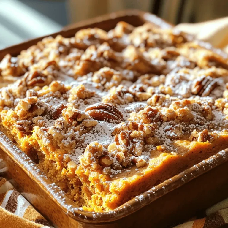 - 2 cups all-purpose flour - 1 cup sugar - 1 tablespoon baking powder - 1 teaspoon baking soda - 1 teaspoon ground cinnamon - ½ teaspoon ground nutmeg - ½ teaspoon salt - 1 cup canned pumpkin puree - ½ cup vegetable oil - 3 large eggs - 1 teaspoon vanilla extract - 1 cup chopped pecans The base of this coffee cake is simple. I use all-purpose flour for a soft texture. The sugar sweetens it just right. Baking powder and baking soda help it rise. A mix of ground cinnamon and nutmeg adds warmth. Salt balances the flavors. Canned pumpkin puree gives it that rich, fall taste. Oil keeps it moist, while eggs bind everything. Finally, I fold in chopped pecans for crunch. - ½ cup all-purpose flour - ½ cup brown sugar - 1 teaspoon ground cinnamon - ¼ cup cold unsalted butter, cubed - ½ cup chopped pecans The streusel topping makes this cake special. I blend flour and brown sugar for sweetness. A touch of cinnamon brings out the spices. Cold butter adds richness. I mix it until it's crumbly, then add more chopped pecans for that nutty flavor. This topping pairs perfectly with the cake below. Check out the [Full Recipe] to start baking and enjoy this delightful treat! - Preheat your oven to 350°F (175°C) and grease a baking pan. - In a large mixing bowl, combine 2 cups of flour, 1 cup of sugar, 1 tablespoon of baking powder, 1 teaspoon of baking soda, 1 teaspoon of cinnamon, ½ teaspoon of nutmeg, and ½ teaspoon of salt. - In another bowl, mix 1 cup of canned pumpkin puree, ½ cup of vegetable oil, 3 large eggs, and 1 teaspoon of vanilla extract until smooth. - Gradually add the wet ingredients to the dry ingredients. Stir until just combined. Be careful not to overmix. - Fold in 1 cup of chopped pecans. - Pour the batter into the prepared baking pan, spreading it evenly. - For the streusel topping, mix ½ cup of flour, ½ cup of brown sugar, and 1 teaspoon of cinnamon with ¼ cup of cold butter until crumbly. Fold in ½ cup of chopped pecans. - Sprinkle the streusel topping evenly over the batter in the pan. - Bake in the preheated oven for 30-35 minutes. Check with a toothpick to see if it comes out clean. - Allow the coffee cake to cool in the pan for about 10-15 minutes before slicing and serving. Enjoy this Pumpkin Pecan Streusel Coffee Cake with a warm cup of coffee! For the full recipe, check out the details above. - Avoid overmixing the batter: When you mix the wet and dry ingredients, stir until just combined. Overmixing makes the cake tough. - How to check for doneness: Insert a toothpick into the center of the cake. If it comes out clean, the cake is done. - Ideas for presentation: Serve the coffee cake warm with a sprinkle of powdered sugar. A dollop of whipped cream adds a nice touch. - Pairing with beverages: This cake pairs well with coffee or a warm spiced tea. The flavors of pumpkin and pecans shine with these drinks. - Best mixing bowls and baking pans: Use a large mixing bowl for the batter. A 9x13 inch baking pan works best for even baking. - Recommended utensils for preparation: A whisk and spatula are great for mixing. A pastry cutter helps make the streusel topping. This Pumpkin Pecan Streusel Coffee Cake will impress your guests with its flavor and looks. For the complete details, check the Full Recipe! {{image_2}} You can easily make this coffee cake fit your diet. For gluten-free options, swap the all-purpose flour with a gluten-free blend. Many brands offer good mixes that work well in baking. For those who follow a vegan diet, replace eggs with flax eggs. Mix one tablespoon of ground flaxseed with three tablespoons of water for each egg. You can also substitute vegetable oil with applesauce for a lighter touch. Want to change things up? Add chocolate chips for a sweet twist. They melt beautifully and add richness. You could also stir in cranberries for a tart bite that balances the sweetness. For the streusel topping, try using walnuts or almonds instead of pecans. Each nut brings a new texture and flavor profile that can surprise your taste buds. Fall flavors take this cake to another level. You can add fresh apple chunks or diced pears for a fruity touch. Cinnamon and nutmeg pair well with these fruits. Another option is to include ginger or clove for an extra kick. These spices add warmth and make your kitchen smell amazing while it bakes. Enjoy experimenting with these ideas! For the complete recipe, check out the [Full Recipe]. To keep your pumpkin pecan streusel coffee cake fresh, follow these tips: - Store in an airtight container. - Place a piece of parchment paper between layers to prevent sticking. - Keep it at room temperature for up to three days. - For longer storage, refrigerate it. I recommend using a glass container with a tight seal. Glass helps reduce odors and keeps your cake moist. You can freeze your coffee cake for later. Here’s how: - Wrap the cake tightly in plastic wrap. - Place it in a freezer-safe bag or container. - Label it with the date and type of cake. For best taste, eat it within three months. To reheat, thaw overnight in the fridge. Then warm it in the oven at 350°F (175°C) for about 10-15 minutes. This method keeps the cake flavorful and soft. Enjoy your treat anytime! Can I use fresh pumpkin instead of canned? Yes, you can use fresh pumpkin. Just cook and puree it first. Make sure it's smooth, like canned pumpkin. Fresh pumpkin has a great taste and works well in this recipe. How long will the coffee cake stay fresh? The coffee cake stays fresh for about 3 to 4 days at room temperature. Keep it covered to avoid drying out. You can also refrigerate it for longer freshness. Can I make this recipe ahead of time? Yes, you can make this coffee cake ahead of time. Bake it, then store it at room temperature for a few days. You can also freeze it for up to 3 months. Just let it cool before wrapping tightly. What if my coffee cake is too dry? If your coffee cake is dry, it might have baked too long. Next time, check it a few minutes early. You can also try adding a little more oil or pumpkin puree to the batter. How to fix burnt edges on the cake? If the edges burn, try lowering the oven temperature next time. You can also place a piece of foil around the edges while baking. This shields them from direct heat. What can I use instead of pecans? You can use walnuts or almonds if you don’t have pecans. Both nuts add great flavor and texture. You can also skip nuts if you prefer a nut-free version. Can I replace sugar with a sugar alternative? Yes, you can replace sugar with a sugar alternative. Look for options like stevia or monk fruit. Just check the package for the right amount to use. This blog post shared a simple recipe for delicious coffee cake. You learned about the key ingredients, step-by-step baking instructions, and useful tips to perfect your dish. Don't forget the fun variations and storage options to keep your cake fresh. With these insights, you can bake with confidence. Experiment with flavors and enjoy the process. Happy baking!