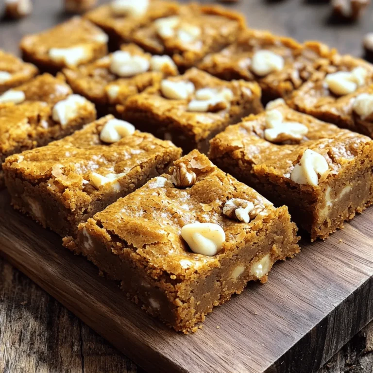To make Brown Butter Pumpkin Blondies, you need these key ingredients: - 1 cup unsalted butter - 1 cup brown sugar - 1/2 cup granulated sugar - 1 cup pumpkin puree - 1 teaspoon ground cinnamon - 1/2 teaspoon ground nutmeg Unsalted butter brings a rich flavor. The brown sugar adds moisture and depth. Granulated sugar gives the blondies a nice balance. Pumpkin puree adds that warm, autumn flavor, while cinnamon and nutmeg give it a cozy spice profile. You can customize your blondies with these optional add-ins: - 1 cup white chocolate chips - 1/2 cup chopped walnuts or pecans White chocolate chips add a creamy sweetness. Nuts provide a crunchy texture. You can mix these in or leave them out based on your taste. For the perfect texture, include these baking essentials: - 2 cups all-purpose flour - 1 teaspoon baking powder - 1 teaspoon baking soda - 1/2 teaspoon salt All-purpose flour is key for structure. Baking powder and baking soda help the blondies rise. Salt enhances all the flavors. You can find the full recipe for these delicious treats in the [Full Recipe]. - Preheat the oven to 350°F (175°C). Grease and line a 9x13 inch baking pan with parchment paper. - In a medium saucepan, melt 1 cup of unsalted butter over medium heat. Stir continually. Watch for it to foam and turn golden brown. This takes about 5-7 minutes. The nutty aroma is key! Remove from heat and let it cool slightly. - In a large bowl, combine 1 cup of brown sugar and 1/2 cup of granulated sugar with the browned butter. Whisk until smooth. - Add 2 large eggs, one at a time. Mix well after each. This helps with the texture. - Stir in 1 teaspoon of vanilla extract and 1 cup of pumpkin puree. Mix until smooth. - In another bowl, whisk together 2 cups of all-purpose flour, 1 teaspoon of baking powder, 1 teaspoon of baking soda, 1 teaspoon of ground cinnamon, 1/2 teaspoon of ground nutmeg, and 1/2 teaspoon of salt. - Gradually fold the dry mix into the wet ingredients until just combined. Be gentle to keep it fluffy. - Pour the batter into your prepared pan. Smooth the top with a spatula for even baking. - Bake in the preheated oven for 25-30 minutes. Insert a toothpick into the center. It should come out clean when done. [Full Recipe] When you brown butter, watch for a golden color and a nutty smell. This change means it's ready. Stir it often to prevent burning. Once you see the color change, remove it from the heat right away. Let it cool for about 10 minutes before mixing. This cooling time helps keep the blondies from becoming too oily. To get the best texture, mix just until combined. Overmixing can lead to tough blondies. You want a fudgy, soft bite. Fold in the dry ingredients gently. This method keeps the blondies moist and chewy. Using fresh spices makes a big difference. Freshly ground cinnamon or nutmeg can boost flavor. They have a brighter taste than store-bought versions. You can also try different sweeteners. Brown sugar gives a deeper flavor, while granulated sugar adds sweetness. Mixing them can create the perfect balance for your blondies. For more tips, check out the Full Recipe for extra guidance! {{image_2}} You can make these blondies even better. Try adding cranberries or chocolate chunks for fun bites. Dried cranberries add a tart flavor. Chocolate chunks bring sweet richness. You can also mix in nuts like walnuts or pecans. They add crunch and flavor, making every bite special. Want to make these blondies gluten-free? Use almond or coconut flour instead of all-purpose flour. Both options work well and keep the taste good. If you need vegan blondies, swap eggs for flax eggs. You can also use coconut oil in place of butter. These changes keep the blondies tasty and enjoyable for everyone. You can spice things up with unique flavors. Try adding ginger or cardamom to the batter. Both spices add warmth and depth. You can also mix in extracts like almond or maple. These extracts enhance the blondies' sweetness and make them extra special. Enjoy experimenting with flavors! To keep your brown butter pumpkin blondies fresh, store them at room temperature. Place them in an airtight container. This helps keep them soft and tasty. You can also use plastic wrap to cover them tightly. Avoid leaving them out uncovered, as they can dry out. If you want to save some for later, freezing blondies is a great option. First, let them cool completely. Then, cut them into squares. Wrap each piece in plastic wrap. Place the wrapped blondies in a freezer-safe bag or container. They can last up to three months in the freezer. To enjoy, take out a few and let them defrost in the fridge overnight. You can also leave them at room temperature for a few hours. When stored at room temperature, these blondies last about three days. If you refrigerate them, they can last up to a week. However, refrigeration may change their texture. They might become a bit firmer and less fudgy. To bring back some softness, just warm them up in the microwave for a few seconds before serving. Enjoy your treats from the [Full Recipe] with these storage tips in mind! No, pumpkin pie filling and puree are not the same. Pumpkin puree is just pure pumpkin. It has no added sugar or spices. Pumpkin pie filling has sugar and spices added, which can change the taste and texture of your blondies. If you want the best flavor, stick with pumpkin puree. If you need to replace eggs, you have options. You can use unsweetened applesauce. It works well in blondies, giving moisture. Use 1/4 cup applesauce for each egg. You can also use flaxseed meal. Mix 1 tablespoon of flaxseed meal with 3 tablespoons of water. Let it sit for five minutes to thicken. This mixture acts like one egg. Look for a few signs to tell if your blondies are done. First, they should look set and slightly golden on the edges. Then, use a toothpick. Insert it in the center; it should come out clean or with a few moist crumbs. If it comes out wet, they need more time to bake. Yes, you can make these blondies ahead of time. Bake them, then cool completely. Store them in an airtight container. They stay fresh for up to five days at room temperature. You can also freeze them. Wrap each blondie tightly and place them in a freezer bag. They can last up to three months frozen. You now have a clear guide for making delicious blondies. We covered essential and optional ingredients, like pumpkin puree and nuts. I shared step-by-step instructions, helpful tips, and ways to store them. You can even adjust recipes for dietary needs. Enjoy baking with these simple steps and tips. Feel free to explore variations that fit your taste. Happy baking!