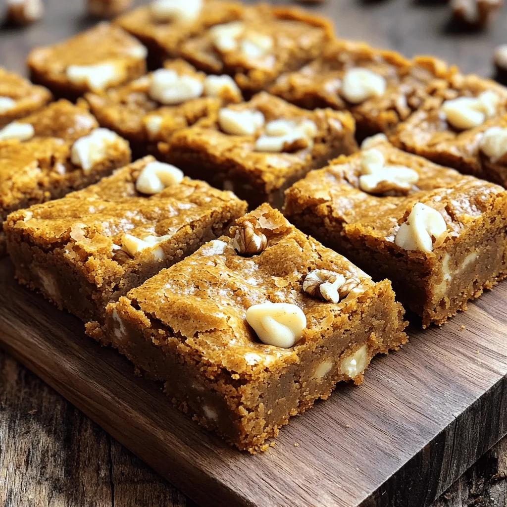 To make Brown Butter Pumpkin Blondies, you need these key ingredients: - 1 cup unsalted butter - 1 cup brown sugar - 1/2 cup granulated sugar - 1 cup pumpkin puree - 1 teaspoon ground cinnamon - 1/2 teaspoon ground nutmeg Unsalted butter brings a rich flavor. The brown sugar adds moisture and depth. Granulated sugar gives the blondies a nice balance. Pumpkin puree adds that warm, autumn flavor, while cinnamon and nutmeg give it a cozy spice profile. You can customize your blondies with these optional add-ins: - 1 cup white chocolate chips - 1/2 cup chopped walnuts or pecans White chocolate chips add a creamy sweetness. Nuts provide a crunchy texture. You can mix these in or leave them out based on your taste. For the perfect texture, include these baking essentials: - 2 cups all-purpose flour - 1 teaspoon baking powder - 1 teaspoon baking soda - 1/2 teaspoon salt All-purpose flour is key for structure. Baking powder and baking soda help the blondies rise. Salt enhances all the flavors. You can find the full recipe for these delicious treats in the [Full Recipe]. - Preheat the oven to 350°F (175°C). Grease and line a 9x13 inch baking pan with parchment paper. - In a medium saucepan, melt 1 cup of unsalted butter over medium heat. Stir continually. Watch for it to foam and turn golden brown. This takes about 5-7 minutes. The nutty aroma is key! Remove from heat and let it cool slightly. - In a large bowl, combine 1 cup of brown sugar and 1/2 cup of granulated sugar with the browned butter. Whisk until smooth. - Add 2 large eggs, one at a time. Mix well after each. This helps with the texture. - Stir in 1 teaspoon of vanilla extract and 1 cup of pumpkin puree. Mix until smooth. - In another bowl, whisk together 2 cups of all-purpose flour, 1 teaspoon of baking powder, 1 teaspoon of baking soda, 1 teaspoon of ground cinnamon, 1/2 teaspoon of ground nutmeg, and 1/2 teaspoon of salt. - Gradually fold the dry mix into the wet ingredients until just combined. Be gentle to keep it fluffy. - Pour the batter into your prepared pan. Smooth the top with a spatula for even baking. - Bake in the preheated oven for 25-30 minutes. Insert a toothpick into the center. It should come out clean when done. [Full Recipe] When you brown butter, watch for a golden color and a nutty smell. This change means it's ready. Stir it often to prevent burning. Once you see the color change, remove it from the heat right away. Let it cool for about 10 minutes before mixing. This cooling time helps keep the blondies from becoming too oily. To get the best texture, mix just until combined. Overmixing can lead to tough blondies. You want a fudgy, soft bite. Fold in the dry ingredients gently. This method keeps the blondies moist and chewy. Using fresh spices makes a big difference. Freshly ground cinnamon or nutmeg can boost flavor. They have a brighter taste than store-bought versions. You can also try different sweeteners. Brown sugar gives a deeper flavor, while granulated sugar adds sweetness. Mixing them can create the perfect balance for your blondies. For more tips, check out the Full Recipe for extra guidance! {{image_2}} You can make these blondies even better. Try adding cranberries or chocolate chunks for fun bites. Dried cranberries add a tart flavor. Chocolate chunks bring sweet richness. You can also mix in nuts like walnuts or pecans. They add crunch and flavor, making every bite special. Want to make these blondies gluten-free? Use almond or coconut flour instead of all-purpose flour. Both options work well and keep the taste good. If you need vegan blondies, swap eggs for flax eggs. You can also use coconut oil in place of butter. These changes keep the blondies tasty and enjoyable for everyone. You can spice things up with unique flavors. Try adding ginger or cardamom to the batter. Both spices add warmth and depth. You can also mix in extracts like almond or maple. These extracts enhance the blondies' sweetness and make them extra special. Enjoy experimenting with flavors! To keep your brown butter pumpkin blondies fresh, store them at room temperature. Place them in an airtight container. This helps keep them soft and tasty. You can also use plastic wrap to cover them tightly. Avoid leaving them out uncovered, as they can dry out. If you want to save some for later, freezing blondies is a great option. First, let them cool completely. Then, cut them into squares. Wrap each piece in plastic wrap. Place the wrapped blondies in a freezer-safe bag or container. They can last up to three months in the freezer. To enjoy, take out a few and let them defrost in the fridge overnight. You can also leave them at room temperature for a few hours. When stored at room temperature, these blondies last about three days. If you refrigerate them, they can last up to a week. However, refrigeration may change their texture. They might become a bit firmer and less fudgy. To bring back some softness, just warm them up in the microwave for a few seconds before serving. Enjoy your treats from the [Full Recipe] with these storage tips in mind! No, pumpkin pie filling and puree are not the same. Pumpkin puree is just pure pumpkin. It has no added sugar or spices. Pumpkin pie filling has sugar and spices added, which can change the taste and texture of your blondies. If you want the best flavor, stick with pumpkin puree. If you need to replace eggs, you have options. You can use unsweetened applesauce. It works well in blondies, giving moisture. Use 1/4 cup applesauce for each egg. You can also use flaxseed meal. Mix 1 tablespoon of flaxseed meal with 3 tablespoons of water. Let it sit for five minutes to thicken. This mixture acts like one egg. Look for a few signs to tell if your blondies are done. First, they should look set and slightly golden on the edges. Then, use a toothpick. Insert it in the center; it should come out clean or with a few moist crumbs. If it comes out wet, they need more time to bake. Yes, you can make these blondies ahead of time. Bake them, then cool completely. Store them in an airtight container. They stay fresh for up to five days at room temperature. You can also freeze them. Wrap each blondie tightly and place them in a freezer bag. They can last up to three months frozen. You now have a clear guide for making delicious blondies. We covered essential and optional ingredients, like pumpkin puree and nuts. I shared step-by-step instructions, helpful tips, and ways to store them. You can even adjust recipes for dietary needs. Enjoy baking with these simple steps and tips. Feel free to explore variations that fit your taste. Happy baking!