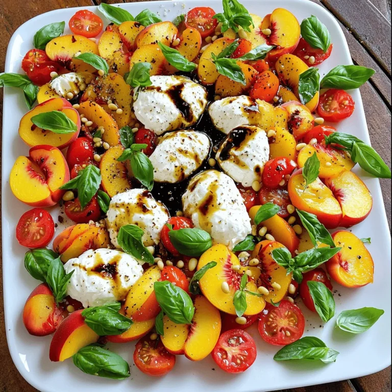 - 2 ripe peaches, sliced - 8 ounces fresh burrata cheese - 2 cups cherry tomatoes, halved - 1 cup fresh basil leaves - 3 tablespoons balsamic glaze - 2 tablespoons extra-virgin olive oil - Salt and pepper to taste - 1/4 cup toasted pine nuts (optional) This salad shines with a few simple, fresh ingredients. The peaches offer a sweet touch, while burrata adds creaminess. Cherry tomatoes bring a burst of flavor, and basil gives a fragrant lift. Balsamic glaze and olive oil tie everything together with a tasty drizzle. Salt and pepper add the finishing touch. - Alternative cheeses: You can use mozzarella or feta cheese as a substitute for burrata. Both add unique flavors. - Seasonal fruit options: Try using ripe figs or nectarines in place of peaches for a different taste. - Different types of balsamic glaze: If you don’t have balsamic glaze, regular balsamic vinegar works well. Just drizzle a little more for sweetness. You can find the Full Recipe for the Peach Burrata Caprese Salad to guide you through the delicious steps! First, wash the peaches and cherry tomatoes well under cold water. This step ensures they are clean and fresh. Next, slice the peaches into thin wedges. Also, halve the cherry tomatoes. This helps in creating a nice mix of flavors and textures. Now, grab a large platter. Arrange the peach slices evenly, fanning them out. This will create a beautiful base for your salad. Now it’s time to layer the salad. Take the burrata cheese and tear it into pieces. Place these gently on top of the peach slices. This cheese adds a creamy texture that pairs well with the sweet peaches. Then, scatter the halved cherry tomatoes around the burrata and peaches. This adds vibrant color and a burst of flavor. Finally, tear the fresh basil leaves. Sprinkle them over the salad for a fragrant touch. Next, drizzle the extra-virgin olive oil over the entire salad. This adds richness and depth. Follow this by adding balsamic glaze. This adds a sweet tang that complements the peaches and cheese. Finally, season the salad with salt and pepper to taste. Adjust this according to your preference. If you want an extra crunch, sprinkle toasted pine nuts on top. This simple step enhances flavor and adds texture. For the complete method, refer to the Full Recipe. When selecting peaches, look for ones that are soft but not mushy. A ripe peach should yield slightly when you press it. Here are some tips for choosing the best fruit: - Choose peaches with a vibrant color. - Smell the peach; a sweet aroma means it's ripe. - Avoid peaches with blemishes or dark spots. I recommend using yellow peaches for their sweet flavor. White peaches are also good if you want something sweeter and juicier. Burrata cheese adds creaminess to your salad. To serve it right, tear the burrata gently with your hands. Use a sharp knife for clean cuts if needed. Here are some tips for keeping it fresh: - Store burrata in its liquid to keep it moist. - Keep it in the fridge and use it within a few days for the best taste. To make your salad shine, balance the flavors well. Sweet peaches and creamy burrata work great together. Here are some tips to achieve that balance: - Use fresh basil for a fragrant touch. - Drizzle balsamic glaze to add sweetness and acidity. - Season with salt and pepper to enhance the flavors. Feel free to add spices like crushed red pepper for a kick or even some toasted pine nuts for crunch. Check out the Full Recipe for all the details! {{image_2}} You can switch up flavors based on the season. In fall, try adding figs or apples. They bring a sweet and earthy taste that pairs well with the salad. In summer, add peppery arugula or fresh mint for a cool twist. These greens brighten the dish and add extra crunch. If you want a vegan option, replace burrata with cashew cheese or tofu. They mimic the creamy texture without dairy. For gluten-free and dairy-free versions, ensure your balsamic glaze is gluten-free. You can also skip the pine nuts to avoid nuts if needed. This salad shines next to grilled chicken or shrimp. The light flavors balance well with protein. For drinks, try a crisp white wine or sparkling lemonade. Both drinks enhance the fresh taste of the salad. Each bite feels like a summer day! For the Full Recipe, check the ingredients and cooking steps to bring this salad to life! To keep your Peach Burrata Caprese Salad fresh, store it in an airtight container. Make sure to cover it well to prevent air from spoiling the flavors. The salad stays good in the fridge for up to two days. After that, the peaches might get mushy, and the cheese will lose its creaminess. You can prepare parts of the salad ahead of time. Slice the peaches and tomatoes a few hours before serving. However, keep the burrata separate until you're ready to eat. This helps maintain its creamy texture. For the best flavor, store the salad components in separate containers. It helps keep everything fresh and tasty when you mix them right before serving. Freezing the entire salad is not a great idea. The peaches and burrata do not freeze well and will lose their texture. You can freeze sliced peaches if you want to use them later. Just wash and slice them first, then place them in a freezer bag. For burrata, I don’t recommend freezing it, as it will become watery when thawed. Enjoy this salad fresh for the best taste! For the full recipe, check out the linked section above. To ripen peaches, place them in a paper bag. This method traps the ethylene gas they emit. Keep them at room temperature for a few days. Check daily until they feel soft to the touch. You can also place them near bananas for quicker ripening. Yes, you can prepare parts of the salad ahead. Slice the peaches and tomatoes, but keep them separate. Burrata is best added just before serving. This way, it stays fresh and creamy. Make the salad right before you eat it for the best flavor. Burrata cheese offers several health benefits. It is rich in calcium, which supports strong bones. It contains protein, which helps build muscle. Burrata also has healthy fats that provide energy. Just remember to enjoy it in moderation due to its richness. To make the salad more filling, add protein. Grilled chicken or shrimp works well. You can also include quinoa or farro for a hearty touch. For a vegetarian option, add chickpeas or avocado. These additions will keep you satisfied longer. Feel free to mix it up with seasonal fruits. In fall, use figs or apples for sweetness. Winter can feature pomegranate seeds for a pop of color. In spring, add fresh peas or asparagus for crunch. Each season offers unique flavors to explore! For the complete Peach Burrata Caprese Salad recipe, check out the [Full Recipe](#). This blog post showed you how to create a vibrant peach burrata salad. We covered fresh ingredients, steps for assembly, and tips for choosing the best flavors. Remember, seasonal fruits and proper handling of burrata make a big difference. Use the storage tips to ensure your salad stays fresh. Don’t hesitate to experiment with variations to make it your own. Enjoy this dish as a light meal or a stunning side. You’re ready to impress with your new culinary skills!