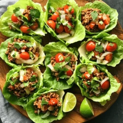 - 1 pound ground turkey - 1 tablespoon olive oil - 1 small onion, finely chopped - 2 cloves garlic, minced - 1 tablespoon chili powder - 1 teaspoon cumin - 1/2 teaspoon smoked paprika - Salt and pepper to taste - 1 cup cherry tomatoes, halved - 1/2 cup corn (fresh or canned) - 1/4 cup fresh cilantro, chopped - Juice of 1 lime - 1 head of iceberg or butter lettuce, leaves separated Let’s talk about these ingredients. Ground turkey serves as the main protein. It’s lean and flavorful. I always look for quality turkey. The olive oil adds a nice richness. Onions and garlic are your flavor base. They bring depth to the dish. I chop the onion finely for even cooking. The chili powder, cumin, and smoked paprika add warmth and spice. Adjust these to fit your taste. Cherry tomatoes add a fresh, juicy pop. I love their sweetness in this recipe. Corn gives a nice texture. Fresh cilantro brightens the flavor. The lime juice adds acidity, balancing everything. Lastly, the lettuce wraps hold everything together. I prefer iceberg or butter lettuce. They’re crisp and sturdy, perfect for wrapping. For the full recipe, check the section above. 1. Heat 1 tablespoon of olive oil in a large skillet over medium heat. 2. Add 1 small chopped onion. Sauté the onion until it turns soft and clear, about 3-4 minutes. 3. Next, add 2 minced cloves of garlic. Cook this for about 1 minute, stirring often to keep it from burning. 4. Increase the heat to medium-high. Add 1 pound of ground turkey to the skillet. Brown the turkey, breaking it up with a spatula. This should take about 5-7 minutes. 1. Now it’s time to add flavor. Stir in 1 tablespoon of chili powder, 1 teaspoon of cumin, and 1/2 teaspoon of smoked paprika. 2. Season with salt and pepper to taste. Mix this well and cook for another 2-3 minutes. The spices should smell amazing. 3. Remove the skillet from the heat. Gently fold in 1 cup of halved cherry tomatoes, 1/2 cup of corn, 1/4 cup of chopped cilantro, and the juice of 1 lime. 4. To serve, take a lettuce leaf and spoon a generous amount of the turkey mix onto it. 5. Wrap the lettuce around the turkey mix like a taco. Repeat this with the rest of the leaves and filling. These turkey taco lettuce wraps are full of flavor and are great for a fresh meal. Check out the Full Recipe for more details! - Ensuring the turkey is cooked thoroughly: Cook the turkey until it’s brown. Use a meat thermometer to check the internal temperature. It should reach 165°F (75°C) for safe eating. This keeps your meal healthy and tasty. - Adjusting spice levels to taste: If you like heat, add more chili powder. For a milder taste, reduce it. Always taste the meat mixture before you serve. This way, you can tweak it to your liking. - Keeping the mixture moist: To avoid dryness, don’t overcook the turkey. Adding lime juice and fresh tomatoes at the end helps keep the mix juicy. If it seems dry, a splash of broth can help. - Arranging wraps visually appealing: Place the lettuce wraps on a large platter. Arrange them neatly for a colorful display. This makes your meal inviting and fun to eat. - Garnishing suggestions with cilantro and lime: Sprinkle fresh cilantro on top of the wraps. Add lime wedges around the platter. This adds color and a fresh scent, enhancing the dish's appeal. - Serving ideas for a complete meal: Serve these wraps with a side of black beans or rice. You can also add some tortilla chips for crunch. This gives a nice balance to your meal. For the full recipe, be sure to check out the main article! {{image_2}} You can easily swap out the turkey for chicken or beef. Each option gives a different taste. Chicken is lighter, while beef is richer and heartier. Try them based on what you like. If you want to change the wraps, consider using collard greens or Swiss chard. These greens add a fun twist. They also hold the filling well, just like lettuce. Adding extra veggies or beans is a great way to boost nutrition. Bell peppers, zucchini, or black beans can mix well with the turkey. These additions make your meal colorful and tasty. For a richer flavor, add cheese. Options like cheddar, feta, or pepper jack can work well. Just sprinkle cheese on top before wrapping the lettuce. Using different spices can make your tacos special. Try taco seasoning, paprika, or even curry powder. Each spice adds its own flair to the dish. You can also spice things up with hot sauce. A few drops can add heat and flavor. Or, serve your wraps with dipping sauces like salsa or guacamole. These add extra layers of taste and fun to your meal. If you want the full experience, check out the Full Recipe for detailed steps! To keep your turkey taco lettuce wraps fresh, follow these tips: - Place the turkey mixture in an airtight container. - Store it in the fridge for up to 3 days. - Keep the lettuce leaves separate to prevent wilting. After a few days, the turkey mixture may lose flavor and quality. It’s best to enjoy them fresh. If you have extra turkey mixture, you can freeze it. Here’s how: - Let the mixture cool completely. - Spoon it into a freezer-safe bag or container. - Remove as much air as possible before sealing. - Label the bag with the date and freeze for up to 3 months. When you’re ready to eat, thaw the mixture in the fridge overnight. To reheat: - Warm it in a skillet over medium heat until hot. - You can also microwave it for 1-2 minutes, stirring halfway. Serve the reheated mixture in fresh lettuce leaves for a tasty meal. For the full recipe, check out the earlier section! Can I use different types of lettuce? Yes, you can use various lettuces. Iceberg is great for its crispness. Romaine adds a nice crunch. Butter lettuce is soft and easy to wrap. Choose what you like best. What are some side dishes to pair with turkey taco lettuce wraps? You can serve corn salad for freshness. Black beans add protein and flavor. A side of guacamole or salsa is always a hit. Rice can be a nice touch too. How can I make this recipe gluten-free or dairy-free? To make it gluten-free, ensure your spices are free from gluten. Use corn tortillas if you want a wrap. For dairy-free, skip cheese or use a dairy-free option. Can I meal prep these wraps ahead of time? Yes, you can prep the turkey mix in advance. Store it in the fridge for up to three days. Prepare lettuce just before serving for the best crunch. What are the nutritional benefits of using lettuce wraps? Lettuce wraps are low in carbs and calories. They add fiber and hydration. You can fill them with lean protein and fresh veggies for a balanced meal. How do I know when the turkey is fully cooked? Cook the turkey until it's no longer pink. Use a meat thermometer for safety. The internal temperature should reach 165°F. This ensures it is safe to eat. In this blog post, we explored a tasty turkey taco lettuce wrap recipe. We covered every aspect, from ingredients to step-by-step instructions and helpful tips. You learned about variations, storage options, and common questions. Cooking should be fun and simple. This recipe offers healthy choices and exciting flavors. Try it out and enjoy making it your own! With a few tweaks, you can create the perfect meal for you and your family.