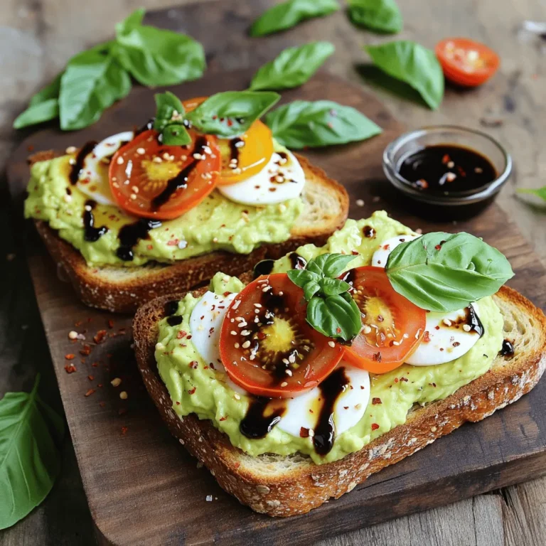 - 2 slices of whole grain or sourdough bread - 1 ripe avocado - 1 medium tomato, sliced (preferably heirloom) - 1 ball of fresh mozzarella cheese, sliced - Fresh basil leaves - 1 tablespoon balsamic glaze - 1 tablespoon olive oil - Salt and pepper to taste - Red pepper flakes (optional) In your quest to make Caprese avocado toast, gather these fresh ingredients. The bread forms the base, so choose a hearty sourdough or whole grain. The ripe avocado adds creaminess. I love using heirloom tomatoes for their flavor and color. Fresh mozzarella gives a lovely, rich taste. Basil leaves bring a fragrant touch. Balsamic glaze adds sweetness, while olive oil enhances richness. Don't forget salt and pepper for seasoning. If you like heat, red pepper flakes add a fun kick. - Caloric content: About 300 calories per serving. - Macronutrients breakdown: Roughly 20g of fat, 30g of carbs, and 6g of protein. - Health benefits of ingredients: This toast is full of healthy fats from avocado. Tomatoes provide vitamins like C and K. Basil has anti-inflammatory properties. - Toaster or toaster oven - Mixing bowl - Fork - Cutting board and knife You will need a few tools to make this dish easy. A toaster or toaster oven crisps the bread perfectly. A mixing bowl is essential for mashing the avocado. Use a fork to mash it smoothly. A cutting board and knife help slice the tomatoes and cheese. With these tools, you’ll create a delicious meal in no time. For the full recipe, follow the steps carefully and enjoy! To make great Caprese Avocado Toast, start by toasting your bread. I like using whole grain or sourdough for extra flavor. Set your toaster to a medium setting. Toast each slice until it's golden brown and crispy. This texture adds a nice crunch to your dish. Keep an eye on it to avoid burning! Next, let’s prepare the avocado. Cut it in half and remove the pit carefully. Use a spoon to scoop out the flesh into a bowl. Mash the avocado with a fork until it's creamy. Drizzle in a tablespoon of olive oil and add a pinch of salt and pepper. Mix well to enhance the flavor. This creamy base is essential for the toast. Now, it’s time to build your toast. Spread a generous layer of mashed avocado on each slice of bread. Next, layer fresh mozzarella slices right on top. Then, add the tomato slices, alternating their placement for a colorful look. Tuck fresh basil leaves between the layers for an aromatic touch. Drizzle balsamic glaze over the top for sweetness. If you like some heat, sprinkle red pepper flakes on top. Finish with a last sprinkle of salt and pepper to boost the taste. For the full recipe, check the detailed steps above. Enjoy your delicious Caprese Avocado Toast with friends or family! For a great Caprese Avocado Toast, start with ripe avocados. Look for avocados that yield slightly when you press them. If they feel hard, they are not ripe yet. For tomatoes, I recommend heirloom varieties. They are colorful and packed with flavor. Choose tomatoes that are firm but not hard. The best mozzarella is fresh and soft. Look for mozzarella packed in water for the best taste. You can add extra toppings to boost flavor. Try adding a sprinkle of sea salt or fresh cracked pepper. For a kick, use red pepper flakes. You can also drizzle a bit of olive oil on top. If you want a sweeter taste, consider using a balsamic reduction instead of glaze. It adds depth to your dish. To make your toast look stunning, serve it on a wooden board or a bright plate. Stack the layers high for a vibrant look. Add a few extra basil leaves on the side for color. For a fancy touch, place a small dish of balsamic glaze next to the toast. This way, guests can add more glaze if they like. Enjoy this beautiful dish right away for the best flavor! {{image_2}} For a fresh twist, use seasonal produce. In summer, swap in ripe heirloom tomatoes. In fall, try roasted butternut squash for sweetness. You can also mix in seasonal herbs, like dill or chives, to change the flavor. If you want a zing, add sliced radishes for crunch. Caprese Avocado Toast can be more filling with protein. Grilled chicken or shrimp makes it heartier. Simply grill your protein with a pinch of salt and pepper. Place it on top of the cheese for a tasty bite. This way, you can enjoy a balanced meal that still feels light. If you need gluten-free options, use gluten-free bread. Many brands offer great tasting choices you can find at local stores. For a vegan touch, replace mozzarella with avocado or a nut-based cheese. These swaps keep the flavors fresh and satisfying without dairy. For the full recipe, check out the Caprese Avocado Toast with a Twist. To keep your Caprese avocado toast fresh, store it properly. Use an airtight container. This helps prevent air from drying out your toast. I recommend eating leftovers within one day. The bread may lose its crunch over time. Reheating toast can be tricky. You want it warm but not soggy. Use a toaster or a toaster oven. This method keeps the texture nice and crispy. Avoid using a microwave as it makes the bread chewy. You can’t freeze the assembled toast. The avocado and tomato won’t taste good after thawing. Instead, freeze ingredients separately. For example, mash the avocado and store it in a freezer bag. This way, you can enjoy fresh flavors later. Caprese Avocado Toast combines fresh ingredients. This dish features creamy avocado, ripe tomato, and rich mozzarella. You get a burst of flavor with every bite. The fresh basil adds a lovely aroma. Drizzling balsamic glaze brings a sweet touch, balancing the tastes. It’s vibrant, healthy, and easy to make. Making Caprese Avocado Toast takes just 15 minutes. The prep time is about 10 minutes, and toasting takes 5 minutes. If you want to save time, toast the bread while you mash the avocado. This way, you finish quickly and enjoy your meal. You can prep some parts in advance. Slice the tomato and mozzarella a few hours before serving. Store them in the fridge to keep them fresh. However, wait to mash the avocado until just before serving. This keeps it bright and green. Enjoy your toast fresh for the best taste. In this post, we explored how to make Caprese Avocado Toast. We covered ingredients, nutritional data, and equipment needed for the perfect dish. You learned step-by-step instructions, tips for flavor, and ways to present your toast beautifully. In closing, this dish is simple, delicious, and allows for fun variations. Take your time, enjoy the process, and create something truly satisfying. Happy toasting!
