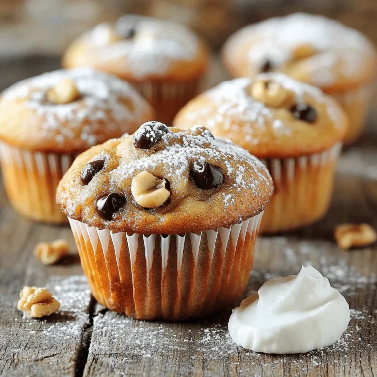 To make these tasty banana bread muffins, you need: - 3 ripe bananas, mashed - 1/3 cup melted coconut oil - 1/2 cup brown sugar - 1 large egg, beaten - 1 teaspoon vanilla extract - 1 teaspoon baking soda - Pinch of salt - 1 cup all-purpose flour These fresh ingredients work together to create a moist and flavorful muffin. Ripe bananas give the best sweetness and texture. If you want to add some fun flavors, consider these optional add-ins: - 1/2 cup walnuts, chopped - 1/4 cup dark chocolate chips The walnuts add a nice crunch. Dark chocolate chips bring a sweet twist. You can mix and match these add-ins based on your taste. To make your baking process smooth, gather these kitchen tools: - Muffin tin - Mixing bowls - Spoon or cookie scoop - Oven Having the right tools can make your baking time more enjoyable. A good muffin tin helps shape the muffins perfectly. Always preheat your oven for best results. For more detailed steps, check the Full Recipe. First, gather your ingredients. You will need 3 ripe bananas, melted coconut oil, brown sugar, an egg, vanilla extract, baking soda, salt, flour, and any optional add-ins like walnuts or chocolate chips. Start by preheating your oven to 350°F (175°C). Line a muffin tin with paper liners or grease it lightly. In a large bowl, mash the bananas well. Then, mix in the melted coconut oil until smooth. Next, add in the brown sugar and the beaten egg. Stir these ingredients until they blend well. Then, pour in the vanilla extract and mix again. Now, sprinkle the baking soda and salt over the top. Fold them gently into the mixture. Gradually add the flour, mixing until just combined. Be careful not to overmix. If you want, fold in the chopped walnuts or dark chocolate chips. Once your batter is ready, scoop it into the muffin tin. Fill each cup about 2/3 full to allow space for rising. Place the tin in your preheated oven. Bake for 18-20 minutes. You can check if they are done by inserting a toothpick into the center of a muffin. If it comes out clean, they are ready! After baking, remove the tin from the oven. Let the muffins cool in the tin for about 5 minutes. This helps them set and makes them easier to take out. Then, transfer them to a cooling rack. You can serve these muffins warm. For a tasty touch, dust them with powdered sugar or add a dollop of coconut yogurt on the side. They are a delightful treat! Enjoy your savory banana bread muffins! To keep your muffins moist, use ripe bananas. They should be soft and spotty. The more ripe they are, the sweeter and moister your muffins will be. Also, add coconut oil to the mix. This fat keeps the muffins tender. Avoid overmixing the batter. Mix just until the flour disappears. This helps trap air, making your muffins fluffy. One big mistake is using unripe bananas. They won’t give you the flavor or moisture you want. Another common error is measuring flour incorrectly. Always spoon flour into your measuring cup and level it off. Too much flour makes muffins dry. Lastly, don’t skip the cooling time. Letting them cool keeps them from getting soggy. Store your muffins in an airtight container. This keeps them fresh. You can leave them at room temperature for up to three days. If you want to keep them longer, freeze them. Wrap each muffin in plastic wrap and place them in a freezer bag. They can last up to three months. When you want one, just thaw it at room temperature or warm it in the oven. For the full recipe, check out the Banana Bliss Muffins section. {{image_2}} If you want nut-free banana bread muffins, just skip the nuts. Use the same recipe. The muffins will still taste great. You can also add seeds for crunch. Try sunflower or pumpkin seeds. They give a nice texture without the nuts. To make vegan banana bread muffins, replace the egg. Use a flax egg instead. Mix one tablespoon of flaxseed meal with three tablespoons of water. Let it sit for five minutes to thicken. You can also swap the coconut oil for applesauce. This keeps the muffins moist and tasty. For gluten-free banana bread muffins, use a gluten-free flour blend. Measure it just like regular flour. Look for blends that include xanthan gum. This helps bind the ingredients. You can still add chocolate chips or seeds. They add flavor and fun to your muffins. For the full recipe, check out Banana Bliss Muffins . Store your unbaked batter in a bowl covered with plastic wrap. Place it in the fridge for up to 24 hours. This keeps the batter fresh and ready to bake. If you want to bake later, just stir it gently before filling the muffin cups. Let your baked muffins cool completely on a rack. Once cool, place them in an airtight container. They stay fresh at room temperature for about two days. For longer storage, keep them in the fridge for up to a week. Just remember to seal them well to keep moisture out. You can freeze these muffins for later. Wrap each muffin in plastic wrap and then in foil. Store them in a freezer bag. They can last for up to three months. To reheat, unwrap and place them in the microwave for about 20-30 seconds or in the oven at 350°F for 10-15 minutes. Enjoy them warm for the best taste! For the full recipe, check out the recipe section above. For the best flavor, use very ripe bananas. Look for bananas that are brown and soft. The riper they are, the sweeter and more flavorful your muffins will be. This natural sweetness reduces the need for extra sugar. You can also mash them easily, making your prep quicker. Yes, you can substitute some ingredients. For the oil, you may use melted butter if you prefer. If you want a lower sugar option, try using honey or maple syrup instead of brown sugar. Almond flour can replace all-purpose flour for a gluten-free muffin. Just keep in mind, each swap may change the texture slightly. You can check if the muffins are done by inserting a toothpick into the center. If it comes out clean, the muffins are ready. Another way is to look for a golden brown color on top. They should feel springy to the touch. If you press gently, they should bounce back. If you want to dive deeper into making these muffins, check out the Full Recipe for more details! Now you know how to make delicious banana bread muffins. Fresh ingredients, careful steps, and smart tips make all the difference. Remember to store them properly to keep them fresh. Variations let you try nut-free, vegan, or gluten-free options. You can easily switch ingredients for your taste. With this guide, you are ready to bake your perfect batch. Enjoy these muffins warm or freeze them for later. Happy baking!