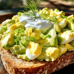 - 4 large eggs - 1 ripe avocado - 1 tablespoon Greek yogurt - 1 tablespoon Dijon mustard - 1 teaspoon lemon juice - 1 tablespoon fresh dill, chopped - 1 green onion, finely sliced - Salt and pepper to taste Gather these fresh ingredients to make a creamy avocado egg salad that is both tasty and healthy. The ripe avocado brings a smooth texture, while the eggs add protein. Greek yogurt gives it a nice creaminess. Dijon mustard adds a hint of zing, and lemon juice brightens the flavors. Fresh dill and green onion give it a burst of freshness. When you choose your avocado, look for one that is slightly soft but not mushy. This will ensure your salad has the best flavor and texture. The eggs should be large and fresh for the best results. This recipe is a perfect way to enjoy a nutritious meal. You can serve it on bread, in a lettuce cup, or even on its own. If you want the full details on how to make this delicious dish, check out the Full Recipe. Start by boiling the eggs. Place them in a saucepan and cover them with cold water. Bring the water to a gentle boil over medium heat. Once it starts boiling, cover the pot and take it off the heat. Let it rest for 12 to 14 minutes. This method helps the eggs cook evenly and stay tender. After the resting time, transfer the eggs to a bowl filled with ice water. This step cools the eggs quickly and makes them easier to peel. Let them sit in the ice water for about 5 to 10 minutes. Once cooled, peel the eggs and chop them into small pieces. Now, let’s prepare the avocado. Take your ripe avocado and cut it in half. Remove the pit and scoop the flesh into a mixing bowl. Use a fork to mash the avocado until it’s smooth. You want a creamy base for your salad. Next, add one tablespoon of Greek yogurt and one tablespoon of Dijon mustard to the mashed avocado. Squeeze in one teaspoon of lemon juice for brightness. Add chopped dill, salt, and pepper. Mix everything well until combined. This mixture should be rich and flavorful. Now it’s time to bring it all together. Gently fold the chopped eggs into the avocado mixture. Be careful not to mash the eggs too much. You want to keep some texture. Then, add finely sliced green onion for a fresh crunch. Finally, taste the mixture. Adjust the seasoning with more salt and pepper if needed. This is your chance to make it perfect. You can now enjoy your creamy avocado egg salad, or check the Full Recipe for more tips. To get the best texture for your avocado egg salad, think about how you mash the avocado. I like to mash it until smooth, but you can leave it a bit chunky if you prefer. This gives your salad a nice bite. Also, use ripe avocados. They mash easily and blend well with eggs. Make sure your eggs are cool before you chop them. This helps keep their shape and mix better. Herbs and spices can really boost the flavor. I suggest adding fresh dill, as it pairs well with both avocado and eggs. You can also try parsley or cilantro for a different taste. For extra creaminess, consider mixing in some more Greek yogurt or even a splash of sour cream. You can also try a bit of garlic powder for a nice kick. Serving your egg salad on toasted whole grain bread is a great choice. It adds crunch and flavor. If you want something lighter, use lettuce cups instead. They make a fresh and fun wrap. Garnish your dish with extra dill or sliced green onions. This adds color and a fresh touch to your meal. For the full recipe, check out the Creamy Avocado Egg Salad. {{image_2}} To make a lighter version of avocado egg salad, consider using Greek yogurt instead of some avocado. Greek yogurt adds creaminess and protein without the extra fat. You can also swap out Dijon mustard for a milder option. Try using a whole grain mustard for a nice twist. Spice can elevate your avocado egg salad. Adding a sprinkle of paprika brings warmth. If you like heat, cayenne pepper is a great choice. Fresh herbs can also change the flavor. Try basil, cilantro, or parsley to give your salad a fresh touch. If you're looking for vegan-friendly options, replace eggs with chickpeas. Mash them up to mimic the texture. For a gluten-free version, serve the salad in lettuce cups instead of bread. This keeps it light and crunchy while still being delicious. To keep your avocado egg salad fresh, store it in the fridge. Use an airtight container to seal in the flavor. I find that glass containers work best. They keep the salad fresh and let you see what’s inside. This salad lasts about three days in the fridge. After that, the eggs and avocado may spoil. Look for signs like a sour smell or brown color. If you see these, it’s best to toss it out. Don’t waste any leftovers! You can use the salad as a spread on sandwiches. It also tastes great in a wrap or with crackers. Try adding it to a salad for extra flavor. You can find more ideas in the Full Recipe section. Yes, you can make avocado egg salad ahead of time. I suggest storing it in the fridge for up to two days. Keep it in an airtight container. This will help keep it fresh. If you make it too early, the avocado may brown. To prevent this, add a bit more lemon juice. This helps to keep the color bright. To pick a ripe avocado, look for a few signs. First, check the skin. It should be dark green or nearly black. Next, gently squeeze the avocado. If it feels slightly soft but not mushy, it is ripe. Also, check the stem. If it comes off easily and is green underneath, the avocado is ripe. If it’s brown, the avocado is overripe. Avocado egg salad pairs well with many dishes. You can serve it on toasted bread for a sandwich. It also works great in lettuce cups for a fresh bite. Pair it with fresh veggies like carrots or cucumber sticks. You can also enjoy it with whole grain crackers for a crunchy side. Each of these options adds a nice touch to your meal. Want more ideas? Check out the Full Recipe for tasty serving suggestions. This blog covered a tasty avocado egg salad recipe. You learned the needed ingredients and how to prep each part. We also shared tips for great texture and flavor. You have options for different diets and how to store leftovers. In closing, this salad is simple, fresh, and versatile. I hope you enjoy making it!