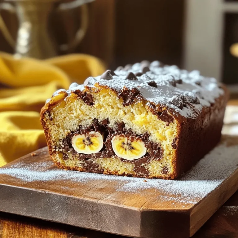 To make this tasty treat, you need simple ingredients. Here’s what you will use: - 3 ripe bananas, mashed - 1/2 cup unsalted butter, melted - 1/2 cup brown sugar - 1/4 cup granulated sugar - 2 large eggs - 1 teaspoon vanilla extract - 1 teaspoon baking soda - Pinch of salt - 1 1/2 cups all-purpose flour - 1 cup semi-sweet chocolate chips These ingredients work together to create a moist and sweet banana bread. You can add some extras to make it your own. Here are a few ideas: - 1/2 cup chopped walnuts - 1/2 teaspoon cinnamon - 1/2 cup shredded coconut These optional add-ins add flavor and texture. Feel free to mix and match based on your taste. Gather some tools to help you bake. Here’s what you will need: - 9x5-inch loaf pan - Large mixing bowl - Whisk or fork - Spatula - Measuring cups and spoons Having the right equipment makes the process smooth and fun. Once you have everything, you’re ready to bake! For the complete process, check the Full Recipe. Start by preheating your oven to 350°F (175°C). Grab a large bowl. Mash three ripe bananas with a fork until they are smooth. You want a creamy texture. Next, melt half a cup of unsalted butter. Add this melted butter to your mashed bananas. Stir them together well until they blend nicely. Now, it’s time to sweeten things up! Add half a cup of brown sugar and a quarter cup of granulated sugar. Mix until the sugars dissolve into the banana and butter mixture. Beat in two large eggs, one at a time. Finally, add a teaspoon of vanilla extract for extra flavor. Ensure all the ingredients are mixed well. In another bowl, whisk together a teaspoon of baking soda, a pinch of salt, and one and a half cups of all-purpose flour. This step is key to getting your banana bread just right. Slowly add the dry ingredients to your wet mixture. Use a spatula to fold them together gently. Do not overmix; just blend until you see no dry flour. Now, it’s time for the fun part! Stir in one cup of semi-sweet chocolate chips. If you like nuts, you can also add half a cup of chopped walnuts. Make sure the chocolate chips and nuts spread evenly throughout the batter. Pour your batter into a greased 9x5-inch loaf pan. Smooth the top with a spatula to even it out. Place the pan in the oven and bake for 60 to 65 minutes. To check if it’s done, insert a toothpick into the center. If it comes out clean, your banana bread is ready! Once baked, let it cool in the pan for about 10 minutes. After that, transfer it to a wire rack to cool completely. The aroma in your kitchen will be amazing! You can find the full recipe for more details. When picking bananas, look for ripe ones. Ripe bananas are yellow with brown spots. These spots mean the sugars have developed, making the fruit sweeter. Avoid green bananas; they are not sweet enough for your bread. If you need bananas to ripen fast, place them in a paper bag. The bag traps gases that speed up ripening. One common mistake is overmixing the batter. Mix just until the dry ingredients vanish. If you mix too much, your bread can become dense. Also, make sure your oven is at the right temperature. An oven that is too hot can burn the bread. Use an oven thermometer to check the heat. Lastly, don’t skip the cooling time. Letting it cool helps improve the flavor and texture. To boost flavor, add a dash of cinnamon or nutmeg. These spices give the bread a warm taste. You can also use chopped walnuts for crunch. For more chocolate, try using dark chocolate chips. They add a rich taste that pairs well with bananas. If you like a sweeter bread, add more sugar. Just remember to adjust the other wet ingredients to keep the right texture. For the complete recipe, check the [Full Recipe]. {{image_2}} If you want a healthier version of chocolate chip banana bread, try using whole wheat flour instead of all-purpose flour. Whole wheat adds fiber and nutrients. You can also replace some or all of the sugar with a sugar substitute like honey or maple syrup. These options add sweetness without a lot of empty calories. You can boost the flavor of your banana bread with spices. Adding a teaspoon of cinnamon or nutmeg can make a big difference. You might also want to toss in some chopped nuts. Walnuts or pecans add a nice crunch and a nutty taste. Chocolate chips and nuts together create a great mix! The type of chocolate you use can change your bread's flavor. Semi-sweet chocolate chips are classic, but you can try dark chocolate for a richer taste. If you like a sweeter bread, use milk chocolate chips. You can even mix different types of chocolate for a fun twist. Experiment and find your favorite combo! For the full recipe, check out the Choco-Banana Delight. To keep your chocolate chip banana bread fresh, store it in an airtight container. Place parchment paper between slices to avoid sticking. If your home is warm, refrigerate it to prevent spoilage. It will stay fresh for about 3 to 5 days at room temperature. Freezing banana bread is easy and a great way to save it. First, let the bread cool completely. Then, wrap it tightly in plastic wrap. You can also use aluminum foil for extra protection. Label the package with the date. It will last up to 3 months in the freezer. When you're ready to enjoy it, simply thaw it in the fridge overnight or at room temperature. To enjoy warm banana bread, preheat your oven to 350°F (175°C). Place the slices on a baking sheet and heat for about 10 minutes. You can also use a microwave. Heat each slice for about 15 to 20 seconds. If you want, spread some butter on top for extra flavor. For a delicious twist, add a sprinkle of cinnamon or sugar before reheating. To make your banana bread moist, use ripe bananas. The riper the bananas, the better the flavor. Mash them well before mixing. Also, don’t overmix the batter. Mix just until combined. Adding a bit of sour cream or yogurt can help too. This adds moisture without changing the taste. Yes, you can use frozen bananas. Just let them thaw first. They become soft and easy to mash. This also brings out their sweetness. Drain excess liquid before adding to your mix. Frozen bananas work great in this recipe and save time. If you need an egg substitute, try mashed bananas. Use 1/4 cup of mashed banana per egg. You can also use applesauce or yogurt. Each option keeps the bread moist and tasty. Choose what you like best for your recipe. In this post, we covered how to make delicious chocolate chip banana bread. We looked at key ingredients and equipment you need. I shared step-by-step instructions to guide you through the process. Plus, I offered tips and tricks to avoid common mistakes and enhance your bread's flavor. You also learned about variations and storage methods. Remember, banana bread is fun to make and great for sharing. Enjoy your baking adventure and impress others with your tasty treats!