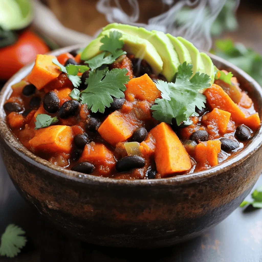 For a savory sweet potato black bean chili, here’s what you need: - 2 medium sweet potatoes, peeled and diced - 1 can (15 oz) black beans, drained and rinsed - 1 can (14 oz) diced tomatoes with green chilies - 1 medium onion, chopped - 3 cloves garlic, minced - 2 tablespoons chili powder - 1 teaspoon cumin - 1 teaspoon smoked paprika - 1 bell pepper, diced (any color) - 2 cups vegetable broth - 1 tablespoon olive oil - Salt and pepper to taste - Fresh cilantro, for garnish - Avocado slices, for serving (optional) These ingredients come together to create a hearty, flavorful dish. Sweet potatoes add a nice sweetness and creaminess. Black beans give protein and fiber, making this chili filling. The spices, like chili powder and cumin, bring warmth and depth. You can find the full recipe easily to follow step by step. Whether you’re cooking for a crowd or just for yourself, this chili will impress! - Sauté onions and bell pepper: Start by heating olive oil in a large pot over medium heat. Add the chopped onion and diced bell pepper. Cook them for about 5 minutes until the onion turns soft and clear. - Add garlic and spices: Next, stir in the minced garlic. Let it cook for 1 minute to release its aroma. Then sprinkle in the chili powder, cumin, and smoked paprika. Mix well to coat the veggies. - Incorporate sweet potatoes: Now, add the diced sweet potatoes into the pot. Give everything a good stir, ensuring the sweet potatoes are well mixed with the spices. - Pour in vegetable broth: Finally, pour in the vegetable broth. This will help cook the sweet potatoes and create a tasty base for the chili. - Bring to a boil, then simmer: Increase the heat to high and bring the mixture to a boil. Once boiling, reduce the heat to low to let it simmer. Cook for about 15 minutes. The sweet potatoes should become tender. - Add black beans and diced tomatoes: Stir in the black beans and the can of diced tomatoes (with juices). Mix everything well to combine. - Season and simmer to meld flavors: Season your chili with salt and pepper to taste. Let it simmer for another 10 minutes. This helps the flavors blend nicely together. - Garnish tips: For a fresh touch, sprinkle chopped cilantro on top. You can also add avocado slices for creaminess. - Serving temperature: Serve your chili hot. It warms you up and makes a perfect meal. - Pairing options: This chili goes great with cornbread or over rice. Both options add a nice contrast to the dish. For the complete method, refer to the Full Recipe. To get sweet potatoes just right, cut them evenly. This helps them cook at the same time. Keep them around 1-inch cubes for the best texture. Cook them until they are soft but not mushy. To stop sticking in the pot, use enough olive oil. Heat it well before adding your veggies. Stir often and scrape the bottom of the pot. This keeps everything moving and helps avoid burnt bits. If you can’t find sweet potatoes, butternut squash works great too. It has a sweet flavor and soft texture. You might find it at your local store or farmers' market. For beans, kidney beans are a nice swap. They add a different taste and texture. Feel free to mix and match your beans for fun! Want to spice things up? Try adding a pinch of cayenne pepper or chipotle powder. Both give a nice kick to your chili. You can even add some fresh lime juice for a zesty twist. When serving, consider toppings like shredded cheese or sour cream. Fresh cilantro adds a pop of color and flavor. Avocado slices can also make your bowl extra creamy. Don't forget to check out the Full Recipe for more details! {{image_2}} You can easily adapt this chili to fit your needs. For a vegan option, simply check that your canned goods are plant-based. This recipe is already vegan if you skip animal products. It is gluten-free too, so anyone with allergies can enjoy it. If you want low-carb choices, try using cauliflower instead of sweet potatoes. You can also use zucchini or other low-carb veggies. This keeps the dish tasty and healthy. Do you like heat? Add jalapeños for a spicy kick. You can chop them and mix them in early. This lets the heat spread through the chili. For a sweet twist, add corn or a splash of maple syrup. These ingredients balance the flavors and give it a nice touch. Feel free to switch beans based on what you have. You can use pinto beans or kidney beans if you prefer. Each type adds a different taste and texture. You can also use spices local to your area. Adding a pinch of cumin or chili powder can change the whole vibe of the dish. These adjustments make it your own! For the complete recipe, check out the [Full Recipe]. To properly store leftovers, let the chili cool first. Use an airtight container for storage. Place the container in your fridge. You can keep it for up to five days. Make sure to label it with the date. For freezing, pour the chili into freezer-safe bags. Remove as much air as possible before sealing. This helps prevent freezer burn. You can freeze it for up to three months. Thaw in the fridge overnight before using. You can reheat in the microwave or on the stovetop. If you use the microwave, heat it in short bursts and stir. For stovetop, warm it over low heat, stirring often. Add a splash of broth if it seems too thick. This keeps the flavor and texture just right. What is the cooking time for Sweet Potato Black Bean Chili? The total cooking time is about 35 minutes. You spend 10 minutes preparing the ingredients. Then, you cook the chili for 25 minutes. This includes simmering the sweet potatoes and blending the flavors. Can I make this chili in a slow cooker? Yes, you can use a slow cooker for this recipe. First, sauté the onions and bell pepper in a pan. Then, add all the ingredients to the slow cooker. Cook on low for 6-8 hours or on high for 3-4 hours. Is Sweet Potato Black Bean Chili healthy? Yes, it is very healthy. It has lots of fiber, vitamins, and minerals. Sweet potatoes provide vitamin A, while black beans add protein. Plus, it uses fresh vegetables and no added sugars. - Calories: About 250 per serving - Protein: 10 grams - Carbohydrates: 45 grams - Fat: 5 grams - Fiber: 12 grams Health benefits of the main ingredients: - Sweet Potatoes: Rich in antioxidants, they help with vision and immune health. - Black Beans: Great source of protein and fiber, aiding digestion and heart health. - Tomatoes: Packed with vitamins A and C, they support skin health and immunity. Can I double the recipe? Yes, you can easily double the recipe. Just make sure you have a big enough pot. Adjust the cooking time only slightly, as it may take a bit longer to boil. How to adjust spice levels? To adjust spice levels, add more or less chili powder. If you like it spicy, add diced jalapeños or hot sauce. For milder chili, reduce the chili powder or skip the spices. This blog post covered a tasty Sweet Potato Black Bean Chili recipe. We explored the key ingredients, step-by-step cooking instructions, and helpful tips. I shared variations for dietary needs as well as storage and reheating methods. Enjoying this chili is easy and fun. You’ll impress your family and friends with these flavors. Remember to get creative with toppings and spices. Make this dish your own, and have a great time cooking!