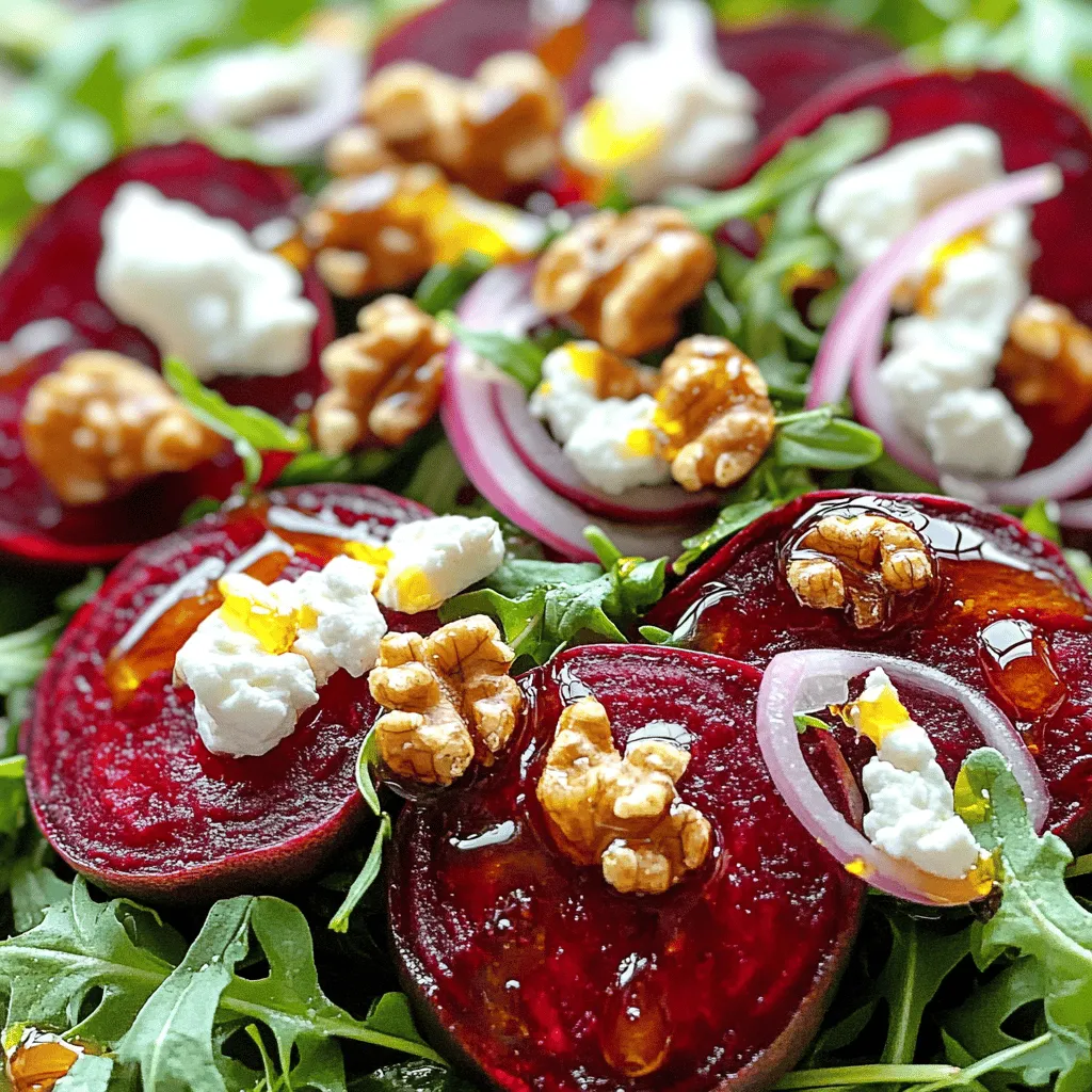 For the main part of the salad, you will need: - 4 medium-sized beets, tops trimmed - 2 cups arugula or mixed greens - 1/2 cup goat cheese, crumbled - 1/4 cup walnuts, toasted and roughly chopped - 1/4 red onion, thinly sliced These ingredients bring a mix of flavors. The beets are sweet and earthy. The arugula adds a peppery bite. Goat cheese gives a creamy texture, while walnuts add crunch. Red onion provides a sharp taste that balances the sweetness. For the dressing, gather: - 3 tablespoons olive oil - 2 tablespoons balsamic vinegar - 1 tablespoon honey - Salt and pepper to taste This honey vinaigrette adds a nice balance of sweet and tangy. The olive oil makes it rich and smooth. Balsamic vinegar brings a deep flavor that pairs well with beets. To make this salad, you will need: - Aluminum foil - Baking sheet - Mixing bowl - Whisk Using aluminum foil helps roast the beets without making a mess. A baking sheet catches any drips while roasting. A mixing bowl is great for tossing the salad, and a whisk helps mix the dressing smoothly. For the full recipe, you can refer to the section above. Enjoy creating this bright and flavorful roasted beet and goat cheese salad! First, preheat your oven to 400°F (200°C). This step helps roast the beets evenly. Next, take each beet and wrap it in aluminum foil. Before sealing, drizzle a little olive oil over them and sprinkle with salt. This will enhance the flavor. Place all the wrapped beets on a baking sheet. Roast them in the oven for about 45 to 60 minutes. You know they are done when you can easily pierce them with a fork. After roasting, let them cool before peeling. Once cool, slice the beets into wedges. In a small bowl, mix together the dressing ingredients. You need 3 tablespoons of olive oil, 2 tablespoons of balsamic vinegar, and 1 tablespoon of honey. Add salt and pepper to taste. Whisk these together until they blend well. This vinaigrette adds a sweet and tangy boost to your salad. Set this aside while you prepare the salad. In a large mixing bowl, combine the arugula or mixed greens with the roasted beet wedges. Add the thinly sliced red onion and the toasted walnuts for crunch. Drizzle the honey vinaigrette over the salad. Toss gently to coat all the ingredients well. For a lovely presentation, transfer the salad to a serving platter or individual plates. Finally, sprinkle the crumbled goat cheese on top. Enjoy the vibrant colors and flavors of this delightful salad! For the full recipe, see the above section. To get the best roasted beets, follow these simple steps. Preheat your oven to 400°F (200°C). Wrap each beet in aluminum foil. Drizzle it with a little olive oil and sprinkle some salt on top. Place the wrapped beets on a baking sheet. Roast them for about 45-60 minutes. Check them with a fork; they should be tender. Once done, let them cool, peel, and slice into wedges. When making the vinaigrette, balance acidity and sweetness for the best taste. Use equal parts balsamic vinegar and olive oil as your base. Add honey to give a sweet note. A pinch of salt and pepper will round it out. Taste the dressing and adjust as needed. If it’s too tangy, add more honey. If it’s too sweet, add more vinegar. Let’s make your salad shine! Toss arugula or mixed greens with the roasted beet wedges. Add thinly sliced red onion and chopped walnuts for crunch. Once dressed, top the salad with crumbled goat cheese. For a nice touch, garnish with fresh herbs like mint or parsley. Serve it in a shallow bowl for a beautiful display. Check out the Full Recipe to get all the details! {{image_2}} You can swap arugula for spinach or kale. Spinach gives a soft, mild flavor. Kale adds a crunchy texture. Both greens work well with the sweet beets and tangy cheese. For a twist, try mixing different greens. Each choice adds a new taste to your salad. If you want variety, use feta or blue cheese instead of goat cheese. Feta gives a creamy, salty bite that pairs nicely with beets. Blue cheese adds a bold, sharp flavor that some love. Experiment with these cheeses to see which one you enjoy most. Looking to boost your salad? Consider adding avocado, apples, or pears. Avocado brings creaminess and healthy fats. Thin apple slices add a crisp sweetness. Pears can add a juicy, soft texture. These add-ins enhance the overall flavor and make the salad even more exciting. For the complete recipe, check out the [Full Recipe]. To keep your leftover salad fresh, store the salad and dressing separately. Use an airtight container for the salad. Place the dressing in a small jar or bowl with a lid. This keeps the greens crisp and prevents them from wilting. When you are ready to eat, mix the salad with the dressing just before serving. If you have leftover roasted beets, they can be enjoyed warm or cold. To reheat, place the beets in a microwave-safe dish. Heat them for 30-second intervals until warm. Avoid overcooking, as this can make them mushy. You can also serve them cold in your salad for a refreshing taste. The roasted beets can stay fresh in the fridge for up to five days. The mixed salad will last for about three days. Always check for any signs of spoilage, like off smells or slimy greens. These simple checks help ensure you enjoy your delicious roasted beet and goat cheese salad at its best. For the full recipe, refer to the earlier section. Yes, you can prepare this salad ahead of time. I suggest roasting the beets a day before. Once cooled, store them in the fridge. You can mix the greens and other ingredients a few hours before serving. Drizzle the vinaigrette just before you serve. This keeps the salad fresh and crisp. To test if the beets are done, poke them with a fork. If the fork slides in easily, they are ready. This should take about 45-60 minutes. The skin will also look wrinkled, which shows they are cooked well. Let them cool before peeling. This salad is not vegan due to the goat cheese. For a vegan version, you can replace the goat cheese with mashed avocado or a nut-based cheese. This swap keeps the creamy texture while making it plant-based. Enjoy the fresh flavors without losing the taste! This blog post covered how to make a delicious beet salad. We went through the key ingredients like beets, arugula, and goat cheese. I also provided a step-by-step guide to roasting beets and making a tasty dressing. Remember, you can customize your salad with different greens or cheeses. In conclusion, this salad is easy to prepare and full of flavor. You can impress anyone with this dish while enjoying its health benefits. Explore variations and find what you love best!