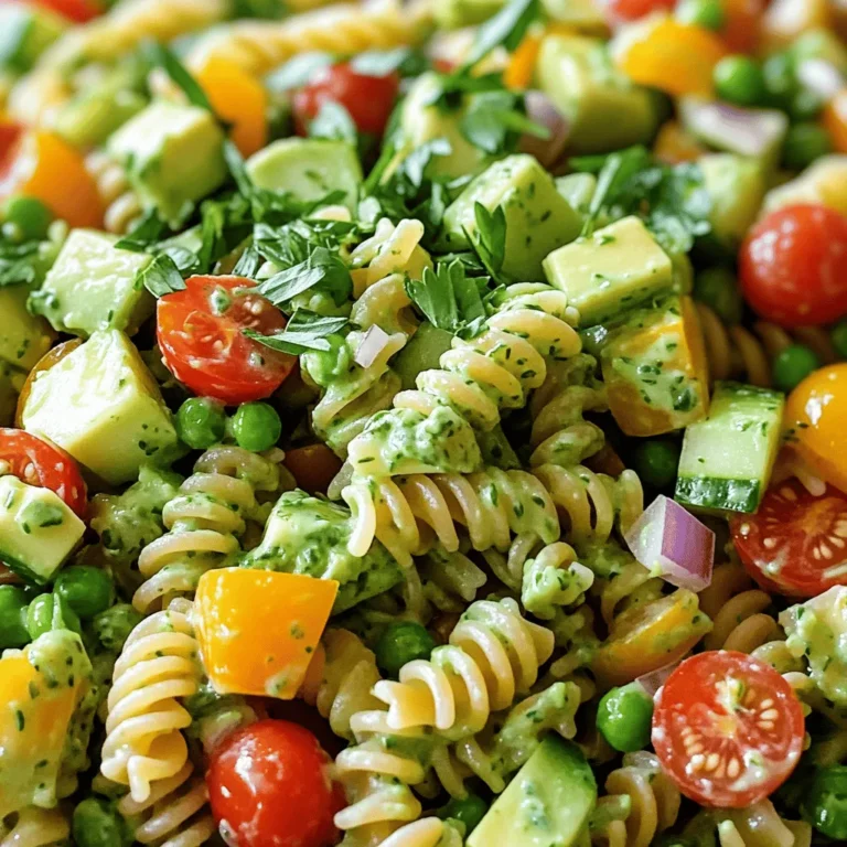 - 8 oz whole grain pasta (fusilli or penne) - 1 cup cherry tomatoes, halved - 1 cucumber, diced - 1 bell pepper (any color), chopped - 1 cup frozen peas, thawed - ½ cup red onion, finely chopped - 1 avocado, diced - ½ cup fresh parsley, chopped - ½ cup fresh basil, chopped - 1 tablespoon lemon juice - ¼ cup Greek yogurt - ¼ cup olive oil - 1 tablespoon Dijon mustard - Salt and pepper to taste Green Goddess Pasta Salad is a fresh and vibrant dish. Each ingredient adds flavor and color. Whole grain pasta forms the base and gives a hearty touch. I love using fusilli or penne for their shape. They hold the dressing and pair well with veggies. Cherry tomatoes bring sweetness and acidity. They burst with flavor in every bite. The cucumber adds a crisp and refreshing crunch. I often choose a bell pepper to add more color. The peas bring a slight sweetness and bright green hue. Red onion gives a sharp taste that balances well. I like to use diced avocado for creaminess. It makes the salad richer and more filling. Fresh parsley and basil add herbal notes. They enhance the dish with freshness. The dressing is where the magic happens. Greek yogurt creates a creamy texture. Olive oil adds richness and smoothness. A splash of lemon juice brightens the flavors. Dijon mustard gives it a slight tang. Don’t forget the salt and pepper to taste. This Green Goddess Pasta Salad is not just a meal. It's a celebration of fresh ingredients. You can find the full recipe to make it at home. Enjoy making it as much as I do! Start by boiling a large pot of salted water. Once it reaches a rolling boil, add 8 oz of whole grain pasta, like fusilli or penne. Cook the pasta according to the package instructions until it is al dente. This usually takes about 8-10 minutes. When done, drain the pasta in a colander and rinse it with cold water. This step stops the cooking and helps keep the pasta firm. While the pasta cooks, you can make the dressing. In a blender, add ¼ cup Greek yogurt, ¼ cup olive oil, and 1 tablespoon lemon juice. Then, add 1 tablespoon of Dijon mustard, ½ cup fresh parsley, and ½ cup fresh basil. Blend all the ingredients until smooth and creamy. Taste the dressing and add salt and pepper as needed. This green goddess dressing adds a fresh, vibrant flavor to the salad. In a large mixing bowl, combine the cooled pasta with the veggies. Add 1 cup halved cherry tomatoes, 1 diced cucumber, 1 chopped bell pepper, and 1 cup thawed frozen peas. Then, mix in ½ cup finely chopped red onion and 1 diced avocado. Pour the dressing over the pasta and gently toss everything together. Make sure each ingredient gets coated with the delicious dressing. The flavors will blend beautifully as it chills in the fridge. For the full recipe, check the [Full Recipe]. Use fresh herbs to bring out the best flavors. I love using parsley and basil. They add a bright taste and color. If you can, grow your own herbs. Fresh ones always taste better. Garnish the salad with extra herbs or some avocado slices. This makes it look pretty and adds a creamy touch. You can also sprinkle some nuts on top for crunch. You can change the dressing's thickness. If you like it creamier, add more yogurt. For a lighter feel, mix in more olive oil. This helps to find the right balance for your taste. {{image_2}} You can make your Green Goddess Pasta Salad even better by adding proteins. Grilled chicken works great for meat lovers. It adds a tasty, savory bite. For a plant-based option, try chickpeas. They bring a nice texture and extra fiber. Both choices make your salad more filling and nutritious. Experimenting with vegetables keeps the salad fresh and fun. Seasonal veggies shine in this dish. Try using zucchini for a light crunch. Bell peppers add sweetness and color. You can also include radishes or asparagus for a unique twist. The key is to use what you love or what is in season. If you need a gluten-free meal, don’t worry! You can easily swap out the pasta. Many brands offer gluten-free pasta varieties, like brown rice or chickpea pasta. These options taste great and hold up well in salads. You won't miss the gluten at all. For the complete recipe, check out the [Full Recipe]. You can keep any leftover pasta salad in the fridge. Just cover it well. It stays fresh for up to 3 days. Make sure it’s in an airtight container to avoid drying out. Freezing this salad is not a good idea. When you freeze pasta salad, the texture changes. The pasta may become mushy, and the veggies might lose their crunch. It’s best to enjoy it fresh. To bring your leftovers back to life, add a splash of lemon juice. You can also mix in some extra dressing. This helps refresh the flavors and makes it taste almost new again! Yes, it’s best served chilled after allowing flavors to blend. If you make it early, let it sit in the fridge for at least 30 minutes. This time helps the tastes mix well. The salad will be fresh and tasty when you serve it. Try sour cream or a dairy-free yogurt alternative. Both options can work well. If you prefer a lighter taste, choose a yogurt with less fat. This swap keeps the dish creamy and delicious. Use vegan yogurt and omit dressing with non-dairy options. You can also add some lemon juice for extra flavor. This makes the salad just as tasty while keeping it plant-based. Enjoy a fresh and vibrant dish without dairy! This blog post shared a simple and tasty pasta salad recipe. We covered all the key ingredients, from whole grain pasta to fresh herbs. You learned how to boil the pasta, make a zesty dressing, and assemble everything together. Remember, you can adjust flavors and textures to fit your taste. Don’t hesitate to add proteins or seasonal veggies. Enjoy making this salad fresh or as leftovers, and always keep it covered in the fridge. Happy cooking!