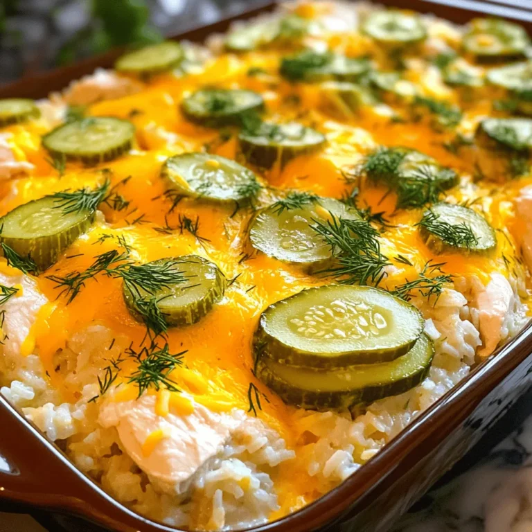 - 2 cups cooked rice (white or brown) - 1 lb boneless, skinless chicken breasts, diced - 1 cup dill pickle slices (plus ½ cup pickle juice) - 1 packet ranch seasoning mix - 1 cup shredded cheddar cheese - ½ cup cream cheese, softened - 1 cup chicken broth - 1 cup frozen peas (optional) - Salt and pepper to taste - Fresh dill or parsley, for garnish Using quality chicken is very important. It keeps your dish juicy and tasty. I like to use boneless and skinless chicken breasts, as they cook well in the oven. You can choose either white or brown rice for this recipe. Brown rice adds a nutty flavor and more fiber, while white rice is soft and fluffy. Both options work great, so pick what you like! For pickles, choose dill pickles for the best flavor. The tang from the pickles really makes this dish pop. If you want a crunch, use whole pickle slices. If you prefer a softer bite, chop them up. For the full recipe, check out the details above. - Preheat your oven to 350°F (175°C). - Combine chicken, rice, pickles, and seasoning in a bowl. - Incorporate cream cheese and chicken broth. For this dish, start by mixing your ingredients well. I like to use a large bowl. The chicken should be diced into small pieces. This helps it cook evenly. Add your cooked rice to the bowl. You can use white rice or brown rice. Next, toss in the dill pickle slices. They give a great tangy flavor. Don't forget the ranch seasoning mix! It brings everything together. Once you have the chicken, rice, and pickles mixed, it's time for the cream cheese. Make sure it's softened. This makes it easier to blend into the mix. Pour in the chicken broth, which adds moisture. If you like, fold in frozen peas for color and nutrition. Season with salt and pepper to taste. - Transfer to baking dish and add cheese. - Baking time details: 30-35 minutes. Now, grab a greased 9x13 inch baking dish. Pour the mixture into the dish. Spread it out evenly. This helps it cook well. Top it with shredded cheddar cheese. Make sure to cover the whole mix. Place the dish in your preheated oven. Bake for 30 to 35 minutes. The chicken should be cooked through. The cheese will be bubbly and slightly golden. Once done, let it cool for a few minutes before serving. You can garnish with fresh dill or parsley for flair. Enjoy your meal! For the full recipe, check the detailed steps above. To know if your chicken is done, use a meat thermometer. Check the thickest part of the chicken. It should read 165°F (75°C). If you don’t have a thermometer, cut a piece and see if the meat is white, not pink. To avoid a dry texture, do not overbake. Keep an eye on the cheese; it should be bubbly and golden. If the dish looks dry, add a bit more chicken broth before baking. You can also cover the dish with foil for the first half of baking to keep moisture in. For extra flavor, try adding garlic powder or smoked paprika. A dash of cayenne pepper adds heat if you like spice. You can also mix in chopped onions or peppers for a fresh taste. To adjust pickle intensity, use more or fewer pickle slices. If you want a stronger pickle flavor, let the chicken sit in the pickle juice for a while before mixing. This will make each bite burst with tang. Serve the bake straight from the dish for a cozy feel. For a fancier touch, plate it individually. Add extra pickle slices on the side to show off the dish's flavor. For garnishes, fresh dill or parsley brightens the look. You can also sprinkle some extra cheese on top before serving for a cheesy finish. {{image_2}} You can switch out the chicken for turkey or plant-based options. This makes the dish lighter or suitable for vegans. Use firm tofu or chickpeas for a tasty twist. For those who need dairy-free choices, swap cream cheese and cheese for non-dairy alternatives. Look for nut-based creams or vegan cheese at your local store. This ensures everyone can enjoy the meal. Adding veggies can bring more color and nutrition. Try mixing in broccoli or bell peppers. They add crunch and flavor. You can also experiment with different spice blends. A bit of garlic powder or smoked paprika can change the dish's taste completely. Feel free to play around with the flavors until you find your favorite mix. This bake pairs well with simple side dishes. A fresh salad or steamed veggies can brighten your plate. For meal prep, this recipe is great because it keeps well. You can portion it out for easy lunches throughout the week. Plus, it’s easy to reheat for a quick meal. Check out the Full Recipe for more tips on making this dish. To store leftovers, allow the dish to cool fully. Place it in an airtight container. This keeps the chicken and rice moist. I recommend using glass or BPA-free plastic containers. These types help retain flavor well. For freezing, let the dish cool. Cut it into portions for easy reheating. Wrap each piece in plastic wrap, then place it in a freezer-safe bag. This keeps it fresh for later use. When ready to eat, thaw it overnight in the fridge. Reheat in the oven or microwave until hot. In the fridge, you can keep this dish for about 3 to 4 days. If frozen, it lasts up to 3 months. Make sure to label containers with dates to track freshness easily. Enjoy your Pickle Ranch Chicken and Rice Bake at its best! Yes, you can prepare this dish in advance. Start by cooking the rice and dicing the chicken. Then, mix the chicken, rice, dill pickles, and seasoning in a bowl. You can cover it and store it in the fridge for up to a day. When you are ready to bake, just add the cream cheese, broth, and cheese before cooking. This saves time on busy nights. This bake is great on its own, but you can add some sides. Here are a few ideas: - Steamed broccoli - Roasted carrots - A fresh green salad - Garlic bread These sides can add color and flavor to your meal. Absolutely! If you like it spicy, add some crushed red pepper or hot sauce. You can also mix in some pepper jack cheese for a kick. If you want it milder, skip the spice. This dish can fit your taste perfectly. To check if the chicken is done, use a meat thermometer. It should read 165°F (75°C) in the thickest part. If you don’t have a thermometer, cut a piece open. The meat should be white with no pink inside. This ensures your chicken is safe to eat. Yes! This dish is perfect for meal prep. You can portion it into containers for easy meals. Just let it cool before storing. It keeps well in the fridge for up to four days. You can also freeze it for longer storage. Just thaw and reheat when you need it. This recipe for Pickle Ranch Chicken and Rice Bake is fun and easy. You learned about key ingredients, how to combine them, and tips for the perfect bake. Remember, using quality chicken and fresh pickles makes a big difference. Feel free to explore variations for more flavors or ideas. Whether you serve it fresh or save some for later, this dish fits any meal. Try it out, and enjoy your tasty creation!