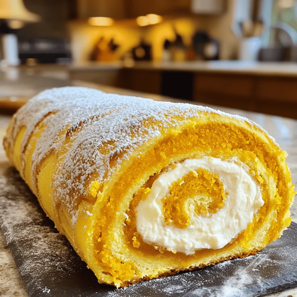 To make the easy pumpkin roll cake, you will need: - 3/4 cup all-purpose flour - 1 teaspoon baking powder - 1/2 teaspoon baking soda - 1/2 teaspoon ground cinnamon - 1/4 teaspoon ground nutmeg - 1/4 teaspoon ground ginger - 1/4 teaspoon salt - 3 large eggs - 1 cup granulated sugar - 1 cup canned pumpkin puree - 1 teaspoon vanilla extract - Powdered sugar for dusting For the filling: - 8 oz cream cheese, softened - 1/4 cup unsalted butter, softened - 1 cup powdered sugar - 1 teaspoon vanilla extract Here’s a quick guide for measuring your ingredients: - 3/4 cup all-purpose flour = 95 grams - 1 teaspoon baking powder = 5 grams - 1/2 teaspoon baking soda = 2 grams - 1/2 teaspoon ground cinnamon = 1.5 grams - 1/4 teaspoon ground nutmeg = 0.5 grams - 1/4 teaspoon ground ginger = 0.5 grams - 1/4 teaspoon salt = 1.5 grams - 3 large eggs = 150 grams (about 50 grams each) - 1 cup granulated sugar = 200 grams - 1 cup canned pumpkin puree = 240 grams - 1 teaspoon vanilla extract = 5 ml - 8 oz cream cheese = 226 grams - 1/4 cup unsalted butter = 57 grams - 1 cup powdered sugar = 120 grams If you need to substitute, here are some ideas: - Use whole wheat flour for a healthier option. - Applesauce can replace some or all of the eggs. - Maple syrup can substitute for granulated sugar for natural sweetness. - If you're dairy-free, try a non-dairy cream cheese for the filling. - You can use pumpkin pie spice instead of individual spices for convenience. Check out the Full Recipe for details on making your pumpkin roll cake. First, preheat your oven to 375°F (190°C). Grab a 15x10-inch jelly roll pan. Line it with parchment paper and lightly grease it. This helps the cake come out easily after baking. In a medium bowl, sift together the dry ingredients. This includes flour, baking powder, baking soda, cinnamon, nutmeg, ginger, and salt. In a larger bowl, beat the eggs and granulated sugar together for about 3-4 minutes. The mix should look pale and fluffy. Next, mix in the pumpkin puree and vanilla extract until combined. Now, slowly add the dry mix to the pumpkin mixture. Stir gently until just combined. Pour the batter into the prepared pan. Spread it evenly using a spatula. Bake for 13-15 minutes. The cake should spring back when touched. Once baked, dust the hot cake with powdered sugar. Place a clean kitchen towel on top and flip the cake onto the towel. Gently peel away the parchment paper. Start rolling the cake from one edge of the towel. Keep it tight and let it cool completely in this rolled shape. These steps will help you create a perfect pumpkin roll cake. For the complete recipe, check out the Full Recipe. To get the right cake texture, focus on mixing. When you beat the eggs and sugar, do it well. This adds air and helps the cake rise. The batter should be smooth and slightly thick. Don't overmix once you add the dry ingredients. Stir until just combined to keep it light and fluffy. One common mistake is not preheating the oven. Always set the oven to 375°F before you start. Another error is letting the cake cool too long in the pan. Roll it right after baking for the best shape. Lastly, don't skip the powdered sugar dusting. It keeps the cake from sticking to the towel. Using the right tools makes this recipe easier. Here’s what you need: - A 15x10-inch jelly roll pan - Parchment paper to line the pan - An electric mixer for beating the eggs and filling - A clean kitchen towel for rolling - A sifter for the dry ingredients These tools help you create a perfect pumpkin roll. Don't forget to check the [Full Recipe] for more details! {{image_2}} You can easily switch up the flavor of your pumpkin roll cake. Adding spices can bring new life to this recipe. Try these options: - Cocoa Powder: For a chocolate twist, mix in 1/4 cup of cocoa powder. - Ginger: Increase the ginger to 1/2 teaspoon for a spicier kick. - Nutmeg: Up the nutmeg to 1/2 teaspoon for a warm flavor boost. These small tweaks can make a big difference. You can also add nuts like walnuts or pecans for extra crunch. Just chop them finely and blend them into the batter. If you need to adjust the recipe for dietary needs, there are simple swaps. Here are some ideas: - Gluten-Free: Use a gluten-free flour blend instead of all-purpose flour. This keeps the cake moist. - Vegan: Substitute the eggs with 1/4 cup of unsweetened applesauce for each egg. Use vegan cream cheese for the filling. These options let anyone enjoy the delicious pumpkin roll cake. Presentation matters when serving your pumpkin roll cake. Here are some fun ways to make it pop: - Dust with Powdered Sugar: A light dusting of powdered sugar adds a touch of elegance. - Add Whipped Cream: Serve slices with a dollop of whipped cream for a treat. - Garnish with Nuts: Sprinkle chopped nuts on top for a crunchy finish. These simple ideas can turn your cake into a show-stopping dessert. Check out the Full Recipe for more details. To store leftover pumpkin roll cake, wrap it tightly in plastic wrap. This keeps the cake moist and fresh. You can also place it in an airtight container. Make sure the cake cools completely before wrapping or storing. This helps prevent any sogginess. If you want to freeze the pumpkin roll cake, wrap it in plastic wrap first. Then add a layer of aluminum foil for extra protection. You can freeze it for up to three months. When ready to eat, thaw it in the fridge overnight. This method helps maintain its flavor and texture. The pumpkin roll cake stays fresh in the fridge for about 5 days. Always check for any signs of spoilage before eating. If it looks or smells off, it's best to throw it away. To enjoy it at its best, serve it chilled. For more detailed cooking methods, check the Full Recipe. Yes, you can make the pumpkin roll cake ahead of time. This cake keeps well in the fridge for a few days. Just wrap it tightly in plastic wrap to keep it fresh. For best results, fill the cake a day before serving. This allows the flavors to meld together and makes it even tastier. If you need a cream cheese substitute, use mascarpone cheese or Greek yogurt. Both options give a smooth texture. For a dairy-free choice, try coconut cream. Whip it until fluffy for a light filling. Just remember to adjust the sweetness if needed. To check if the cake is fully baked, gently press the center. It should spring back when done. You can also use a toothpick. Insert it into the cake; if it comes out clean, your cake is ready. Keep an eye on it as it bakes to avoid overcooking. You learned about making a pumpkin roll cake from ingredient lists to storage tips. I shared how to mix and bake the cake while avoiding common mistakes. You can even add your favorite flavors or make it vegan. Remember, practice makes perfect. With these steps, you’ll create a delicious cake. Enjoy sharing it with friends and family. Whether for a feast or a snack, this cake will be a hit!