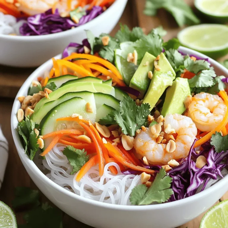 - 1 cup rice noodles - 1 cup shredded carrots - 1 cup red cabbage, thinly sliced - 1 cucumber, julienned - 1 bell pepper (any color), julienned - 1 avocado, sliced - 1 cup cooked shrimp or tofu for protein (optional) In my experience, rice noodles are the backbone of these bowls. They soak up flavors well and have a lovely texture. Next up, the veggies add color and crunch. Carrots bring sweetness, while cabbage adds a nice bite. Cucumber and bell pepper add freshness, and avocado gives that creamy finish. You can add cooked shrimp or tofu for protein, making the meal more filling. - 3 tablespoons soy sauce or tamari (gluten-free option) - 1 tablespoon sesame oil - 1 tablespoon lime juice The dressing is simple but packs a punch. Soy sauce or tamari provides the salty depth. Sesame oil adds a nutty flavor, while lime juice brightens everything up. This dressing ties the dish together beautifully. - 1/4 cup fresh cilantro, chopped - 1/4 cup mint leaves, chopped - 1/4 cup peanuts, crushed (for garnish) Fresh herbs like cilantro and mint add a burst of flavor. They make each bite exciting and fresh. Crushed peanuts provide a crunchy texture, enhancing the overall experience. For the full recipe, check out the details above. First, you need to cook the rice noodles. Boil a pot of water. Once boiling, add the noodles. Cook them according to the package instructions. After they are ready, drain the noodles. Rinse them under cool water to stop cooking. This will help keep them firm. While the noodles cook, grab your vegetables. Shred the carrots and slice the red cabbage. Julienne the cucumber and bell pepper. Make sure to cut them evenly. This will make your bowl look pretty. Once done, combine all the veggies in a large mixing bowl. Toss them gently to mix. Next, we will make the dressing. In a small bowl, whisk together soy sauce, sesame oil, lime juice, and a pinch of salt and pepper. Mix until everything is well combined. Taste it! If you want more flavor, adjust the seasoning as needed. Now comes the fun part: assembling your bowls! Start with a layer of rice noodles in each serving bowl. Top them with a colorful mix of veggies. If you want protein, add cooked shrimp or tofu on top. Finish with slices of avocado, fresh cilantro, and mint. Drizzle the dressing over everything. Finally, sprinkle crushed peanuts for a nice crunch. Enjoy your Rainbow Spring Roll Bowls fresh and flavorful! For the complete recipe, check the Full Recipe. To make your Rainbow Spring Roll Bowls pop, choose clear or brightly colored bowls. This choice highlights the vibrant colors of your ingredients. Arrange each component in layers. This artful display draws the eye and makes the dish more inviting. Remember, we eat with our eyes first! For the best texture, do not overcook the rice noodles. Follow the package instructions closely. Rinse them well in cool water after cooking. This step keeps them from sticking together. Fresh ingredients are key to great flavor. Always opt for seasonal veggies when possible. Serve your bowls right away for the best taste. The freshness of the veggies makes a big difference. Adding lime wedges on the side gives a zesty kick. Simply squeeze the lime over the bowl for extra flavor. These little touches elevate your meal. For more details on assembling, check out the Full Recipe. {{image_2}} You can easily make this dish vegetarian or vegan. Simply swap shrimp for tofu or extra veggies. Tofu adds a nice texture and absorbs flavor well. Use agave or coconut aminos instead of soy sauce for a sweeter taste. These swaps keep your bowl vibrant and tasty. If you need gluten-free options, choose rice noodles labeled gluten-free. You can also use tamari instead of soy sauce. Tamari gives a rich flavor without gluten. These small changes help everyone enjoy this fresh bowl. To make your bowl even more colorful, add veggies like bell peppers or radishes. They add crunch and brightness. For a sweet twist, try adding fruits like mango or pineapple. These fruits balance the savory flavors and make each bite a delight. For the complete recipe, check out the [Full Recipe]. To keep your leftover Rainbow Spring Roll Bowls fresh, store them in the fridge. Use airtight containers to lock in flavors and moisture. Place each ingredient in separate containers if possible. This way, veggies stay crisp, and noodles avoid becoming soggy. To help ingredients last longer, use fresh produce and avoid overcooking. Check your fridge for leftover herbs or proteins to add to future meals. They can bring new life to your bowls! When reheating rice noodles, avoid using a microwave. Microwaving can make them mushy. Instead, try soaking them in hot water for a few minutes. This method revives their texture and prevents clumping. If you need to serve them fresh after storage, mix in fresh herbs and a splash of lime juice. This will brighten the flavors and enhance the meal's appeal. For quick assembly, prep your ingredients in advance. Cook the rice noodles and store them in a separate container. Slice your veggies and keep them ready to go for busy days. Use clear containers to see your colorful ingredients. You can also create an assembly line for bowls. This makes putting together a meal easy and fun. Just grab your noodles, veggies, and toppings for a fresh feast anytime! For the full recipe, refer to the Rainbow Spring Roll Bowls section above. To make Rainbow Spring Roll Bowls, start by cooking rice noodles. Boil water and cook them as per the package. Drain and rinse the noodles with cool water. While the noodles cook, shred carrots, slice red cabbage, julienne cucumber and bell pepper. In a small bowl, whisk soy sauce, sesame oil, lime juice, and some salt and pepper. In each serving bowl, layer the noodles, then add the mixed veggies, avocado, and protein if you want. Drizzle the dressing on top and finish with fresh herbs and crushed peanuts. Enjoy your colorful bowl right away! Yes, you can use various proteins in this recipe. If you prefer shrimp, that works great. You can also use tofu for a vegetarian option. Grilled chicken or sliced beef can add more flavor. Feel free to choose your favorite protein to match your taste! You can store Rainbow Spring Roll Bowls in the fridge for up to three days. Keep the dressing separate. This way, the veggies stay fresh and crunchy. Use airtight containers to keep them fresh longer. Just remember to eat them within three days for the best taste! If you want to swap rice noodles, there are great options. You can use zucchini noodles for a low-carb choice. For gluten-free, try quinoa or soba noodles made from buckwheat. Cauliflower rice is another excellent choice for a healthy twist. Each substitute adds its own flavor and texture! Yes, Rainbow Spring Roll Bowls are very healthy! They are filled with fresh veggies that provide vitamins and minerals. Rice noodles offer quick energy. If you add shrimp or tofu, you get good protein. These bowls have healthy fats from avocado and peanuts too. Enjoy a tasty and nutritious meal! In this blog post, we explored how to make Rainbow Spring Roll Bowls with fresh ingredients and delicious dressing. We discussed key components like rice noodles, colorful veggies, and protein options. I shared tips for perfect presentation and storage, making meal prep easy. Remember, these bowls are not only beautiful but also healthy. Experiment with flavors and ingredients to create your own twist. Enjoy the process and the tasty results!