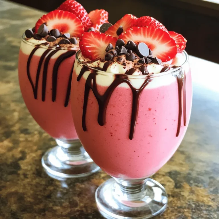 To make a delicious Chocolate Covered Strawberry Smoothie, you'll need a few simple ingredients. Here’s the list to get you started: - 1 cup fresh strawberries, hulled - 1 ripe banana, frozen - 1 cup unsweetened almond milk (or milk of choice) - 2 tablespoons cocoa powder - 1 tablespoon honey or maple syrup (adjusted for sweetness) - 1/2 teaspoon vanilla extract - 1 tablespoon chia seeds (optional for added thickness) - 1/4 cup dark chocolate chips (for blending) Each ingredient plays a key role in making this smoothie rich and tasty. Fresh strawberries give a sweet and fruity flavor. A frozen banana adds creaminess and a nice chill. Almond milk keeps it light and smooth. Cocoa powder brings that chocolatey taste. Honey or maple syrup sweetens it just right. Vanilla extract adds a hint of warmth. Chia seeds thicken the mix if you choose to add them. Lastly, dark chocolate chips blend in for a decadent touch. When you gather these ingredients, you set the stage for a delightful treat. The balance of flavors and textures creates a smoothie that feels like dessert but is packed with nutrients. Enjoy the process of making this smoothie as much as you will enjoy drinking it! First, clean your strawberries well. Rinse them under cold water. Then, remove the green tops. You should have nice, red berries ready to go. Set aside a few strawberries for later. These will make a great garnish. Next, grab your blender. Add the hulled strawberries, the frozen banana, and a cup of almond milk. Scoop in the cocoa powder and honey or maple syrup. Don't forget the vanilla extract and dark chocolate chips! If you want, toss in the chia seeds for extra thickness. Now, blend everything on high speed until it’s smooth and creamy. Is your smoothie too thick? No problem! Just add a bit more almond milk until it reaches your desired thickness. Taste it to check the sweetness. If you want it sweeter, add a bit more honey or syrup. Once it’s just right, pour the smoothie into glasses and enjoy! You can change the sweetness to suit your taste. Start with one tablespoon of honey or maple syrup. Blend the smoothie and taste it. If it needs more sweetness, add a little more honey or maple syrup. Blend again. You want it to be just right! Garnishes make your smoothie look great. Use fresh strawberries you set aside. You can slice them and place them on top. For extra flair, sprinkle some cocoa powder or dark chocolate chips on the smoothie. This adds a fun touch and makes it more delicious. Serving your smoothie well can impress your friends. Use clear glasses to show off the pretty color. You can drizzle some melted chocolate inside the glass before adding the smoothie. This makes it look fancy and taste better too! {{image_2}} You can easily make this smoothie dairy-free. Just use almond milk or coconut milk. They add a nice touch without the dairy. You can also try oat milk for a creamier texture. If you want a nut-free option, choose rice milk. Each choice keeps your smoothie rich and tasty. To boost protein, add Greek yogurt or protein powder. These additions make your smoothie more filling. If you like nut butter, try almond or peanut butter. They mix well and give a nutty flavor. This change turns your treat into a satisfying meal option. You can mix in other yummy flavors too. Add a scoop of peanut butter for a nutty twist. For a berry blast, throw in blueberries or raspberries. You can even use coconut flakes for a tropical vibe. Each flavor gives you a new way to enjoy this smoothie! Store any leftover smoothie in a sealed container. Keep it in the fridge. It stays fresh for up to 24 hours. Before drinking, give it a good shake. The ingredients may separate a bit. This is normal and easy to fix. You can freeze the smoothie for later. Pour it into ice cube trays or freezer-safe bags. It can last for up to three months in the freezer. To enjoy it later, thaw it in the fridge overnight. Blend it again for a smooth texture. If you want to warm the smoothie, do it gently. Pour it into a small pot. Heat it on low on the stove. Stir often to avoid burning. You can also use a microwave. Heat in short bursts and stir in between. Enjoy it as a warm treat! You can use any milk you like. Cow's milk, soy milk, or oat milk work well. Each type will give a unique taste. If you want a nut-free option, coconut milk is a great choice too. To make the smoothie thicker, add more frozen banana or a handful of ice. You can also try adding chia seeds. They will soak up some liquid and create a nice creamy texture. Yes, frozen strawberries are perfect for this smoothie. They will keep your drink cold and thick. Just blend them straight from the freezer. You may need to adjust the liquid a bit. This smoothie is great for meal prep! You can blend it ahead of time and store it in the fridge. Just remember to shake it well before drinking. If you want it to last longer, freeze it in individual portions. This blog covers easy steps to make a delicious smoothie. You learned about the key ingredients, like fresh strawberries and cocoa powder. I shared tips for adjusting sweetness and fun ways to garnish. You can also mix different flavors or enhance it with protein. Plus, I explained how to store leftovers. In the end, enjoy experimenting with this recipe. Make it your own and savor each sip. Your smoothie can be both tasty and healthy!