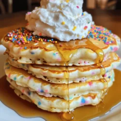 - 1 cup all-purpose flour - 2 tablespoons granulated sugar - 1 teaspoon baking powder - 1/2 teaspoon baking soda - 1/4 teaspoon salt I like to start with the dry ingredients. Measure out 1 cup of all-purpose flour. This flour gives the pancakes their structure. Next, add 2 tablespoons of granulated sugar. This will sweeten the pancakes just right. Then, mix in 1 teaspoon of baking powder. This will help them rise. Add 1/2 teaspoon of baking soda. It works with the acid in buttermilk. Finally, sprinkle in 1/4 teaspoon of salt. Salt brings out all the flavors. - 1 large egg - 1 cup buttermilk (or milk + vinegar) - 2 tablespoons melted butter - 1 teaspoon vanilla extract Now, let’s work on the wet ingredients. Crack 1 large egg into a bowl. This adds richness and helps bind the ingredients. Pour in 1 cup of buttermilk. You can also use milk mixed with 1 tablespoon of vinegar. This will give you that tangy flavor. Add 2 tablespoons of melted butter for moisture and taste. Finally, stir in 1 teaspoon of vanilla extract. This adds a sweet aroma. - 1/4 cup rainbow sprinkles - Additional butter or oil for cooking For that fun birthday cake feel, fold in 1/4 cup of rainbow sprinkles. They add color and joy to your pancakes. You might need some extra butter or oil for the skillet. This will keep the pancakes from sticking. Start by mixing the dry ingredients. In a bowl, whisk together: - 1 cup all-purpose flour - 2 tablespoons granulated sugar - 1 teaspoon baking powder - 1/2 teaspoon baking soda - 1/4 teaspoon salt This step helps to blend everything well. In a separate bowl, beat 1 large egg. Then, add: - 1 cup buttermilk (or 1 cup milk with 1 tablespoon vinegar) - 2 tablespoons melted butter - 1 teaspoon vanilla extract Mix these wet ingredients until they are smooth. Now, pour the wet mixture into the dry ingredients. Stir gently until just combined. You want to keep some lumps in the batter. This helps with fluffiness. Next, fold in: - 1/4 cup rainbow sprinkles Make sure the sprinkles are evenly spread throughout the batter. Heat a non-stick skillet or griddle over medium heat. Add a bit of butter or oil to coat the surface. Pour 1/4 cup of batter for each pancake. Cook until bubbles form on the surface, which takes about 2-3 minutes. Then, flip the pancakes. Cook for an additional 1-2 minutes until they turn golden brown. Repeat this with the remaining batter. Add more butter or oil as needed. To make your pancakes fluffy, avoid over-mixing the batter. Stir it just until you see the dry bits disappear. Lumps are okay; they help keep the pancakes light. Properly heat the skillet before cooking. Aim for medium heat so the pancakes cook evenly. Knowing when to flip your pancakes is key. Look for bubbles on the surface; that’s your cue. Flip them gently to keep the fluffiness. Cook in batches to get even results. If you crowd the pan, the heat will drop, and the pancakes may not cook well. Stack the pancakes high on a plate for a fun look. Drizzle with maple syrup and sprinkle more rainbow sprinkles on top. For a special touch, add whipped cream and a candle. This makes them perfect for birthdays and celebrations! {{image_2}} You can easily switch up the flavor of these pancakes. Try using almond extract instead of vanilla. This adds a lovely nutty taste. You can also fold in chocolate chips or nuts for extra texture. Each addition makes the pancakes unique and fun. If you want a gluten-free option, use almond flour instead of all-purpose flour. This keeps them light and fluffy. For a dairy-free version, choose plant-based milk. Almond milk or oat milk works great in this recipe. You can make these pancakes for any special occasion. For Christmas, add red and green sprinkles. This makes them festive and fun. For birthdays, use colored sprinkles that match the party theme. It adds a personal touch to your breakfast table. To keep your Fluffy Funfetti Birthday Cake Pancakes fresh, cool them first. Let the pancakes sit at room temperature for about 30 minutes. Once cool, stack them neatly. Use an airtight container for storage. This helps them stay soft and tasty. You can also separate each pancake with parchment paper. This step prevents sticking. You can reheat pancakes in several ways. The microwave is quick and easy. Place pancakes on a plate and cover with a damp paper towel. Heat for about 20-30 seconds. For a crispy outside, use a skillet. Heat a non-stick skillet on low. Add a bit of butter and warm each pancake for 1 minute on each side. To restore fluffiness, add a splash of milk while reheating. Freezing pancakes is great for longer storage. Stack them with parchment paper in between each pancake. Place the stack in a freezer bag. Be sure to squeeze out all the air. When you want them, just take out a few. Thaw them in the fridge overnight. For reheating, use the microwave or skillet as mentioned. Enjoy your pancakes anytime! To make your pancakes fluffier, you can follow a few simple tips: - Use fresh baking powder. Old baking powder won't rise well. - Don’t over-mix the batter. Mix just until combined; lumps are okay. - Let the batter rest for a few minutes. This allows air bubbles to form. - Use room temperature ingredients for better mixing. Cold ingredients can make batter dense. These small changes can lead to a light and airy pancake that's bursting with flavor. Yes, you can make these pancakes ahead of time! Here are some best practices: - Cook the pancakes and let them cool completely on a wire rack. - Store them in an airtight container or wrap them well. - Keep them in the fridge for up to 3 days. - For longer storage, freeze the pancakes with parchment paper between layers. When you are ready to eat, just reheat them in the toaster or microwave. If you don't have buttermilk, don’t worry! You can use these alternatives: - Mix 1 cup of milk with 1 tablespoon of vinegar or lemon juice. Let it sit for 5 minutes. - Use plain yogurt thinned with a little water. - Sour cream can also work if you thin it out with some milk. These options will give your pancakes that tangy flavor but keep them soft and fluffy. You just learned how to make delicious pancakes from scratch. With a simple list of ingredients, step-by-step instructions, and useful tips, you can create fluffy, tasty pancakes. Remember to mix carefully and know when to flip for best results. Consider variations and storage tips to make your pancakes even better. Enjoy these pancakes for breakfast or any special occasion! Cooking can be fun, and you now have the tools to impress everyone with your skills.