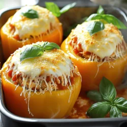 - 4 large bell peppers (any color) - 2 cups cooked chicken, shredded - 1 cup marinara sauce - 1 cup ricotta cheese - 1 cup shredded mozzarella cheese - ½ cup grated Parmesan cheese - 1 teaspoon garlic powder - 1 teaspoon Italian seasoning - Salt and pepper to taste The main ingredients are simple yet full of flavor. The bell peppers serve as the vessel for our tasty filling. I love using different colors, like red, yellow, or green. They add a nice pop to the dish. Cooked chicken gives a hearty base, while marinara sauce adds moisture and zest. Ricotta cheese helps bind everything together, and mozzarella brings that melty goodness. Parmesan cheese adds a sharp touch, while garlic powder and Italian seasoning boost the flavor. Don't forget to season with salt and pepper to taste! - Fresh basil leaves for garnish (optional) - Chopped onions or garlic for added flavor - Spinach or kale for extra veggies - Cooked sausage for a meatier filling Feel free to get creative! Fresh basil leaves make a beautiful garnish. You can add chopped onions or garlic for more depth. If you want more veggies, spinach or kale work great. Want a heartier stuffed pepper? Try adding cooked sausage to the mix. The beauty of this recipe is its flexibility. - Baking dish - Mixing bowl - Sharp knife - Cutting board - Measuring cups and spoons You’ll need a few basic tools to make this dish. A baking dish holds the stuffed peppers as they bake. A mixing bowl is perfect for combining all the filling ingredients. A sharp knife and cutting board make cutting the peppers easy. Measuring cups and spoons help ensure the right amounts of each ingredient. Having these tools ready will make your cooking experience smooth and enjoyable! 1. Preheat your oven to 375°F (190°C). 2. Grab 4 large bell peppers. Cut off the tops and take out the seeds. 3. Stand the peppers upright in a baking dish for easy stuffing. 4. In a big bowl, mix together the shredded chicken and marinara sauce. 5. Add the ricotta cheese, half of the mozzarella, and grated Parmesan cheese. 6. Sprinkle in garlic powder, Italian seasoning, salt, and pepper. 7. Stir well until everything is nicely blended. 1. Stuff each bell pepper with the chicken mix. Press down gently to pack it in. 2. Top each pepper with the rest of the mozzarella cheese. 3. Pour a bit of water into the bottom of the baking dish. This keeps the peppers moist. 4. Cover the dish with foil and bake for 25 minutes. 5. After 25 minutes, take off the foil. Bake for another 10 to 15 minutes. 6. Look for bubbly and golden cheese as a sign they are done. 7. Once baked, take them out and let cool for a few minutes. - Choose firm bell peppers to hold the filling well. - Press the filling in tightly to avoid empty spaces. - Use a mix of cheeses for extra flavor. - Let the dish rest before serving to help flavors meld. - Garnish with fresh basil for a pop of color and taste. The total cooking time for Chicken Parmesan stuffed peppers is 50 minutes. This includes 15 minutes for prep and 35 minutes for baking. It's quick enough for a weeknight meal but tasty enough for a special dinner. This recipe serves four people. Each person gets one stuffed pepper. You can serve these peppers with a simple green salad or garlic bread. This adds a nice touch and balances the meal. For drinks, a light red wine pairs well with the flavors. Each stuffed pepper packs a punch of nutrition. Here’s a quick look: - Calories: About 350 per pepper - Protein: Approximately 30 grams - Carbohydrates: Roughly 20 grams - Fat: Around 15 grams These peppers provide a good source of protein from chicken and cheese. They also offer vitamins from the bell peppers, making them a healthy choice for dinner. {{image_2}} To keep your peppers crisp, start by removing the seeds and membranes. This helps reduce moisture. Bake them upright in a dish to let steam escape. Pour a little water in the bottom of the dish. This adds moisture without making the peppers soggy. You can also pat the insides of the peppers dry with paper towels before stuffing. For a deeper flavor, use fresh garlic instead of garlic powder. You could also add some crushed red pepper for a kick. Mixing in fresh herbs like parsley or thyme can brighten the dish. A splash of balsamic vinegar in the chicken mixture adds a tangy twist. Feel free to play with spices; it’s all about what you like! If you need a lighter meal, swap ricotta for cottage cheese. For a gluten-free option, use gluten-free breadcrumbs instead of regular ones. You can also make it dairy-free by using vegan cheese. If you're vegetarian, replace chicken with black beans or lentils. Always adjust seasoning to match different ingredients. You can easily make these stuffed peppers vegetarian. Instead of chicken, use cooked quinoa or lentils. Add extra veggies like spinach, mushrooms, or zucchini. Mix them with marinara sauce and ricotta cheese. This keeps the dish hearty and flavorful. You can also add your favorite spices for extra taste. For those who love spice, add some heat to your chicken mixture. Use diced jalapeños or crushed red pepper flakes. You can replace regular marinara with a spicy marinara sauce. This gives your stuffed peppers a nice kick. Top with pepper jack cheese for an extra burst of flavor. Cheese plays a big role in the taste of stuffed peppers. You can mix and match your favorite cheeses. Try using gouda or cheddar instead of mozzarella. A blend of cheeses adds depth to the dish. Adding cream cheese can also make the filling creamier and richer. If you need a ricotta cheese substitute, try cottage cheese. It has a similar texture. You can also use cream cheese mixed with a bit of milk for a smooth blend. For a dairy-free option, try silken tofu. Just blend it until smooth. Each choice gives a tasty twist to your dish. To store leftovers, let the peppers cool first. Then, cover them tightly with plastic wrap or foil. You can also place them in an airtight container. Store them in the fridge for up to three days. For longer storage, freeze them in a freezer-safe container for up to three months. Yes, you can make Chicken Parmesan stuffed peppers ahead of time. Prepare them up to the baking step. Cover the dish and store it in the fridge. Bake them when you are ready to eat. You can also freeze them before baking for a quick meal later. Just thaw and bake as needed. We explored how to make delicious Chicken Parmesan Stuffed Peppers. You learned about the main and optional ingredients, along with tools you need. I shared clear steps for preparation and cooking, with tips for perfect results. We discussed cooking time and serving sizes, nutritional facts, and ways to avoid soggy peppers. You discovered tasty variations and answers to common questions. Now, you can confidently create this dish, ensuring great taste every time. Enjoy your cooking!