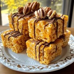 - 4 cups Rice Krispies cereal - 1 cup pumpkin puree - 1/2 cup unsalted butter - 1 package (10 oz) mini marshmallows - 1 teaspoon pumpkin pie spice - 1/2 teaspoon vanilla extract - 1/2 cup chocolate chips - 1/4 cup chopped pecans (optional) - Pinch of salt Gather these ingredients before you start. The Rice Krispies cereal gives a nice crunch. The pumpkin puree adds a rich flavor. The butter and marshmallows create a gooey base. Pumpkin pie spice brings warmth and a hint of fall. Don’t forget the vanilla extract for extra depth! The chocolate chips add sweetness. I recommend semisweet or dark for balance. If you love nuts, the chopped pecans add a nice texture. Just a pinch of salt enhances all the flavors. Make sure your butter is unsalted. It keeps the bars from tasting too salty. Keep everything handy, so you can work fast. This recipe comes together quickly, so prep is key. Enjoy the process! First, you need to grease a 9x13 inch baking dish. Use butter or non-stick spray to coat the bottom and sides. This step helps the bars come out easily later. Next, take a large saucepan and set it over medium heat. Add the unsalted butter and let it melt. Once it’s melted, add the mini marshmallows. Stir continuously until the marshmallows turn completely smooth. This mixture will be the base for your bars. After melting, remove the saucepan from heat. Now, stir in the pumpkin puree, pumpkin pie spice, vanilla extract, and a pinch of salt. Mix well until everything is blended nicely. This combination brings that warm, cozy flavor. Gradually add the Rice Krispies cereal to the melted pumpkin mixture. Stir gently to coat each piece of cereal. Make sure all the Rice Krispies are covered. This will help create that classic Rice Krispie texture. Now it’s time to add the fun part! Fold in the chocolate chips and optional chopped pecans. Mix just until combined. The chocolate adds sweetness, while the nuts give a nice crunch. Pour the mixture into your greased baking dish. Use a buttered spatula or your hands to pack it tightly into the pan. Press down firmly so it holds together when cut. Let the bars cool at room temperature for about 30 minutes. This allows them to set properly. Once they are cool, use a sharp knife to slice them into squares or rectangles. Enjoy your delicious treats! To get the best texture for your Pumpkin Spice Rice Krispie Bars, mix gently. When you add the Rice Krispies, fold them in slowly. This keeps the bars from getting too hard. Press them down lightly in the pan. A buttered spatula works great for this. If you pack them too tightly, they can turn out tough. Aim for a nice, chewy texture. Want to kick up the flavor? Try adding a bit of nutmeg or ginger. These spices pair well with pumpkin spice. You can also mix in some mini chocolate chips for extra sweetness. If you love nuts, chopped walnuts or almonds can add a nice crunch. Don't forget to taste as you go to find your favorite mix! Make your bars look great for guests! Stack them on a colorful plate. Drizzle melted chocolate on top for a fancy touch. You can add a sprinkle of pumpkin pie spice for color. Whole pecans on top also add a nice visual element. This small effort makes your bars feel special for any gathering! {{image_2}} You can make your Pumpkin Spice Rice Krispie Bars even better with fun add-ins. Try using different nuts like walnuts or almonds. They add a nice crunch and flavor. Dried fruits like cranberries or raisins also work well. They give a sweet and chewy surprise in every bite. If you need gluten-free or dairy-free options, don't worry. You can easily adjust this recipe. Use gluten-free Rice Krispies for a safe choice. Substitute the butter with coconut oil or a dairy-free butter. This way, everyone can enjoy these delicious bars. You can switch up the spices for a new twist. Try using cinnamon or nutmeg instead of pumpkin pie spice. These spices also bring great fall flavors to your bars. You can even mix in some ginger for a spicy kick. Each change can give your bars a fresh taste every season! To keep your Pumpkin Spice Rice Krispie Bars fresh, store them in an airtight container. This helps prevent them from getting stale. Place a piece of parchment paper between layers if you stack them. This keeps them from sticking together. Store them at room temperature for the best texture. Avoid the fridge, as cold can make them hard. You can freeze these bars for later enjoyment. Cut them into squares first. Wrap each square in plastic wrap. Then, place them in a freezer-safe bag or container. Label the bag with the date. When you're ready to enjoy, take them out and let them thaw at room temperature. This keeps their shape and taste intact. These delightful bars last about a week at room temperature. If stored properly in the freezer, they can last up to three months. Just remember to check for any signs of freezer burn when you pull them out. Enjoying them fresh is best, but freezing gives you options for later! Yes, you can make these bars up to two days in advance. Store them in an airtight container at room temperature. This keeps them fresh and tasty. If you want to make them even earlier, you can freeze them. Just wrap them well and store them in the freezer. When you want to eat them, let them thaw overnight in the fridge. To slice these treats easily, use a sharp knife. First, make sure the bars are cool and set. Lightly grease the knife with butter or cooking spray. This helps prevent sticking. Cut the bars into squares or rectangles. If they are too sticky, let them cool a bit longer before slicing. Yes, homemade pumpkin puree works great! Just make sure it is thick and not watery. You can make it by roasting a pumpkin and blending it until smooth. Store-bought puree is also fine. It saves time and is often thicker. Both options will give you a tasty treat. If you want nut-free bars, simply leave out the pecans. You can also use seeds like sunflower seeds or pumpkin seeds instead. They add a nice crunch without the nuts. Just make sure to check labels if you use store-bought products to avoid cross-contamination. These Rice Krispie pumpkin bars combine simple ingredients for a tasty treat. We discussed how to prepare the mixture, cool it, and store the bars. You can adjust flavors and enhance crunch with tips provided. Remember, you can tweak ingredients for dietary needs or seasonal flavors. So, get creative in your kitchen! Enjoy making these bars with friends and family. They'll surely impress everyone at your next gathering.