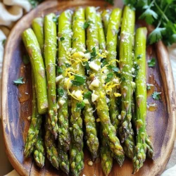 - 1 lb fresh asparagus, trimmed - 3 tablespoons olive oil - 4 cloves garlic, minced - Zest of 1 lemon - Juice of 1 lemon Fresh asparagus is the star of this dish. Look for bright green spears with firm tips. Trim off the tough ends before cooking. Olive oil adds richness and helps the flavors blend. Garlic gives a strong, aromatic punch. Zesting the lemon adds a bright note. The juice brightens the dish and balances the oil. - 1 teaspoon sea salt - 1/2 teaspoon black pepper - 1/4 teaspoon red pepper flakes (optional) - 2 tablespoons grated Parmesan cheese (optional) - Fresh parsley, chopped (for garnish) Seasoning is key to a great taste. Sea salt enhances all the flavors. Black pepper adds warmth. If you like heat, red pepper flakes give a nice kick. Grated Parmesan cheese can make your dish more savory. Lastly, fresh parsley adds a pop of color and freshness. Feel free to mix and match these ingredients to suit your taste! Preheating the oven Start by preheating your oven to 425°F (220°C). This high heat helps the asparagus get crispy and tender. Preparing the marinade In a large mixing bowl, combine three tablespoons of olive oil, four minced garlic cloves, the zest and juice of one lemon, one teaspoon of sea salt, half a teaspoon of black pepper, and a quarter teaspoon of red pepper flakes if you like spice. Mix well to create a smooth marinade. This zesty mix is key for flavor. Tossing asparagus in the marinade Take one pound of trimmed asparagus and add it to the bowl with the marinade. Toss the asparagus until every spear is well-coated. This ensures that each bite bursts with flavor. Arranging on the baking sheet Line a baking sheet with parchment paper. Lay the coated asparagus in a single layer on the sheet. Make sure the spears are not crowded. This helps them roast evenly and become crisp. Roasting time and temperature Place the baking sheet in the preheated oven. Roast the asparagus for about 15 to 18 minutes. You want them to be tender but still have a bit of crunch. Adding Parmesan cheese In the last three minutes of roasting, sprinkle two tablespoons of grated Parmesan cheese over the asparagus. This adds a creamy, salty touch that elevates the dish. When time is up, take the asparagus out of the oven and let it cool for a minute. To make the best lemon garlic roasted asparagus, start by picking fresh spears. - Choosing the right thickness: Look for asparagus that is medium-thick. Thin spears can turn mushy, while very thick ones may be tough. A good size is about the width of a pencil. - Looking for vibrant color: Fresh asparagus should be bright green. Avoid any that has yellow or brown spots. The tips should be closed and firm. You can take the flavor up a notch with a few simple additions. - Suggested herb additions: Try adding fresh herbs like thyme or rosemary. They pair great with lemon and garlic. You can also use dill for a fresh twist. - Adjusting spice levels: If you like heat, add more red pepper flakes. For a milder flavor, skip the flakes or use just a pinch. Taste as you go to find your perfect balance. How you serve your asparagus can make it even more appealing. - Pairing with main dishes: Lemon garlic roasted asparagus pairs well with grilled chicken, salmon, or pasta. It adds a fresh touch to any meal. - Presentation ideas: For a beautiful presentation, arrange the asparagus in a fan shape on a plate. Sprinkle with extra parsley or Parmesan for color. A lemon wedge on the side adds flair and freshness. {{image_2}} You can change how you cook asparagus. Grilling adds a smoky taste. First, preheat your grill. Brush the asparagus with olive oil and season as usual. Grill for about 5-7 minutes, turning until tender. Steaming is another quick option. Place asparagus in a steamer basket over boiling water. Cover and steam for about 4-6 minutes. This method keeps the bright color and crunch. You can mix up the flavors with different citrus. Try lime or orange. Both add a unique twist to your dish. Changing the cheese can also enhance taste. Feta or goat cheese can bring a creamy texture. Sprinkle them on top just before serving. For vegan diets, skip the cheese. Use nutritional yeast instead. It gives a cheesy flavor without dairy. If you need gluten-free options, this recipe is already safe. All ingredients are naturally gluten-free. Enjoy your meal without worry! To keep your lemon garlic roasted asparagus fresh, store it in the fridge. Place it in an airtight container. This helps prevent moisture loss. The asparagus will stay good for about 3 to 4 days. To reheat your asparagus, use the oven for the best results. Set it to 350°F (175°C) and heat for about 10 minutes. This method keeps the texture nice and crisp. You can also use a skillet over medium heat. Just sauté it for a few minutes until warm. If you want to freeze the asparagus, start by blanching it. Boil the spears for 2 minutes, then quickly cool them in ice water. Drain and place them in a freezer bag. Remove as much air as you can before sealing. This way, they last up to 3 months. When you're ready to use them, thaw the asparagus in the fridge overnight. You can also cook them straight from frozen. Just add a few extra minutes to your roasting time for great flavor. Look for asparagus that is bright green and firm. The tips should be closed and compact. Avoid spears that look dry or wilted. The thickness matters too; choose medium-sized spears for the best texture. Thicker spears are great for roasting, while thinner ones cook faster. Yes, you can prep the asparagus ahead. Trim the ends and store it in a container with water, like a bouquet. Keep it in the fridge for up to two days. For the marinade, mix the oil, garlic, and lemon juice in advance. Just combine everything before roasting. Lemon garlic roasted asparagus pairs well with grilled chicken or fish. It also goes great with quinoa or rice. For a fancy touch, serve it with a creamy pasta dish. You can even top your favorite salad with these tasty spears. This blog post explored how to make lemon garlic roasted asparagus. You learned about the key ingredients, like fresh asparagus and olive oil. I shared simple steps for preparing and roasting, along with helpful tips for flavor and serving. You can also try variations and storage methods to keep your dish fresh. In closing, enjoy experimenting with this tasty vegetable. It can easily fit into many meals. Always aim for fresh, quality ingredients. They make a big difference in taste and health.