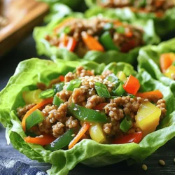 - 1 lb ground chicken - 2 tablespoons sesame oil - 2 cloves garlic, minced - 1-inch piece fresh ginger, grated - 1 bell pepper, diced (red or yellow) - 1 carrot, shredded - 1/4 cup green onions, sliced - 1/4 cup soy sauce (or tamari for gluten-free) - 2 tablespoons rice vinegar - 1 tablespoon honey or maple syrup - 1 tablespoon cornstarch (optional, for thicker sauce) - 1 head butter or romaine lettuce (for cups) - Sesame seeds for garnish Ground chicken is a lean protein. It cooks quickly and absorbs flavors well. Sesame oil adds a rich, nutty taste. It also offers heart-healthy fats. Garlic boosts the immune system and adds depth to dishes. Fresh ginger gives warmth and spice while aiding digestion. Bell peppers provide vitamins A and C. Carrots add sweetness and are high in beta-carotene. Green onions offer a mild onion flavor and fresh crunch. Soy sauce adds umami. Rice vinegar gives a tangy note. Honey or maple syrup balances the dish with sweetness. Cornstarch thickens the sauce, making it more satisfying. Lettuce cups offer a crunchy, low-carb base. For those avoiding gluten, use tamari instead of soy sauce. You can swap ground chicken for ground turkey or tofu for a vegetarian option. For a spicy kick, add sliced chili peppers or sriracha. Instead of honey, use agave syrup for a vegan-friendly sweetener. If you dislike certain veggies, feel free to mix in others like zucchini or mushrooms. Start by gathering all your ingredients. This makes cooking easier. You will need ground chicken, sesame oil, garlic, ginger, bell pepper, carrot, green onions, soy sauce, rice vinegar, honey or maple syrup, cornstarch, lettuce, and sesame seeds. Chop your vegetables first. This helps them cook evenly. First, heat sesame oil in a large skillet over medium heat. Add minced garlic and grated ginger. Sauté them for about 1 minute. You want them fragrant. Next, add the ground chicken. Break it apart with a spatula. Cook until it's browned, which takes about 5 to 7 minutes. Now, add the diced bell pepper and shredded carrot. Cook for another 3 to 4 minutes until the veggies soften. In a small bowl, mix soy sauce, rice vinegar, honey, and cornstarch if you want a thicker sauce. Pour this sauce over the chicken mixture. Stir well and let it simmer for 2 minutes. While the mix simmers, wash and separate the lettuce leaves. Aim for whole leaves that are sturdy enough to hold the filling. When done, take the skillet off the heat. Spoon the flavorful chicken mixture into the lettuce cups. To boost flavor, always use fresh garlic and ginger. They add a nice zing. Adjust the soy sauce to your taste. If you like it sweeter, add more honey. For a bit of heat, try adding a pinch of red pepper flakes. Garnish the cups with sliced green onions and sesame seeds for a nice finish. Enjoy your savory sesame ginger chicken lettuce cups! One big mistake is overcooking the chicken. Cook it just until browned and no longer pink. This keeps it juicy and tender. Another mistake is using soggy lettuce. Choose crisp leaves and wash them well, then dry them. This helps the cups hold their shape. Also, don’t skip the sesame seeds! They add a nice crunch and flavor. Prep the chicken filling ahead of time. Cook it and store it in the fridge for up to three days. When ready, just fill the lettuce cups. You can also chop the veggies in advance. Store them in an airtight container. This makes it quick and easy to whip up a meal. If you want to save time, use pre-shredded carrots. To boost the flavor, add red pepper flakes for heat. It gives the dish a nice kick. You can also try adding a splash of lime juice. This adds freshness and brightness. For a deeper flavor, let the chicken mixture sit for a few minutes before serving. This allows the flavors to meld. Enjoy experimenting with different sauces or toppings! {{image_2}} If you want a meat-free dish, use mushrooms or tofu. Both give a great texture. For mushrooms, choose shiitake or portobello for a rich taste. Crumble firm tofu to mimic ground chicken. You can still use the same sauce for flavor. You can swap chicken for other proteins. Ground turkey or pork works well here. For a seafood twist, use shrimp or crab. Just adjust the cooking time to ensure it’s safe to eat. Change the flavor by using different sauces. Try teriyaki or hoisin sauce for a sweet touch. For spice, add sriracha or chili paste. You can also mix in peanut sauce for a nutty flavor. This way, you can make the dish your own! To keep your sesame ginger chicken fresh, store it in an airtight container. Let the chicken cool down first. Place it in the fridge within two hours of cooking. It will last about 3-4 days this way. For the best taste, store the chicken filling separate from the lettuce leaves. This keeps the lettuce crisp and fresh. If you want to freeze the chicken filling, use a freezer-safe container. It’s best to freeze it within two days of cooking. The chicken will stay good for about 2-3 months in the freezer. Make sure to label the container with the date. When you're ready to eat, thaw it overnight in the fridge before reheating. When you're ready to enjoy your leftovers, reheat the chicken in a skillet over medium heat. Stir it often until it’s heated through. You can also use a microwave, but heat it in short bursts. Check and stir often to avoid hot spots. Once warmed, spoon the filling into fresh lettuce leaves right before serving. This keeps your meal fresh and delicious! If you want a tasty wrap but don’t have lettuce, use these options: - Cabbage leaves - Collard greens - Swiss chard - Rice paper These options are sturdy and add a nice crunch. To add some heat to your chicken filling, try these tips: - Add chopped fresh chili peppers. - Stir in red pepper flakes. - Use sriracha or chili garlic sauce. Start with a little, then taste. You can always add more spice! Yes, you can make the filling ahead of time. Here’s how: - Cook the chicken mixture and let it cool. - Store it in an airtight container in the fridge. - It stays fresh for up to three days. When you're ready, just reheat and spoon it into the lettuce cups! We explored key ingredients and their benefits, along with alternatives for dietary needs. Next, we walked through easy preparation, cooking steps, and tips for great flavor. I shared common mistakes to avoid and pro tips for meal prep. We also looked at tasty variations and how to store leftovers properly. Remember, practice makes perfect. You can adapt this recipe to fit your tastes. With these tips, you’ll make delicious meals that impress everyone. Now, go create something great!