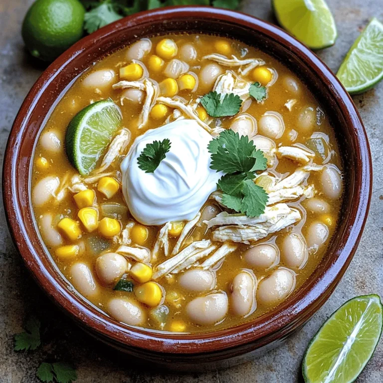 - Chicken and Beans - 2 boneless, skinless chicken breasts - 1 can (15 oz) white kidney beans, drained and rinsed - Vegetables and Aromatics - 1 can (15 oz) corn, drained - 1 medium onion, chopped - 3 cloves garlic, minced - Spices and Condiments - 2 cups chicken broth - 1 can (4 oz) diced green chiles - 1 teaspoon cumin - 1 teaspoon chili powder - ¼ teaspoon cayenne pepper (optional, for heat) - 1 cup sour cream - 1 tablespoon olive oil - Salt and pepper to taste - Fresh cilantro, chopped (for garnish) - Lime wedges (for serving) This white chicken chili is simple yet full of flavor. You will love how easy it is to prepare. The chicken and beans form a hearty base. The corn adds sweetness, while the onion and garlic give it depth. When it comes to spices, cumin and chili powder shine in this dish. You can add cayenne for some extra heat if you enjoy a kick. The sour cream makes it creamy and comforting. Each ingredient plays a role in creating a balanced meal. Use fresh cilantro and lime for a bright finish. The flavors meld beautifully as the chili cooks, making it a dish that feels special yet is easy enough for any day. First, heat one tablespoon of olive oil in a skillet on medium heat. Add one chopped onion to the pan. Sauté the onion for about five minutes until it turns soft and translucent. Next, add three minced garlic cloves and cook for one to two more minutes. This step builds flavor for your chili. In your slow cooker, place two boneless, skinless chicken breasts at the bottom. Pour in two cups of chicken broth. Then, add your sautéed onions and garlic on top. After that, add one can of drained white kidney beans, one can of drained corn, and one can of diced green chiles. Sprinkle in one teaspoon of cumin, one teaspoon of chili powder, and ¼ teaspoon of cayenne pepper if you want some heat. Season with salt and pepper to taste. Gently stir to combine all the ingredients. Cover the slow cooker and set it to cook on low for six to seven hours or on high for three to four hours. This slow cooking method allows all the flavors to meld beautifully, making your chili rich and tasty. Once the cooking time is up, take the chicken breasts out of the slow cooker. Use two forks to shred the chicken into bite-sized pieces. This makes it easier to mix back into the chili. Return the shredded chicken to the slow cooker. Stir in one cup of sour cream until it is well combined. Let it heat through for about ten minutes. This will add creaminess to your chili and make it even more delicious. Before serving, taste your chili. Adjust the seasoning if needed. You may want to add a bit more salt, pepper, or even more cayenne for extra spice. This is your chance to make it perfect for your taste. To make your chili tasty, start by sautéing the onion and garlic. This step adds a sweet and savory base. Use olive oil for a smooth flavor. Cook until the onion is soft and clear. This will enhance the overall taste. For a creamy texture, add sour cream at the end. Stir it in well after you shred the chicken. If you want it thicker, reduce the broth slightly. If you like it thinner, add more broth or water. Adjusting the consistency makes the chili just right for you. Prep your ingredients ahead of time. Chop the onion and mince the garlic the night before. You can also use rotisserie chicken to save time. Just shred it and add it during the last 10 minutes of cooking. Fresh cilantro adds color and flavor. Sprinkle it on top right before serving. Lime wedges are great too. They give a fresh zing when squeezed into the chili. Serve your chili with tortilla chips or cornbread. These sides add crunch and warmth. You can also pair it with a simple salad for balance. Use nice bowls to serve your chili. The bright colors of the beans and corn look great. Always garnish with cilantro and a lime wedge. This makes the dish more inviting and fun to eat. {{image_2}} Alternative Proteins If you want a change, try turkey or tofu. Both work well in this dish. Turkey adds a nice flavor, while tofu keeps it light. You can use cooked, shredded rotisserie chicken as a quick option, too. Bean Options You can switch white kidney beans for black beans or pinto beans. Each offers a different taste and texture. Mix and match beans for more fun. Using lentils is also a great choice for a twist! Dairy-Free Alternatives If you need a dairy-free option, replace sour cream with cashew cream or coconut yogurt. Both options add creaminess without dairy. You can also use a blend of almond milk and nutritional yeast for extra flavor. Adding Heat For more spice, add extra cayenne pepper or diced jalapeños. You can also use a hot sauce of your choice. Adjust the heat to your liking for the perfect kick. Different Seasoning Blends Experiment with different spices like smoked paprika or oregano. These can change the flavor profile. Try a taco seasoning mix for a zesty twist that adds depth. Topping Suggestions Top your chili with fresh ingredients for a burst of flavor. Chopped green onions, diced avocado, or shredded cheese work well. A squeeze of lime adds brightness, making each bite special. After enjoying your slow cooker white chicken chili, store any leftovers right away. - Refrigeration Tips Let the chili cool to room temperature. Transfer it to an airtight container. Store it in the fridge for up to four days. This helps keep it fresh and safe to eat. - Freezing Guidelines If you want to keep it longer, freeze the chili. Use a freezer-safe container or a zip-top bag. Leave some space at the top for expansion. It will last up to three months in the freezer. Remember to label the container with the date. When you’re ready to enjoy your chili again, follow these easy steps. - Best Practices for Reheating For the best taste, reheat on the stove over medium heat. Stir it often to warm it evenly. If it’s frozen, thaw it in the fridge overnight before reheating. You can also use a microwave. Heat in short bursts, stirring in between, until hot. - Maintaining Texture and Flavor To keep the chili creamy, add a splash of chicken broth or water while reheating. This will help regain its smooth texture. Taste it again, and adjust the flavor if needed. Add more salt, pepper, or a squeeze of lime for a fresh kick. Yes, you can use frozen chicken! Just add the frozen chicken breasts directly to the slow cooker. Increase the cooking time to about 8 hours on low or 4-5 hours on high. This method keeps your chicken moist and tender. White chicken chili pairs well with many sides. Consider serving it with: - Cornbread for a sweet touch - Tortilla chips for crunch - A fresh salad for brightness - Rice for a filling option Each adds flavor and texture to your meal. To add heat, try these tips: - Increase the cayenne pepper. Start with ½ teaspoon. - Add sliced jalapeños for a fresh kick. - Use spicy green chiles instead of mild ones. - Serve with hot sauce on the side. These options will bring the heat you crave! In this article, we explored the ingredients and steps to make a tasty white chicken chili. You learned how to prepare, cook, and serve the dish perfectly. I also shared some useful tips and variations to make it your own. Remember, the right ingredients and techniques can elevate your cooking. Enjoy making this dish with your loved ones! Happy cooking!
