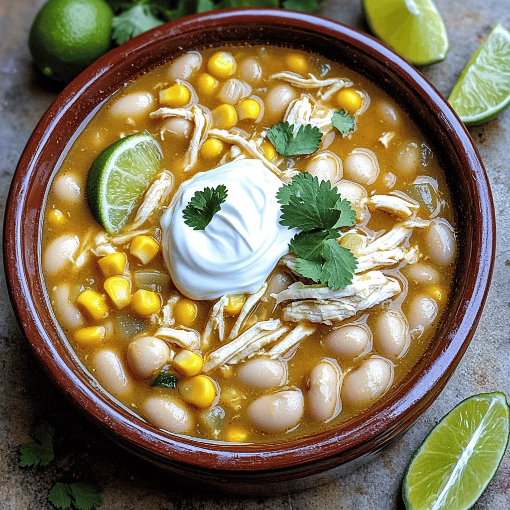 - Chicken and Beans - 2 boneless, skinless chicken breasts - 1 can (15 oz) white kidney beans, drained and rinsed - Vegetables and Aromatics - 1 can (15 oz) corn, drained - 1 medium onion, chopped - 3 cloves garlic, minced - Spices and Condiments - 2 cups chicken broth - 1 can (4 oz) diced green chiles - 1 teaspoon cumin - 1 teaspoon chili powder - ¼ teaspoon cayenne pepper (optional, for heat) - 1 cup sour cream - 1 tablespoon olive oil - Salt and pepper to taste - Fresh cilantro, chopped (for garnish) - Lime wedges (for serving) This white chicken chili is simple yet full of flavor. You will love how easy it is to prepare. The chicken and beans form a hearty base. The corn adds sweetness, while the onion and garlic give it depth. When it comes to spices, cumin and chili powder shine in this dish. You can add cayenne for some extra heat if you enjoy a kick. The sour cream makes it creamy and comforting. Each ingredient plays a role in creating a balanced meal. Use fresh cilantro and lime for a bright finish. The flavors meld beautifully as the chili cooks, making it a dish that feels special yet is easy enough for any day. First, heat one tablespoon of olive oil in a skillet on medium heat. Add one chopped onion to the pan. Sauté the onion for about five minutes until it turns soft and translucent. Next, add three minced garlic cloves and cook for one to two more minutes. This step builds flavor for your chili. In your slow cooker, place two boneless, skinless chicken breasts at the bottom. Pour in two cups of chicken broth. Then, add your sautéed onions and garlic on top. After that, add one can of drained white kidney beans, one can of drained corn, and one can of diced green chiles. Sprinkle in one teaspoon of cumin, one teaspoon of chili powder, and ¼ teaspoon of cayenne pepper if you want some heat. Season with salt and pepper to taste. Gently stir to combine all the ingredients. Cover the slow cooker and set it to cook on low for six to seven hours or on high for three to four hours. This slow cooking method allows all the flavors to meld beautifully, making your chili rich and tasty. Once the cooking time is up, take the chicken breasts out of the slow cooker. Use two forks to shred the chicken into bite-sized pieces. This makes it easier to mix back into the chili. Return the shredded chicken to the slow cooker. Stir in one cup of sour cream until it is well combined. Let it heat through for about ten minutes. This will add creaminess to your chili and make it even more delicious. Before serving, taste your chili. Adjust the seasoning if needed. You may want to add a bit more salt, pepper, or even more cayenne for extra spice. This is your chance to make it perfect for your taste. To make your chili tasty, start by sautéing the onion and garlic. This step adds a sweet and savory base. Use olive oil for a smooth flavor. Cook until the onion is soft and clear. This will enhance the overall taste. For a creamy texture, add sour cream at the end. Stir it in well after you shred the chicken. If you want it thicker, reduce the broth slightly. If you like it thinner, add more broth or water. Adjusting the consistency makes the chili just right for you. Prep your ingredients ahead of time. Chop the onion and mince the garlic the night before. You can also use rotisserie chicken to save time. Just shred it and add it during the last 10 minutes of cooking. Fresh cilantro adds color and flavor. Sprinkle it on top right before serving. Lime wedges are great too. They give a fresh zing when squeezed into the chili. Serve your chili with tortilla chips or cornbread. These sides add crunch and warmth. You can also pair it with a simple salad for balance. Use nice bowls to serve your chili. The bright colors of the beans and corn look great. Always garnish with cilantro and a lime wedge. This makes the dish more inviting and fun to eat. {{image_2}} Alternative Proteins If you want a change, try turkey or tofu. Both work well in this dish. Turkey adds a nice flavor, while tofu keeps it light. You can use cooked, shredded rotisserie chicken as a quick option, too. Bean Options You can switch white kidney beans for black beans or pinto beans. Each offers a different taste and texture. Mix and match beans for more fun. Using lentils is also a great choice for a twist! Dairy-Free Alternatives If you need a dairy-free option, replace sour cream with cashew cream or coconut yogurt. Both options add creaminess without dairy. You can also use a blend of almond milk and nutritional yeast for extra flavor. Adding Heat For more spice, add extra cayenne pepper or diced jalapeños. You can also use a hot sauce of your choice. Adjust the heat to your liking for the perfect kick. Different Seasoning Blends Experiment with different spices like smoked paprika or oregano. These can change the flavor profile. Try a taco seasoning mix for a zesty twist that adds depth. Topping Suggestions Top your chili with fresh ingredients for a burst of flavor. Chopped green onions, diced avocado, or shredded cheese work well. A squeeze of lime adds brightness, making each bite special. After enjoying your slow cooker white chicken chili, store any leftovers right away. - Refrigeration Tips Let the chili cool to room temperature. Transfer it to an airtight container. Store it in the fridge for up to four days. This helps keep it fresh and safe to eat. - Freezing Guidelines If you want to keep it longer, freeze the chili. Use a freezer-safe container or a zip-top bag. Leave some space at the top for expansion. It will last up to three months in the freezer. Remember to label the container with the date. When you’re ready to enjoy your chili again, follow these easy steps. - Best Practices for Reheating For the best taste, reheat on the stove over medium heat. Stir it often to warm it evenly. If it’s frozen, thaw it in the fridge overnight before reheating. You can also use a microwave. Heat in short bursts, stirring in between, until hot. - Maintaining Texture and Flavor To keep the chili creamy, add a splash of chicken broth or water while reheating. This will help regain its smooth texture. Taste it again, and adjust the flavor if needed. Add more salt, pepper, or a squeeze of lime for a fresh kick. Yes, you can use frozen chicken! Just add the frozen chicken breasts directly to the slow cooker. Increase the cooking time to about 8 hours on low or 4-5 hours on high. This method keeps your chicken moist and tender. White chicken chili pairs well with many sides. Consider serving it with: - Cornbread for a sweet touch - Tortilla chips for crunch - A fresh salad for brightness - Rice for a filling option Each adds flavor and texture to your meal. To add heat, try these tips: - Increase the cayenne pepper. Start with ½ teaspoon. - Add sliced jalapeños for a fresh kick. - Use spicy green chiles instead of mild ones. - Serve with hot sauce on the side. These options will bring the heat you crave! In this article, we explored the ingredients and steps to make a tasty white chicken chili. You learned how to prepare, cook, and serve the dish perfectly. I also shared some useful tips and variations to make it your own. Remember, the right ingredients and techniques can elevate your cooking. Enjoy making this dish with your loved ones! Happy cooking!