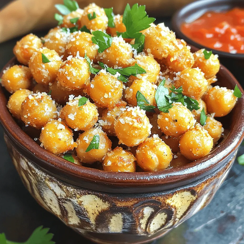- 1 can (15 oz) chickpeas, drained and rinsed - 2 tablespoons olive oil - 2 cloves garlic, minced - 1/4 cup grated Parmesan cheese - 1 teaspoon garlic powder - 1/2 teaspoon onion powder - 1/2 teaspoon smoked paprika - Salt and pepper to taste - Fresh parsley, chopped (for garnish) To make Garlic Parmesan Roasted Chickpeas, you need simple ingredients. Start with a can of chickpeas. Drain and rinse them well. This helps remove excess salt. Next, gather olive oil and fresh garlic. Mince the garlic for the best flavor. Parmesan cheese gives this snack a rich taste. You will also need garlic powder, onion powder, and smoked paprika. These spices add depth. Use salt and pepper to enhance the flavors. For a fresh touch, have some chopped parsley ready. This will make your dish pop when you serve it. These ingredients create a crunchy and tasty snack. They are perfect for parties or a quick bite. You can even use them as a topping on salads. The combination of flavors will surely impress you and your guests! - Preheat oven to 400°F (200°C) and line a baking sheet. - Rinse and dry chickpeas thoroughly. To start, heat your oven. Preheating helps the chickpeas roast evenly. Lining the baking sheet with parchment paper makes cleanup easy. Next, take the can of chickpeas. Rinse them well under cold water. Drain them and dry them completely. Use a clean towel or paper towels. This step is crucial for crispiness. - Combine chickpeas with olive oil and spices. - Toss with Parmesan cheese. Now, grab a mixing bowl. Add the dried chickpeas, olive oil, minced garlic, garlic powder, onion powder, smoked paprika, salt, and pepper. Stir well to coat each chickpea. This is where the flavor starts to build! Next, sprinkle in the grated Parmesan cheese. Toss again to ensure every chickpea gets cheesy goodness. - Spread chickpeas on baking sheet. - Roast for 25-30 minutes, shaking halfway through. Spread the seasoned chickpeas on your baking sheet. Make sure they lie in a single layer. If they are too close, they will steam instead of roast. Set the timer for 25-30 minutes. Halfway through, shake the pan. This helps them cook evenly. Keep an eye on them. You want them golden brown and crispy. Once done, let them cool a bit. Adjust the seasoning if needed. Enjoy your crunchy snack! To get the best crunch from your chickpeas, drying them is key. After rinsing, spread them on a towel. Pat them dry well. This step removes moisture that can make them soft. Next, lay them out on the baking sheet. Avoid crowding! Give each chickpea space to roast evenly. This way, they turn golden and crisp. Tasting as you go is vital. After tossing chickpeas with oil and spices, try one. If it needs more flavor, add a pinch of salt or extra garlic. You can also swap seasonings based on your taste. Want a kick? Try adding cayenne pepper. Prefer a different flavor? Use smoked paprika or lemon zest. These roasted chickpeas shine as snacks. Pair them with dips like hummus or marinara sauce. They also work well as salad toppings. Use them to add crunch to soups or grain bowls. For a fun twist, mix them into popcorn for a tasty snack combo. {{image_2}} You can spice up your roasted chickpeas for more taste. Adding cayenne pepper gives a nice kick. It makes every bite exciting! You might also try different cheese options. Nutritional yeast is a great choice for vegan diets. It adds a cheesy flavor without using dairy. If you want a quicker way, use an air fryer. Set it to 400°F and cook for about 15 minutes. Shake the basket halfway for even cooking. You can also try stovetop cooking. Use a deep skillet and cook over medium heat. Stir often until the chickpeas are crispy. Chickpeas are tasty, but other beans work too! Edamame or black beans make great substitutes. Just change the cooking time to get them crispy. Smaller beans need less time, while bigger beans may take longer. To store leftover garlic parmesan roasted chickpeas, let them cool first. Use an airtight container. This helps keep them fresh. I recommend waiting about 30 minutes before sealing them up. If they are still warm, they may get soggy inside the container. When it's time to eat them again, you can use the oven or microwave. The oven is best for keeping them crispy. Preheat it to 350°F (175°C) and bake for about 10 minutes. If you use a microwave, heat them for about 30 seconds. But be careful! They can lose their crunch in the microwave. These roasted chickpeas last about a week in the fridge. In the freezer, they can last up to three months. Look for signs of spoilage like off smells or soft texture. If they feel mushy, it’s time to toss them out. Always check for freshness before eating! Yes, you can easily make this recipe vegan. Instead of Parmesan cheese, use nutritional yeast. Nutritional yeast adds a cheesy flavor without dairy. It is also packed with vitamins. You can also skip the cheese altogether. The chickpeas will still taste great with garlic and spices. Garlic Parmesan roasted chickpeas are tasty on their own. You can also pair them with healthy snacks. Try serving them with hummus or yogurt dip. Add some fresh veggies like carrots and cucumbers. They also make a great topping for salads. Use them to add crunch and flavor to your meal. Roasted chickpeas are a healthy snack choice. They are high in protein and fiber. This helps keep you full and satisfied. Chickpeas also contain vitamins and minerals. They can support heart health and digestion. Choosing roasted chickpeas instead of chips is a smart move. Enjoy them as a crunchy treat without guilt! In this blog post, we covered how to make Garlic Parmesan Roasted Chickpeas. We discussed the main ingredients, the step-by-step instructions, and tips to ensure crispiness. I shared variations and storage info to help you get the most from this snack. Roasted chickpeas are not just tasty; they're easy to customize and healthy too. I hope you feel inspired to try them in new ways. Enjoy experimenting and adding your own twists!