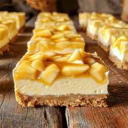 - 1 and 1/2 cups graham cracker crumbs - 1/2 cup unsalted butter, melted - 2 tablespoons sugar - 2 (8-ounce) packages cream cheese, softened - 1 cup granulated sugar - 1 teaspoon vanilla extract - 3 large eggs - 2 cups diced apples (peeled and cored, preferably Granny Smith) - 1 teaspoon cinnamon - 1/2 cup caramel sauce (store-bought or homemade) - Additional caramel sauce for drizzling (optional) To make these caramel apple cheesecake bars, you need a mix of classic and simple ingredients. The graham cracker crumbs give a crunchy base. The melted butter helps to bind the crust. Sugar adds a touch of sweetness to balance the flavors. For the filling, you use cream cheese, which gives it a rich and creamy texture. Granulated sugar sweetens the filling, while vanilla extract adds depth. Eggs help the cheesecake set perfectly. You can choose Granny Smith apples for their tartness. Dicing them adds a nice bite to each bar. Cinnamon brings warmth and complements the apples well. The caramel sauce adds sweetness and that lovely gooey texture. You can also drizzle more caramel on top for extra flavor. If you want to mix things up, try adding nuts or a dash of nutmeg for a unique twist. Prepping the crust Start by preheating your oven to 325°F (160°C). Line a 9x13 inch baking dish with parchment paper. Leave some paper over the sides to help lift the bars later. In a bowl, mix 1 and 1/2 cups of graham cracker crumbs, 1/2 cup of melted unsalted butter, and 2 tablespoons of sugar. Stir until it looks like wet sand. Press this mixture firmly into the bottom of the dish. Bake for 10 minutes, then let it cool a bit. Making the cream cheese filling In a large bowl, beat 2 packages of softened cream cheese with an electric mixer. Mix until smooth. Gradually add 1 cup of granulated sugar. Keep mixing until creamy. Add 1 teaspoon of vanilla extract. Then, add 3 large eggs one at a time. Beat well after each egg. The mixture should be smooth and well combined. Incorporating apples and caramel Peel and core 2 cups of Granny Smith apples, then dice them. Toss the apples with 1 teaspoon of cinnamon until coated. Gently fold the apple mix into the cream cheese batter. Pour this mixture over the cooled graham cracker crust. Drizzle 1/2 cup of caramel sauce on top. Use a knife to swirl the caramel into the batter for a pretty look. Temperature and time guidelines Place the dish in the oven. Bake for 40 to 45 minutes. The edges should be set, and the center may jiggle a bit. Once done, turn off the oven and crack the door open. Let the bars cool for about an hour inside. Cooling instructions After cooling, place the dish in the fridge for at least 3 hours. For the best taste, chill overnight. When ready, lift the bars out using the parchment paper. Cut them into squares. You may drizzle extra caramel sauce on top if you like. Achieving the perfect consistency To get the best texture, beat the cream cheese well. It needs to be smooth and free of lumps. Make sure your cream cheese is at room temperature. This helps it mix better. Add eggs one at a time and mix well after each. This keeps the batter creamy. Avoiding common mistakes Do not overbake the cheesecake bars. They should be set around the edges but slightly jiggly in the center. This is key for a creamy bite. Also, check your oven temperature with a thermometer. Ovens can vary, and this helps avoid uneven baking. Pairing with ice cream or toppings These bars taste great with vanilla ice cream. The cold ice cream balances the sweet caramel and creamy cheesecake. You can also add a sprinkle of cinnamon or crushed nuts for extra crunch. Presentation tips for serving Cut the bars into even squares for a neat look. Drizzle extra caramel on top before serving for a stunning finish. You can also add a slice of apple on each bar for a fresh touch. This makes them look fancy and inviting. {{image_2}} You can play with flavor by using different apples. Granny Smith apples add a tartness that balances the sweet cheesecake. Fuji apples give more sweetness, while Honeycrisp adds a nice crunch. You can also mix apple types for a unique taste. Caramel sauce also offers many choices. You can use store-bought caramel for ease. If you want a homey touch, make your own caramel sauce. A dash of sea salt in your caramel adds a nice twist. A splash of bourbon can make it richer and deeper. If you need gluten-free bars, swap the graham cracker crumbs for gluten-free options. Almond flour or crushed gluten-free cookies work well. Just make sure your caramel sauce is gluten-free too. For a vegan version, use dairy-free cream cheese. You can also replace eggs with flaxseed or applesauce. Coconut cream can add creaminess without dairy. Use maple syrup instead of sugar for a natural sweetener. To keep your caramel apple cheesecake bars fresh, store them in the fridge. Use an airtight container. This keeps them moist and tasty. You can also cover them with plastic wrap. If you want to freeze them, cut them into squares first. Wrap each square in plastic wrap. Then place them in a freezer bag. This way, they stay fresh for later. These cheesecake bars can last in the fridge for up to a week. If you freeze them, they can last for about three months. Always check for signs of spoilage before eating. Look for a change in color or any off smell. If they seem dry or crumbly, it’s best to toss them. Enjoy them fresh for the best taste! Can I use a different type of crust? Yes, you can. If you want a different flavor, try using Oreo or shortbread cookies. Just crush them and mix with melted butter. Press the mixture into the pan as you would with graham crackers. This change adds a fun twist to your bars. What if I don’t have cream cheese? If you're out of cream cheese, you can use ricotta cheese. It creates a similar creamy texture. Just blend it well to make it smooth. You can also try a dairy-free cream cheese if needed. It works well in this recipe too. Can these bars be made ahead of time? Absolutely! You can prepare these bars a day or two in advance. Just bake and chill them as directed. They taste even better after resting in the fridge. When you're ready to serve, just add caramel sauce on top for a fresh look. This blog post covered all you need for cheesecake bars. We discussed ingredients, from the perfect apples to tips for cream cheese. I've shared step-by-step instructions, baking times, and how to cool them right. We looked at fun variations, dietary swaps, and smart storage ideas. Remember, baking is both a science and an art. With the right approach, you'll make delicious treats every time. Enjoy the process and share your tasty creations!