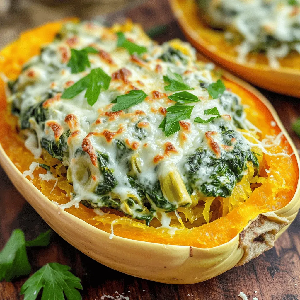 - 1 medium spaghetti squash - 2 cups fresh spinach, chopped - 1 cup canned artichoke hearts, drained and chopped - 1 cup cream cheese, softened - 1/2 cup Greek yogurt - 1 cup shredded mozzarella cheese, divided - 1/4 cup grated Parmesan cheese - 2 cloves garlic, minced - 1 teaspoon onion powder - 1/2 teaspoon salt - 1/4 teaspoon black pepper - 1/4 teaspoon red pepper flakes (optional for a kick) - Fresh parsley for garnish Using fresh ingredients makes a big difference in flavor. Fresh spinach brings brightness, while canned artichokes offer convenience. Cream cheese gives the filling its creamy texture. Greek yogurt adds tang and cuts some fat. I recommend whole milk mozzarella for the best melt. Parmesan adds a savory depth, so don’t skip it. Use fresh garlic for a stronger taste, or dried if that's all you have. You can swap cream cheese with ricotta for a lighter texture. If you need a dairy-free option, use cashew cream or a vegan cream cheese. For a lighter spin, replace Greek yogurt with a dairy-free yogurt. If you don’t have spinach, kale works too. No artichokes? Try sun-dried tomatoes instead. You can mix in other cheeses like cheddar or feta for different flavors. Start by preheating your oven to 400°F (200°C). Grab a medium spaghetti squash and slice it in half lengthwise. Use a spoon to scoop out the seeds. Drizzle the inside with olive oil. Sprinkle a little salt and pepper for flavor. Place the squash halves cut-side down on a baking sheet. Roast them in the oven for 30 to 40 minutes. You want the flesh to be tender enough to shred with a fork. While the squash roasts, you can make the filling. In a large mixing bowl, combine the softened cream cheese and Greek yogurt. Add in half a cup of shredded mozzarella cheese and the grated Parmesan. Toss in minced garlic, onion powder, salt, black pepper, and red pepper flakes for some heat. Mix everything until it’s smooth. Then, fold in the chopped spinach and artichoke hearts. This mixture should be creamy and packed with flavor. Once the squash is ready, take it out of the oven. Let it cool for a few minutes. Use a fork to scrape the flesh into spaghetti-like strands. Place these strands into a separate bowl. Now, mix the spaghetti squash with the spinach-artichoke filling. Stir to combine everything well. Spoon the filling back into each hollowed squash half. Make sure to divide the mixture evenly. Sprinkle the remaining mozzarella cheese on top of each half. Return the stuffed squash to the oven for another 15 minutes. You want the cheese to melt and bubble. Once it’s done, take it out and let it cool slightly. Garnish your dish with fresh parsley for a pop of color. Serve the stuffed squash on a rustic wooden board. Drizzle some extra olive oil over the top and sprinkle more Parmesan cheese if you like. Enjoy your healthy and hearty meal! To roast spaghetti squash, start by preheating your oven to 400°F (200°C). This high heat helps the squash cook evenly. Slice the squash in half lengthwise. Scoop out the seeds to prepare it for roasting. Drizzle some olive oil on the inside. Sprinkle salt and pepper for extra flavor. Place the squash cut-side down on a baking sheet. Roast for 30-40 minutes until the flesh is tender. A fork should easily shred the flesh into strands. If you have leftovers, store them in an airtight container. They can stay in the fridge for up to four days. To reheat, use the oven for best results. Preheat it to 350°F (175°C) and bake for about 15-20 minutes. You can also microwave the stuffed squash. Just cover it with a damp paper towel and heat for a few minutes. This will keep it moist and tasty. One common mistake is not cutting the squash properly. Always slice it lengthwise for even cooking. Another issue is overcooking it. Check for tenderness at the 30-minute mark. Adding too much seasoning can overpower the dish. Be careful with salt and spices. Lastly, avoid rushing the mixing of the filling. Ensure all ingredients blend well for a creamy texture. {{image_2}} To make this dish vegan, swap the cream cheese and Greek yogurt for cashew cream. Blend soaked cashews with lemon juice and garlic for a creamy texture. Use vegan cheese in place of mozzarella and Parmesan. This keeps the flavors rich and satisfying without dairy. This recipe is naturally gluten-free. The spaghetti squash acts as the base, making it safe for those with gluten sensitivities. Always check the labels on your cheese and yogurt to ensure they are gluten-free, as some brands may contain gluten. Feel free to get creative with your fillings. You can add cooked mushrooms for an earthy flavor or sun-dried tomatoes for a touch of sweetness. Top with fresh basil, sliced olives, or even a drizzle of balsamic reduction for extra flair. These options add layers of flavor and texture to each bite. To store your leftovers, let the stuffed spaghetti squash cool down. Then, place it in an airtight container. Make sure to cover it tightly to keep it fresh. Store it in the fridge for up to three days. When you're ready to enjoy it again, simply reheat it in the oven or microwave. You can freeze the stuffed spaghetti squash if you want to save some for later. First, let it cool completely. Then, wrap each half in plastic wrap or aluminum foil. Place the wrapped squash in a freezer-safe bag. It will stay good for about three months. When you want to eat it, thaw it in the fridge overnight before reheating. The prepared dish can last in the fridge for three days. If frozen, it can last up to three months. After that, its taste and texture may change. Always check for any signs of spoilage before eating. If it smells bad or looks off, it’s best to throw it away. Enjoy your healthy meal while it's still fresh! You can use Greek yogurt as a great substitute for cream cheese. It adds creaminess but has a lighter flavor. Another option is cottage cheese, which gives a nice texture. If you want dairy-free choices, use cashew cream or vegan cream cheese. These alternatives keep your dish rich and tasty. Yes, you can prepare this dish ahead of time. Make the filling and stuff the squash, then cover it and store it in the fridge. Just remember to bake it the next day. This saves time and makes for an easy meal. You can even roast the squash a day ahead. Just keep it in an airtight container. Check the squash after 30-40 minutes in the oven. The flesh should be soft and easily scraped with a fork. If it feels firm, leave it in the oven for a few more minutes. When done, it should look like spaghetti strands. This means it is ready for stuffing. This blog post covered the essential ingredients, instructions, and tips for preparing spaghetti squash. You learned how to choose and substitute ingredients, roast the squash perfectly, and avoid common mistakes. We also explored vegan options and storage tips. Remember to be creative with your dish! With these steps, you can enjoy a tasty meal. Happy cooking!