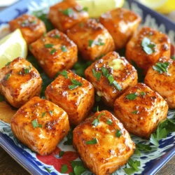 - 1 lb salmon fillet: Use skinless salmon for easy cooking. Cut it into bite-sized cubes. This ensures even cooking and great flavor. - 3 tablespoons unsalted butter: Melt the butter before mixing. It helps blend the flavors well. - 4 cloves garlic: Mince the garlic finely to release its strong flavor. - 1 teaspoon smoked paprika: This gives a nice smoky touch to the dish. - 1 teaspoon chili powder: Adds a mild kick. You can adjust the amount for more heat. - 1/2 teaspoon cayenne pepper: This brings the spice! You can add less if you prefer it milder. - Salt and pepper: Use these to taste. They enhance all the flavors. - 1 tablespoon fresh lemon juice: This brightens the dish and adds zest. - Chopped fresh parsley: Sprinkle this on top for a burst of color and freshness. It makes the dish look beautiful. - Lemon wedges: Serve these on the side. They add a zesty touch when squeezed over the salmon bites. To start, mix the melted butter, minced garlic, smoked paprika, chili powder, cayenne pepper, salt, pepper, and lemon juice in a small bowl. Stir well until everything combines smoothly. This spicy garlic butter sauce is the magic that flavors our salmon bites. Next, take the salmon cubes and place them in a large bowl. Pour the spicy garlic butter sauce over the top. Gently toss the salmon to ensure each piece is well coated. This step is crucial for even flavor. Now, preheat your air fryer to 400°F (200°C) for about 5 minutes. Preheating helps the salmon cook evenly and develop a nice crust. Once preheated, arrange the salmon bites in a single layer in the air fryer basket. Make sure they do not overlap. This allows hot air to circulate around each piece, ensuring they cook perfectly. Air fry the salmon bites for 8 to 10 minutes. At the 5-minute mark, check the salmon to see how it's cooking. You're looking for a golden brown exterior and a cooked-through center. To check for doneness, the salmon should flake easily with a fork. It should look opaque and not translucent. Enjoy the delicious aroma filling your kitchen as you wait for these bites to finish cooking! To get a golden brown crust on your salmon bites, follow these tips: - Pat the salmon dry: Use paper towels to remove moisture. This helps the coating crisp up nicely. - Use a single layer: Place the salmon in a single layer in the air fryer. This allows hot air to flow around each piece. - Don’t overcrowd: If you stack the bites, they won’t cook evenly. Give each piece room to breathe. To avoid overcooking, monitor the time closely. Start checking at 5 minutes. The salmon should be opaque and flake easily with a fork. Adjust the spice level to fit your taste. If you like it spicier, add more cayenne pepper. For a milder flavor, reduce the chili powder. Pair your salmon bites with fresh sides. A crisp salad or garlic rice works great. You can also serve it with a tangy dipping sauce like tzatziki or a simple lemon aioli. These pairings enhance the meal and make it even more delicious. {{image_2}} You can change the flavor of your salmon bites easily. Try different spices for new tastes. Here are some options: - Cumin: Adds a warm, earthy flavor. - Ginger: Gives a spicy and fresh kick. - Lemon pepper: Brightens the dish with zest. Citrus can also change the taste. Instead of lemon, use lime or orange juice. Each adds a unique twist. Experimenting with different seasonings keeps your dish exciting. If you want a different fish, try these options: - Trout: Similar texture and flavor profile. - Cod: Mild flavor that absorbs spices well. You can also use non-fish proteins: - Chicken: Cut into bite-sized pieces and marinate. - Tofu: Firm tofu works great when marinated. These substitutions can make the dish work for various diets. Just adjust cooking times according to the protein you choose. Enjoy the versatility of this recipe! After enjoying your Air Fryer Spicy Garlic Butter Salmon Bites, let them cool first. This step prevents excess moisture when you store them. Use a shallow container or a plate covered with plastic wrap for easy storage. Avoid using a deep bowl, as it can trap steam and make the salmon soggy. If you have a lot of leftovers, consider dividing them into smaller portions. This helps with quick meals later. To reheat salmon bites, use your air fryer again. Preheat it to 350°F (175°C). Place the bites in a single layer for even heating. Heat them for about 3-5 minutes. This method keeps the bites crispy and flavorful. Avoid using the microwave, as it may make the salmon rubbery. Check for warmth before serving. If you want, add a squeeze of fresh lemon juice for extra flavor. You can tell the salmon is cooked by looking for a few signs. The fish should be opaque and easily flake with a fork. The color changes from bright pink to a lighter shade. For the best results, check the internal temperature. It should reach 145°F (63°C) to ensure it is safe to eat. Use a food thermometer to check. Yes, you can prepare this dish ahead of time. To do this, mix the marinade and coat the salmon cubes. Then, cover them and place them in the fridge. Marinate for at least 30 minutes, or up to 2 hours for more flavor. Just remember to cook the salmon bites right before serving for the best taste. This recipe is great for meal prep. You can portion the salmon bites into containers for easy meals. Pair them with sides like rice, quinoa, or steamed veggies. These sides complement the salmon well and make for a balanced meal. Store everything together or separately, as you prefer. This blog post explored how to make delicious air-fried salmon bites. We covered main ingredients like salmon, butter, and seasonings. You learned about preparing garlic butter sauce and how to air fry the salmon correctly. Perfect texture comes from the right cooking times and techniques. We also shared tips for storage and reheating your leftovers. With these steps and ideas, you can make this dish your own. Enjoy cooking and savoring every bite!