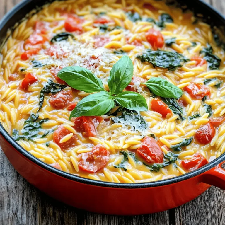 To make One Pot Creamy Tomato Spinach Orzo, you need the following: - 1 cup orzo pasta - 2 tablespoons olive oil - 1 small onion, diced - 3 cloves garlic, minced - 1 can (14 oz) diced tomatoes, with juices - 4 cups vegetable broth - 2 cups fresh spinach, chopped - 1 teaspoon dried oregano - ½ teaspoon red pepper flakes (optional) - 1 cup heavy cream or coconut cream for a vegan option - Salt and pepper to taste - Fresh basil leaves for garnish - Grated Parmesan cheese or nutritional yeast for a vegan option You can easily swap some ingredients based on what you have. Here are a few ideas: - Use any small pasta if you don’t have orzo. - Swap olive oil with avocado oil or butter. - Instead of fresh spinach, use frozen spinach; just thaw and drain it first. - Try coconut milk instead of heavy cream for a dairy-free option. - If you want a cheesy flavor without dairy, use nutritional yeast. Understanding the nutrition of key ingredients helps you make better choices. Here’s a quick overview: - Orzo pasta: A good source of carbohydrates, which provide energy. It also has some protein. - Olive oil: Contains healthy fats that are good for your heart. - Spinach: Packed with vitamins A, C, and K, plus iron and calcium. - Heavy cream: Adds richness but is high in calories and fat. - Diced tomatoes: High in vitamins C and K, and they add flavor and moisture. This dish balances carbs, fats, and proteins, making it a hearty meal. Start by gathering all your ingredients. You will need: - 1 cup orzo pasta - 2 tablespoons olive oil - 1 small onion, diced - 3 cloves garlic, minced - 1 can (14 oz) diced tomatoes, with juices - 4 cups vegetable broth - 2 cups fresh spinach, chopped - 1 teaspoon dried oregano - ½ teaspoon red pepper flakes (optional) - 1 cup heavy cream or coconut cream for a vegan option - Salt and pepper to taste - Fresh basil leaves for garnish - Grated Parmesan cheese (or nutritional yeast for vegan option), for serving Make sure to wash and chop the spinach. Dice your onion and mince the garlic. This helps save time while cooking. Begin by heating olive oil in a large pot over medium heat. Once hot, add the diced onion. Sauté it for 3-4 minutes until it turns soft and clear. Next, stir in the minced garlic. Cook for about one minute. You want to smell its rich aroma. Now, add the diced tomatoes and their juices. Pour in the vegetable broth, dried oregano, and red pepper flakes if you like a bit of heat. Bring this mixture to a boil. Once it boils, add the orzo pasta. Reduce the heat to a simmer. Cook for 10-12 minutes until the orzo is tender and most of the liquid is gone. Stir occasionally. This helps cook the pasta evenly. After the orzo is cooked, stir in the chopped spinach and heavy cream. Cook for another 2-3 minutes until the spinach wilts and the sauce is creamy. Season with salt and pepper to fit your taste. Remove the pot from heat. Let it sit for a few minutes to cool down slightly. This gives the flavors time to meld. When you’re ready to serve, dish out the creamy orzo into bowls. Garnish each bowl with fresh basil leaves and sprinkle with grated Parmesan cheese or nutritional yeast if you're going vegan. Enjoy your warm, comforting One Pot Creamy Tomato Spinach Orzo! To keep your dish creamy, use heavy cream or coconut cream. Stir it in at the end. This step adds smoothness. If you want a lighter option, use half-and-half. This choice still gives great flavor without being too heavy. For extra creaminess, you can add a bit of cream cheese. Mix it well into the orzo for a rich taste. Cook orzo in broth for added flavor. Always check the package for cooking time. I usually stir it halfway through to prevent sticking. This step helps each piece cook evenly. Taste the orzo a minute before the time is up. You want it al dente, or firm to the bite. If it absorbs too much liquid, add a splash of broth or water. If your orzo turns mushy, you may have overcooked it. Next time, reduce the heat sooner. If it's too thick, add more broth or cream. Stir it in slowly until you reach the desired texture. For a bland taste, season with salt and pepper. Fresh herbs can also brighten the dish. If you have leftovers that are too dry, just add a splash of water when reheating. {{image_2}} You can easily make this dish vegan. Just swap the heavy cream for coconut cream. It gives a nice, rich flavor. Use nutritional yeast instead of Parmesan cheese for a cheesy taste. This keeps your meal creamy and plant-based. Want to add some protein? You can mix in cooked chickpeas or lentils. They blend well with the orzo and add texture. If you prefer meat, grilled chicken or shrimp works great too. Just add them in when you stir in the spinach. To boost the flavor, try adding fresh herbs. Chopped parsley or thyme can brighten the dish. A squeeze of lemon juice adds a nice zing. If you like heat, more red pepper flakes give extra spice. For a richer taste, consider adding a splash of balsamic vinegar. These small changes can create a new twist on this creamy recipe. To store your One Pot Creamy Tomato Spinach Orzo, let it cool first. Once cool, place it in an airtight container. This will keep the dish fresh for up to three days. I recommend dividing it into smaller portions. This makes it easy to grab when you want a quick meal. When you are ready to enjoy your leftovers, reheat them on the stove. Add a splash of water or broth to keep it creamy. Stir frequently over low heat. This helps avoid burning and keeps the orzo moist. You can also use the microwave. Just cover the dish and heat in short bursts, stirring in between. If you want to freeze the orzo, make sure it is completely cool. Transfer it to a freezer-safe container. This dish can last up to three months in the freezer. When you are ready to eat it, thaw it overnight in the fridge. Reheat it gently, adding a bit of liquid to restore its creaminess. Yes, you can make this dish ahead of time. Just cook it as the recipe states. Once it cools, store it in an airtight container. Place it in the fridge for up to three days. When you're ready to eat, just reheat it on the stove or in the microwave. The flavors will blend even more, making it taste great. If you need a substitute for orzo, you have options. You can use other small pasta shapes like ditalini or acini di pepe. Quinoa or rice also works well, but adjust the liquid amount. If you choose quinoa, remember it cooks faster than orzo. This way, your dish stays tasty and creamy. One Pot Creamy Tomato Spinach Orzo lasts in the fridge for about three days. Make sure to keep it in an airtight container. Look for any signs of spoilage before serving. For best taste, eat it within those three days. If you want to keep it longer, consider freezing it. One Pot Creamy Tomato Spinach Orzo is simple and tasty. We covered the key ingredients, easy steps, and helpful tips. You learned how to make it creamy and trouble-free. We also shared fun variations and storage tips to help you enjoy leftovers. This dish is perfect for busy days. It is quick to make and packed with flavor. Try your own touches to make it unique. Enjoy every bite!