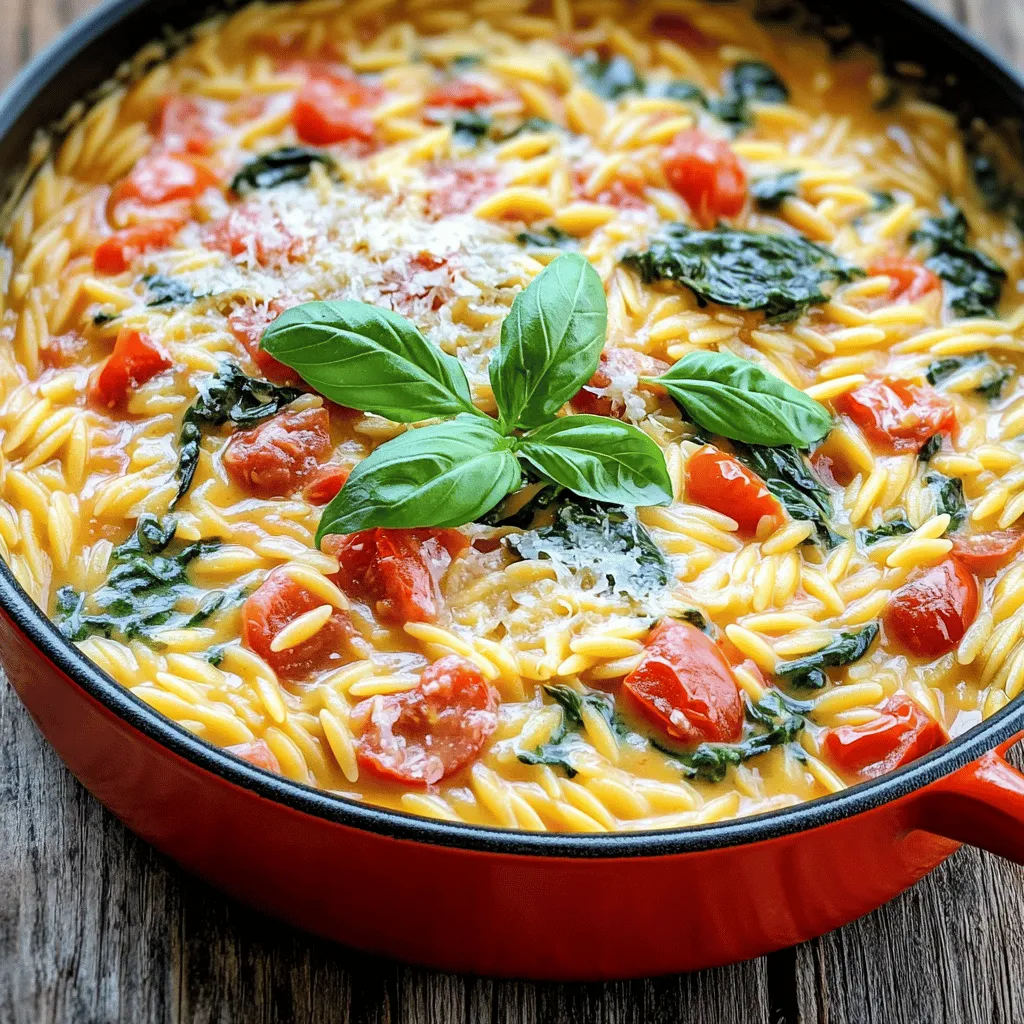 To make One Pot Creamy Tomato Spinach Orzo, you need the following: - 1 cup orzo pasta - 2 tablespoons olive oil - 1 small onion, diced - 3 cloves garlic, minced - 1 can (14 oz) diced tomatoes, with juices - 4 cups vegetable broth - 2 cups fresh spinach, chopped - 1 teaspoon dried oregano - ½ teaspoon red pepper flakes (optional) - 1 cup heavy cream or coconut cream for a vegan option - Salt and pepper to taste - Fresh basil leaves for garnish - Grated Parmesan cheese or nutritional yeast for a vegan option You can easily swap some ingredients based on what you have. Here are a few ideas: - Use any small pasta if you don’t have orzo. - Swap olive oil with avocado oil or butter. - Instead of fresh spinach, use frozen spinach; just thaw and drain it first. - Try coconut milk instead of heavy cream for a dairy-free option. - If you want a cheesy flavor without dairy, use nutritional yeast. Understanding the nutrition of key ingredients helps you make better choices. Here’s a quick overview: - Orzo pasta: A good source of carbohydrates, which provide energy. It also has some protein. - Olive oil: Contains healthy fats that are good for your heart. - Spinach: Packed with vitamins A, C, and K, plus iron and calcium. - Heavy cream: Adds richness but is high in calories and fat. - Diced tomatoes: High in vitamins C and K, and they add flavor and moisture. This dish balances carbs, fats, and proteins, making it a hearty meal. Start by gathering all your ingredients. You will need: - 1 cup orzo pasta - 2 tablespoons olive oil - 1 small onion, diced - 3 cloves garlic, minced - 1 can (14 oz) diced tomatoes, with juices - 4 cups vegetable broth - 2 cups fresh spinach, chopped - 1 teaspoon dried oregano - ½ teaspoon red pepper flakes (optional) - 1 cup heavy cream or coconut cream for a vegan option - Salt and pepper to taste - Fresh basil leaves for garnish - Grated Parmesan cheese (or nutritional yeast for vegan option), for serving Make sure to wash and chop the spinach. Dice your onion and mince the garlic. This helps save time while cooking. Begin by heating olive oil in a large pot over medium heat. Once hot, add the diced onion. Sauté it for 3-4 minutes until it turns soft and clear. Next, stir in the minced garlic. Cook for about one minute. You want to smell its rich aroma. Now, add the diced tomatoes and their juices. Pour in the vegetable broth, dried oregano, and red pepper flakes if you like a bit of heat. Bring this mixture to a boil. Once it boils, add the orzo pasta. Reduce the heat to a simmer. Cook for 10-12 minutes until the orzo is tender and most of the liquid is gone. Stir occasionally. This helps cook the pasta evenly. After the orzo is cooked, stir in the chopped spinach and heavy cream. Cook for another 2-3 minutes until the spinach wilts and the sauce is creamy. Season with salt and pepper to fit your taste. Remove the pot from heat. Let it sit for a few minutes to cool down slightly. This gives the flavors time to meld. When you’re ready to serve, dish out the creamy orzo into bowls. Garnish each bowl with fresh basil leaves and sprinkle with grated Parmesan cheese or nutritional yeast if you're going vegan. Enjoy your warm, comforting One Pot Creamy Tomato Spinach Orzo! To keep your dish creamy, use heavy cream or coconut cream. Stir it in at the end. This step adds smoothness. If you want a lighter option, use half-and-half. This choice still gives great flavor without being too heavy. For extra creaminess, you can add a bit of cream cheese. Mix it well into the orzo for a rich taste. Cook orzo in broth for added flavor. Always check the package for cooking time. I usually stir it halfway through to prevent sticking. This step helps each piece cook evenly. Taste the orzo a minute before the time is up. You want it al dente, or firm to the bite. If it absorbs too much liquid, add a splash of broth or water. If your orzo turns mushy, you may have overcooked it. Next time, reduce the heat sooner. If it's too thick, add more broth or cream. Stir it in slowly until you reach the desired texture. For a bland taste, season with salt and pepper. Fresh herbs can also brighten the dish. If you have leftovers that are too dry, just add a splash of water when reheating. {{image_2}} You can easily make this dish vegan. Just swap the heavy cream for coconut cream. It gives a nice, rich flavor. Use nutritional yeast instead of Parmesan cheese for a cheesy taste. This keeps your meal creamy and plant-based. Want to add some protein? You can mix in cooked chickpeas or lentils. They blend well with the orzo and add texture. If you prefer meat, grilled chicken or shrimp works great too. Just add them in when you stir in the spinach. To boost the flavor, try adding fresh herbs. Chopped parsley or thyme can brighten the dish. A squeeze of lemon juice adds a nice zing. If you like heat, more red pepper flakes give extra spice. For a richer taste, consider adding a splash of balsamic vinegar. These small changes can create a new twist on this creamy recipe. To store your One Pot Creamy Tomato Spinach Orzo, let it cool first. Once cool, place it in an airtight container. This will keep the dish fresh for up to three days. I recommend dividing it into smaller portions. This makes it easy to grab when you want a quick meal. When you are ready to enjoy your leftovers, reheat them on the stove. Add a splash of water or broth to keep it creamy. Stir frequently over low heat. This helps avoid burning and keeps the orzo moist. You can also use the microwave. Just cover the dish and heat in short bursts, stirring in between. If you want to freeze the orzo, make sure it is completely cool. Transfer it to a freezer-safe container. This dish can last up to three months in the freezer. When you are ready to eat it, thaw it overnight in the fridge. Reheat it gently, adding a bit of liquid to restore its creaminess. Yes, you can make this dish ahead of time. Just cook it as the recipe states. Once it cools, store it in an airtight container. Place it in the fridge for up to three days. When you're ready to eat, just reheat it on the stove or in the microwave. The flavors will blend even more, making it taste great. If you need a substitute for orzo, you have options. You can use other small pasta shapes like ditalini or acini di pepe. Quinoa or rice also works well, but adjust the liquid amount. If you choose quinoa, remember it cooks faster than orzo. This way, your dish stays tasty and creamy. One Pot Creamy Tomato Spinach Orzo lasts in the fridge for about three days. Make sure to keep it in an airtight container. Look for any signs of spoilage before serving. For best taste, eat it within those three days. If you want to keep it longer, consider freezing it. One Pot Creamy Tomato Spinach Orzo is simple and tasty. We covered the key ingredients, easy steps, and helpful tips. You learned how to make it creamy and trouble-free. We also shared fun variations and storage tips to help you enjoy leftovers. This dish is perfect for busy days. It is quick to make and packed with flavor. Try your own touches to make it unique. Enjoy every bite!