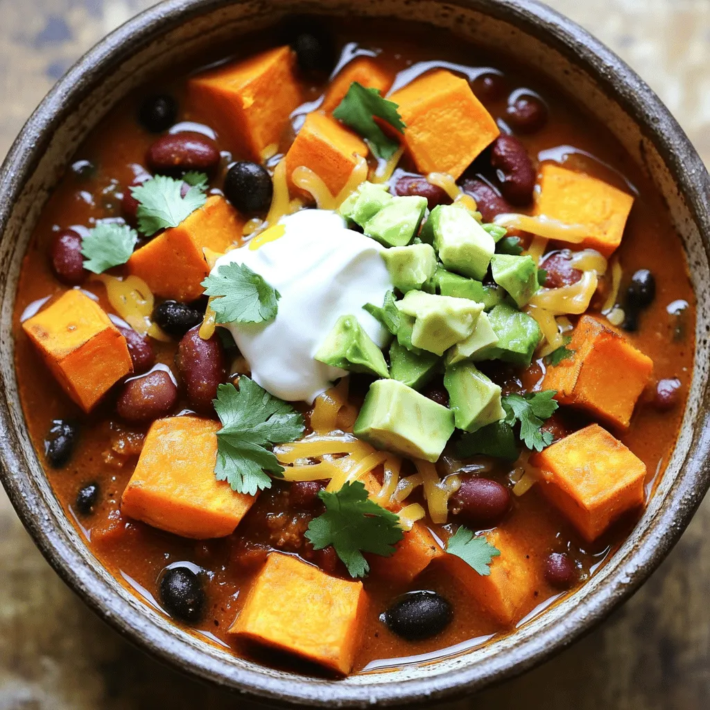 To make cozy loaded sweet potato chili, gather these key ingredients: - 2 large sweet potatoes, peeled and diced - 1 can (15 oz) black beans, drained and rinsed - 1 can (15 oz) kidney beans, drained and rinsed - 1 can (15 oz) diced tomatoes with green chilies - 1 large onion, diced - 3 cloves garlic, minced - 1 bell pepper (any color), chopped - 2 cups vegetable broth - 2 tablespoons chili powder - 1 tablespoon cumin - 1 teaspoon smoked paprika - Salt and pepper to taste - Olive oil for sautéing These ingredients create a rich and hearty dish that warms you up. To make your chili even better, add some fun toppings: - Diced avocado - Fresh cilantro - Shredded cheese - A dollop of sour cream These toppings add flavor and texture. They also make your chili look great. If you have dietary needs, you can swap some ingredients: - Use white beans or lentils instead of black or kidney beans. - Swap vegetable broth with chicken broth for more flavor. - Try using sweet corn for a touch of sweetness. These substitutions allow you to enjoy the chili while meeting your needs. To make this chili, start with the sweet potatoes. Peel and dice them into small cubes. This helps them cook evenly. Next, dice the large onion and chop the bell pepper. Mince the garlic cloves. Set these veggies aside. This prep takes about 10 minutes. In a large pot, heat 2 tablespoons of olive oil over medium heat. Add the diced onion and bell pepper. Sauté for about 5 minutes until they soften. Stir in the minced garlic and cook for 1 more minute. You want it to smell nice! Now, add the diced sweet potatoes, chili powder, cumin, smoked paprika, salt, and pepper. Stir well to coat the sweet potatoes with the spices. Pour in the diced tomatoes with their juice and vegetable broth. Mix everything together. Bring the chili to a boil. Then, reduce the heat to low. Cover the pot and let it simmer for 25 to 30 minutes. You want the sweet potatoes to be tender. After that, stir in the black beans and kidney beans. Let the chili simmer for another 5 to 10 minutes. This helps all the flavors blend. Taste the chili and adjust the seasoning if needed. Serve the chili in warm bowls. Top it with diced avocado, fresh cilantro, and shredded cheese. You can also add a dollop of sour cream for extra creaminess. Enjoy your cozy meal! To get the best texture in your chili, focus on the sweet potatoes. Cut them into even cubes. This helps them cook at the same rate. When you sauté the onions and peppers, let them soften first. This builds a nice base for flavor. After adding the spices, stir well. This coats the sweet potatoes and enhances taste. Simmer the chili gently. This lets all the flavors blend together. When choosing sweet potatoes, look for firm ones with smooth skin. Avoid any with soft spots or blemishes. You can use orange or purple sweet potatoes for a twist. For spices, fresh is best. Use whole spices if possible. Grind them yourself for a more vibrant flavor. For the beans, canned is quick and easy. Rinse them well to remove excess salt. You can prep the sweet potatoes and chop the veggies ahead of time. Store them in the fridge for up to two days. This saves time on busy days. You can also make the chili a day in advance. Let it cool, then store it in an airtight container. Reheat it gently on the stove when you are ready to serve. This helps flavors deepen. {{image_2}} To make this chili fully plant-based, swap the toppings. Use avocado and cilantro instead of cheese and sour cream. The base is already vegan-friendly. The beans and sweet potatoes give great flavor and texture. If you want more plant goodness, add corn or mushrooms for extra taste. Not everyone likes heat. To make it milder, skip the chili powder or use less. You can also add a bit of sugar to balance flavors. For those who love spice, add more chili powder or diced jalapeños. You can always add hot sauce at the end for a kick. Feel free to mix up the beans. If you prefer pinto or navy beans, go for it! You can also change up the veggies. Carrots, zucchini, or even spinach would work well. The key is to keep it colorful and nutritious. Use what you have on hand for a fun twist. To keep your cozy loaded sweet potato chili fresh, store it in an airtight container. Place it in the fridge if you plan to eat it within a few days. For longer storage, freeze it. Make sure to let the chili cool completely before freezing. Use freezer-safe containers or bags to prevent freezer burn. Label your containers with the date, so you know when to use them. When you're ready to enjoy your chili again, reheat it gently. You can use the stove or microwave. If using the stove, pour the chili into a pot and heat over low to medium heat. Stir often to avoid sticking. For the microwave, place the chili in a microwave-safe bowl and cover it loosely. Heat in short bursts, stirring in between, until it's hot. This way, you keep the flavors fresh. When stored correctly, your chili can last up to five days in the fridge. If you freeze it, the chili can last up to three months. However, for the best taste, try to eat it within a month. Over time, the flavors can fade, but it will still be safe to eat. Always check for any signs of spoilage before enjoying your leftovers. Yes, you can use canned sweet potatoes. They save time and effort. Just drain and rinse them. Use about 2 cups of canned sweet potatoes. Keep in mind that they are softer. This may change the texture of your chili a bit. To thicken your chili, try these tips: - Let it simmer longer. This helps reduce the liquid. - Mash some of the sweet potatoes. This adds body to the chili. - Stir in a tablespoon of cornstarch mixed with water. This thickens quickly. - Add a handful of cornmeal. This gives a nice texture, too. Here are some great sides: - Cornbread: It pairs well and soaks up the chili. - Rice: A nice base to enjoy the chili on top. - Salad: A fresh side adds crunch and balance. - Tortilla chips: Perfect for dipping and adds crunch. This blog post covered how to make a delicious loaded sweet potato chili. We explored key ingredients like sweet potatoes and beans, suggested tasty toppings, and shared substitutions for different diets. I provided step-by-step instructions for prep and cooking, along with tips for the perfect texture and flavor. Finally, we discussed storage options and answered common questions. With these insights, you can now create a satisfying dish that’s flexible and full of flavor. Enjoy making your chili just the way you like it!